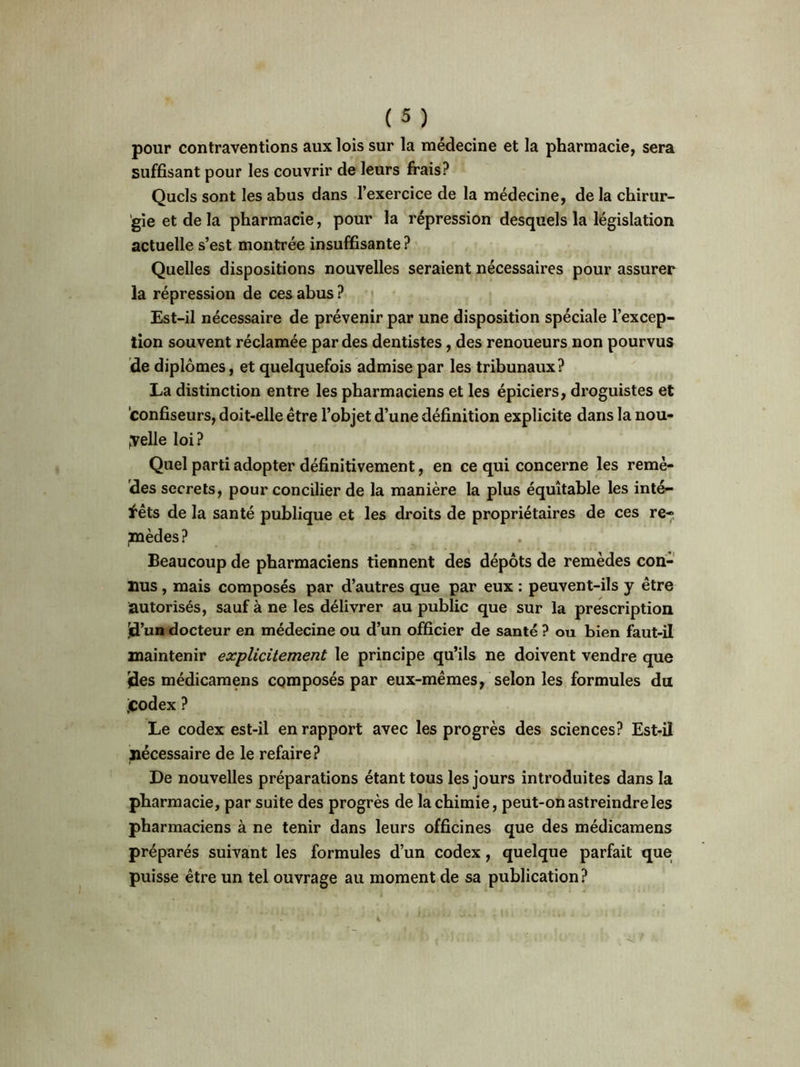 pour contraventions aux lois sur la médecine et la pharmacie, sera suffisant pour les couvrir de leurs frais? Quels sont les abus dans l’exercice de la médecine, de la chirur- gie et de la pharmacie, pour la répression desquels la législation actuelle s’est montrée insuffisante ? Quelles dispositions nouvelles seraient nécessaires pour assurer la répression de ces abus ? Est-il nécessaire de prévenir par une disposition spéciale l’excep- tion souvent réclamée par des dentistes, des renoueurs non pourvus de diplômes, et quelquefois admise par les tribunaux? La distinction entre les pharmaciens et les épiciers, droguistes et confiseurs, doit-elle être l’objet d’une définition explicite dans la nou- velle loi? Quel parti adopter définitivement, en ce qui concerne les remè- des secrets, pour concilier de la manière la plus équitable les inté- rêts de la santé publique et les droits de propriétaires de ces re-> ;mèdes? Beaucoup de pharmaciens tiennent des dépôts de remèdes con- nus , mais composés par d’autres que par eux : peuvent-ils y être autorisés, sauf à ne les délivrer au public que sur la prescription id’un docteur en médecine ou d’un officier de santé ? ou bien faut-il maintenir explicitement le principe qu’ils ne doivent vendre que des médicamens composés par eux-mêmes, selon les formules du jcodex ? Le codex est-il en rapport avec les progrès des sciences? Est-il nécessaire de le refaire? De nouvelles préparations étant tous les jours introduites dans la pharmacie, par suite des progrès de la chimie, peut-on astreindre les pharmaciens à ne tenir dans leurs officines que des médicamens préparés suivant les formules d’un codex, quelque parfait que; puisse être un tel ouvrage au moment de sa publication?