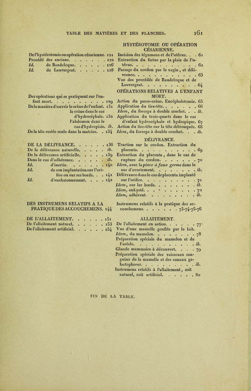 De l’hyslérotomie ou opération césarienne. 121 Procédé des anciens 122 Id. de Baudeloque 126 Id. de Lauvergeat 128 Des opérations qui se pratiquent sur l’en- fant mort. 129 De la manière d’ouvrir le crâne de l’enfant. 131 le crâne dans le cas d’hydrocéphale. i32 l’abdomen dans le cas d’hydropisie. ib. De la tête restée seule dans la matrice. . i34 DE LA DÉLIVRANCE i36 De la délivrance naturelle ib. De la délivrance artificielle i3g Dans le cas d’adhérence ib. Id. d’inertie i/f° Id. de son implantation sur l’ori- fice ou sur ses bords. . . i4* Id. d’enchalonnement. . . . 142 DES INSTRUMENS RELATIFS A LA PRATIQUE DES ACCOUCHEMENS. 14 4 DE L’ALLAITEMENT i5i De l’allaitement naturel i53 De l’allaitement artificiel i54 HYSTÉROTOMIE OU OPÉRATION CÉSARIENNE. Incision des tégumens et de l’utérus. . .61 Extraction du fœtus par la plaie de l’u- térus 62 Passage du cordon par le vagin , et déli- vrance 63 Vue des procédés de Baudeloque et de Lauvergeat 64 OPÉRATIONS RELATIVES A L’ENFANT MORT. Action du perce-crâne. Encéphalotomie. 65 Application du tire-tête. ...... 66 Idem, du forceps à double crochet. . . ib. Application du trois-quarts dans le cas d’enfant hydrocéphale et hydropique. 69 Action du tire-tête sur la tète détronquée. 68 Idem, du forceps à double crochet. . . ib. DÉLIVRANCE. Traction sur le cordon. Extraction du placenta 69 Extraction du placenta , dans le cas de rupture du cordon 70 Idem, avec \a. pince à faux germe dans le cas d’avortement ib. Délivrance dans le cas de placenta implanté sur l’orifice 71 Idem, sur les bords ib. Idem, enkysté. . . • 72 Idem, adhérent ib. Instrumens relatifs à la pratique des ac- couchemens 73-74-75-76 ALLAITEMENT. De l’allaitement en action 77- Vue d’une mamelle gonflée par le lait. Idem, du mamelon 78 Préparation spéciale du mamelon et de l’aréole ib. Glande mammaire à découvert. ... 79 Préparation spéciale des vaisseaux san- guins de la mamelle et des canaux ga- lactophores ib. Instrumens relatifs à l’allaitement, soit naturel, soit artificiel 80 FIN DE LA TABLE.