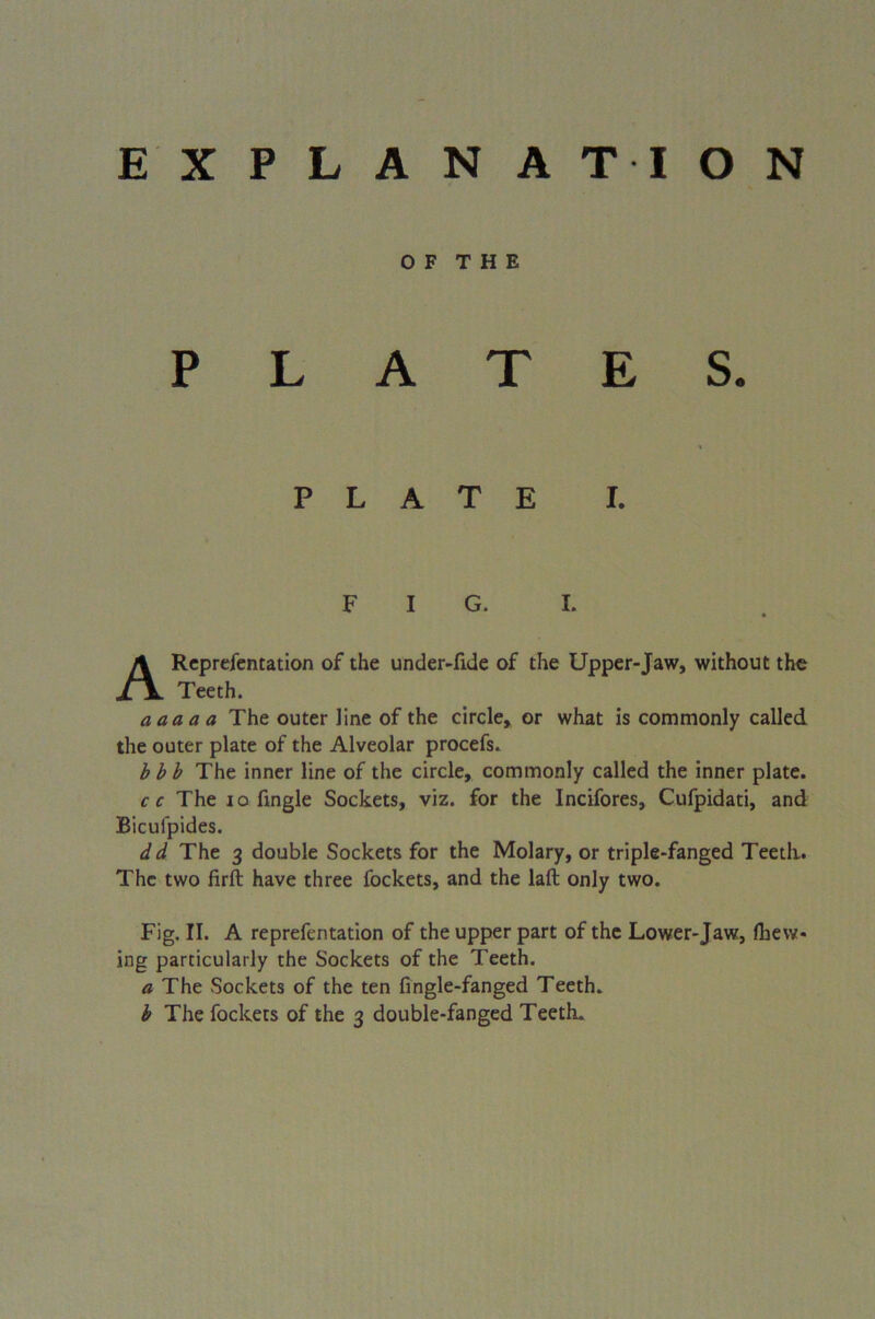 O F T H E PLATES. PLATE I. F I G. I. Representation of the under-fide of the Upper-Jaw, without the aaaaa The outer line of the circle, or what is commonly called the outer plate of the Alveolar procefs. bbb The inner line of the circle, commonly called the inner plate. cc The io Single Sockets, viz. for the Incifores, Cufpidati, and Bicufpides. dd The 3 double Sockets for the Molary, or triple-fanged Teeth.. The two firft have three fockets, and the laft only two. Fig. II. A representation of the upper part of the Lower-Jaw, (hew- ing particularly the Sockets of the Teeth. a The Sockets of the ten fingle-fanged Teeth. b The fockets of the 3 double-fanged Teeth.