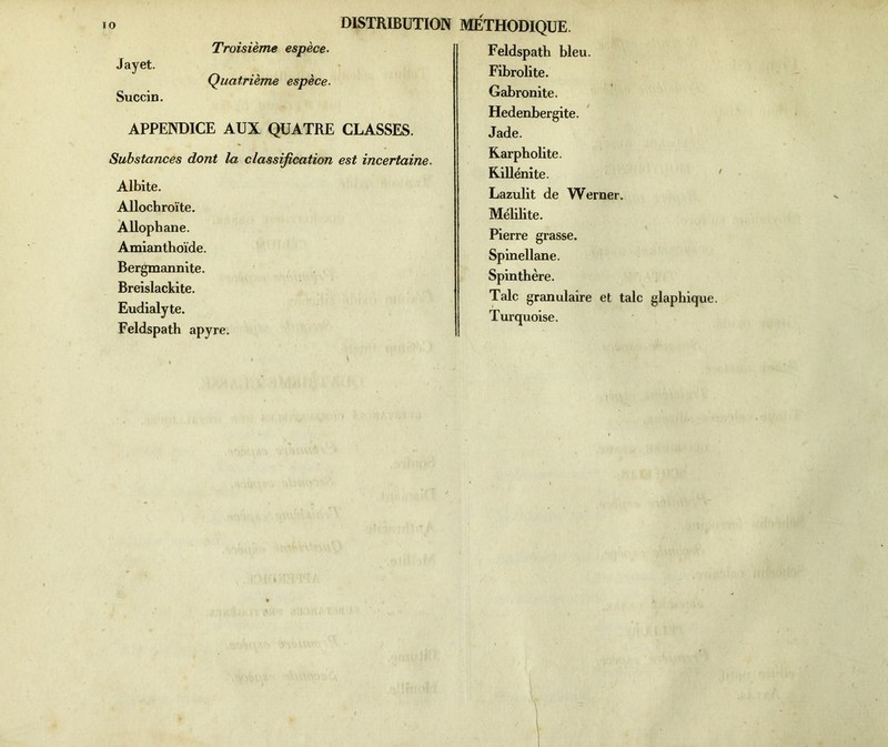 Jayet. Succin. Troisième espèce. Quatrième espèce. APPENDICE AUX QUATRE CLASSES. Substances dont la classification est incertaine. Albite. Allochroïte. Allophane. Amianthoïde. Bergmannite. Breislackite. Eudialyte. Feldspath apyre. Feldspath bleu. Fibrolite. Gabronite. Hedenbergite. Jade. Karpholite. Killénite. Lazulit de Werner. Mélilite. Pierre grasse. Spinellane. Spinthère. Talc granulaire et talc glaphique. Turquoise.