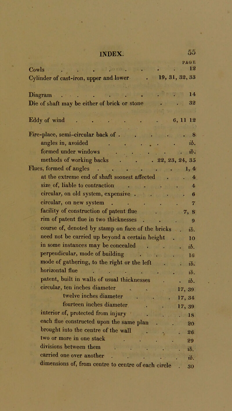 Cowls . Cylinder of cast-iron, upper and lower PAGE 12 19, 31, 32,33 Diagram . • Die of shaft may be either of brick or stone Eddy of wind ...... Fire-place, semi-circular back of . angles in, avoided . . . . . formed under windows . . ... methods of working backs . . . 22, 23, Flues, formed of angles at the extreme end of shaft soonest affected size of, liable to contraction circular, on old system, expensive . circular, on new system .... facility of construction of patent flue rim of patent flue in two thicknesses . course of, denoted by stamp on face of the bricks need not be carried up beyond a certain height in some instances may be concealed perpendicular, mode of building mode of gathering, to the right or the left horizontal flue ..... patent, built in walls of usual thicknesses circular, ten inches diameter twelve inches diameter fourteen inches diameter interior of, protected from injury ' each flue constructed upon the same plan . brought into the centre of the wall two or more in one stack divisions between them .... carried one over another .... dimensions of, from centre to centre of each circle 14 32 6,11 12 . 8 ib. ib. 24, 35 1, 4 . 4 4 . 6 7 7, S 9 ib. 10 . ib. 16 • ib. ib. . ib. 17, 39 17, 34 17, 39 . 18 20 . 26 29 ib. ib. . 30