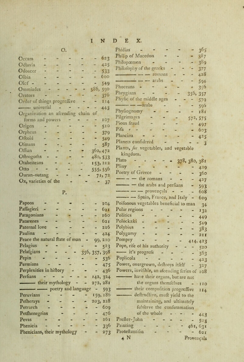 0. Occam - - 623 Odbavia - - - 425 Odoacer - - 533 Olbia - 600 Olcf - - - - 549 Ommiades - - 586, 59° Orators - - 376 Order of things progreffive - iH . univerfal - - - 443 Organization an afcending chain of forms and powers - - 107 Origen - - 510 Orpheus - - 379 Ofkold “ 549 O fin a ns - - . - - - 587 Offian - - 362,472 Oftrogoths - - 480,533 Otaheiteans 153, 212 Otto - 555>556 Ouran-outang - - 71’ 72 Ox, varieties of the - 37 P. Papoos - - 204 Paflagieri - - - - 621 Patagonians - 160 Patarenes - - 621 Paternal love - 216 Paulina - - - - 424 Peace the natural ftate of man 99,210 Pelagius - - - 523 Pelafgians - - - - 356, 357» 398 Pepin - - 536 Permians - - 475 Perplexities in hiftory - 436 Perfians - - - 142, 324 — their mythology - - 272, 281 . poetry and language - 593 Peruvians - - 159,186 Pefherays - - - - 203, 228 Petrarch - - 609 Petfhenegrins - - 476 Pevas - - 161 Phenicia - - 336 Phenicians, their mythology * “ 273 Phidias - Philip of Macedon - Philopoemen - Philofophy of the greeks - — romans - — : arabs - - - Phoceans - Phrygians - -. - 356, Phyfic of the middle ages - Phyfiognomy - Pilgrimages - 572> Pious fraud - - - Pi fa » - - _ Plancina - - - - Planets confidered - - - . Plants, yea vegetables, and vegetable kingdom. Plato - - - - - 378, 380, Pliny - Poetry of Greece - — the romans - — — the arabs and perfians — proven^als - Spain, France, and Italy - Poifonous vegetables beneficial to man Polar regions - Politics - Polockzki - - Polybius - Polygamy - Pompey - 414, Pope, rife of his authority - it’s progrefs - Poplicola - Power, overgrown, deftroys itfelf Powers, invifible, an afcending feries of — have their organs, but are not the organs themfelves ■ their compofition progreffive deftruftive, mull yield to the maintaining, and ultimately fubferve the confummation of the whole - - / Prefter-John - ---- Printing - - - - 461, Proteftantifrn - - - - 4 N Provei 365 387 389 377 428 594 356 357 579 596 i8t 575 497 603 425 ■ 3 381 429 360 427 593 608 609 34 >32 449 549 383 2ir 423 520 563 423 327 108 110 JI4 443 5°i 631 621 ityals