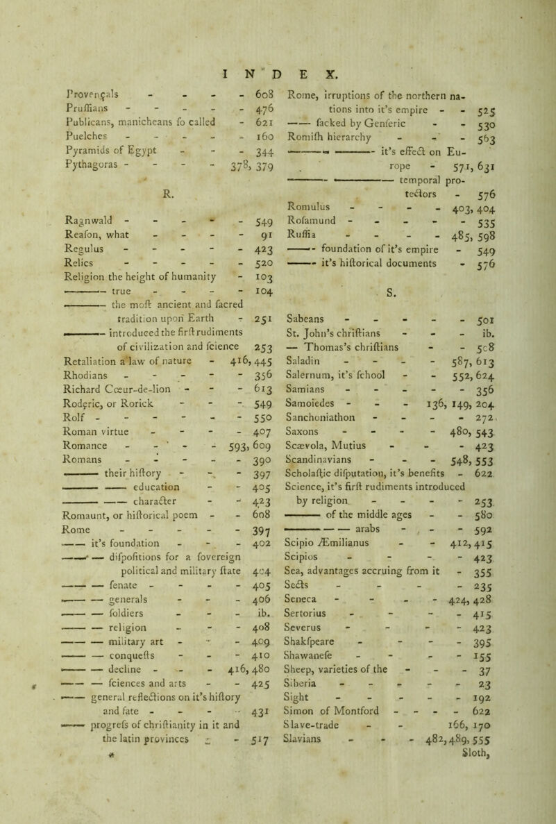Provencals - - - 608 Rome, irruptions of the northern na- Pruflians - - 476 tions into it’s empire - - 525 Publicans, manicheans fo called - 621 facked by Genferic - 530 Puelches - - 160 Romifh hierarchy - - 5^3 Pyramids of Egypt - 344 —« — it’s effedt on Eu- Pythagoras - 378> 379 rope - 571» 631 4* — temporal pro- R. tedlors - 576 Romulus - - 403,404 Ragnwald - - 549 Rofamund - - - - 535 Reafon, what - - 91 Ruflia - - 485, 598 Regulus - - 423 ——- foundation of it’s empire - 549 Relics - - 520 — it’s hiftorical documents - 576 Religion the height of humanity - 103 — true - - 104 S. the moft ancient and facred tradition upon Earth - 251 Sabeans - - - - 501 .. —— introduced the firftrudiments St. John’s chriftians - - ib. of civilization and fcience 253 — Thomas’s chriftians - 5c8 Retaliation a law of nature 416, 445 Saladin - - - - 587, 613 Rhodians - - 356 Salernum, it’s fchool - 552,624 Richard Coeur-de-lion - 613 Samians - ' 356 Rodfric, or Rorick - 549 Samoiedes - - - 136, 149, 204 Rolf ----- - 550 Sanchoniathon - 272, Roman virtue - - 407 Saxons - - 480, 543 Romance - - 593. 609 Scaevola, Mutius - 423 Romans - - 39° Scandinavians - 548,553 their hiftory - 397 Scholaftic deputation, it’s benefits - 622 — education - 4^5 Science, it’s firft rudiments introduced character J 4.23 by religion. - 253 Romaunt, or hiftorical poem - - 608 —■■■ ■■ -■ of the middle ages - 580 Rome - - 397 — arabs - 592 it’s foundation - 402 Scipio TEmilianus - 412,415 —■ -— difpofitions for a fovereign Scipios - 423 political and military ftate 404 Sea, advantages accruing from it - 355 fenate - - 405 SecSls - - 235 generals - 406 Seneca - - 424» 428 —— — foldiers ib. Sertorius - 4*5 - 408 Severus  423 military art - 409 Shakfpeare - 395 — conquefts - 410 Shawanefe ' *55 decline - 416, 480 Sheep, varieties of the - 37 —— — fciences and arts - 425 Siberia - - - - 23 general refle&ions on it’s hiftory Sight - - 192 and fate - •' 431 Simon of Montford 622 ——- progrefs of chriftianity in it and Slave-trade 166, 170 the latin provinces ~ - 517 Slavians - 482,489,555 - * Sloth,
