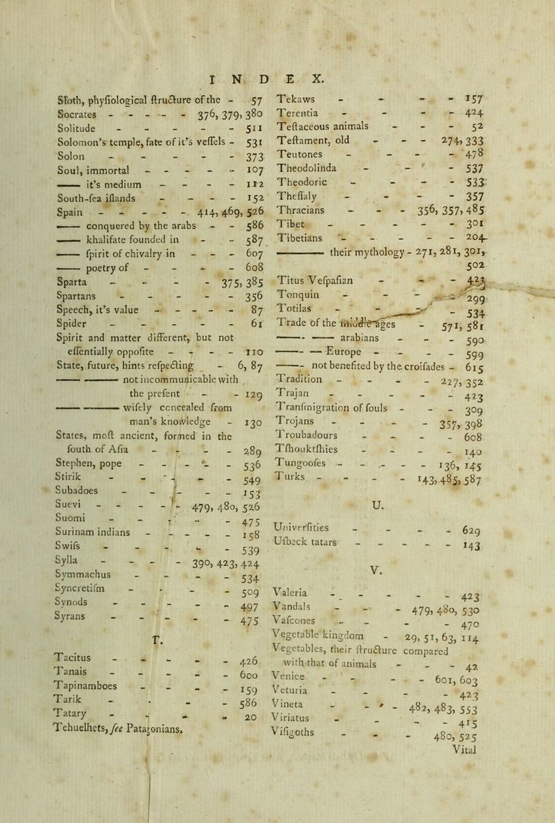 SToth, phyfiological ftru£fure of the - 57 Socrates 376, 379,380 Solitude - - - - - 511 Solomon’s temple, fate of it’s vefTels - 531 Solon - 373 Soul, immortal - - - 107 -— it’s medium - - -112 South-fea iflands - - - - 152 Spain - - - - - 414, 469, 526 ■ conquered by the arabs - - 586 —— khalifate founded in - -• 587 —— fpirit of chivalry in 607 poetry of - - - 608 Sparta - 375, 3^5 Spartans - 356 Speech, it’s value ------ 87 Spider - - 61 Spirit and matter different, but not eflentiallyoppofite - - - - no State, future, hints refpediing - 6, 87 ■ ■ - —— not incommunicable with the prefent - - 129 — — wifely concealed from man’s knowledge - 130 States, mod ancient, formed in the fouth of Afia Stephen, pope Stirik - J Subadoes - Suevi - - - - K 479, 480, 526 Suomi - - - 475 Surinam indians - _ _ _ -158 Swifs - Sylla - _ 289 536 549 *53 Symmachus Syncretifm Synods Syrans r. Tacitus - Tanais - Tapinamboes Tarik Tatary - _ Tehuelhets,_/r£ Patagonians. “ - 539 39°, 423, 424 - 534 - 5°9 - 497 ‘ 475 - 426 - 600 - 159 - 586 - 20 Tekaws - - - Terentia - - - Teflaceous animals — Teftament, old - - 274, Teutones - - Theodolinda - — r Theodoric - - Theffaly - - — - Thracians - 356, 357» Tibet - Tibetians - - - '■ their mythology - 271, 281, Titus Vefpafian Tonquin - Totilas Trade of the fiWu#eages ———- arabians — not benefited by the. croifades - 57h Tradition Trajan Tranfmigration of fouls Trojans Troubadours Tfhouktfhies T ungoofes - T urks - - 227. - 357, - 136, *43, 485, 157 424 52 333 478 537 533 357 485 301 204. 30I> 502 m 299 534 581 590 599 615 352 423 3°9 398 608 140 *45 587 Univerfities Ufbeck tatars U. V. Valeria - Vandals _ Vafcones Vegetable kingdom Vegetables, their ftru£ture with that of animals Venice - Veturia Vineta - . • _ Viriatus Vifigoths - 629 - M3 - 423 479» 480, 530 - 47° 29> 51, 63, 114 compared - 42 - 601, 603 - 423 482, 483, 553 - 4*5 480, 525 Vital