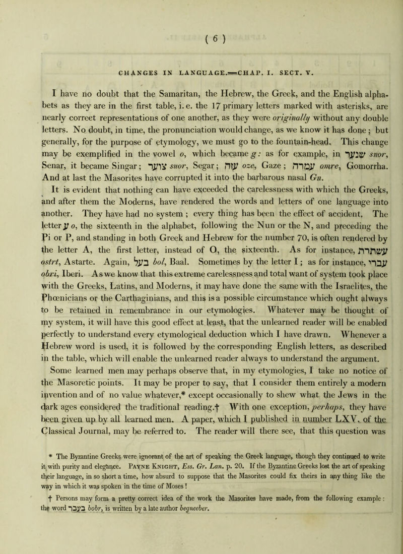 I have no doubt that the Samaritan, the Hebrew, the Greek, and the English alpha- bets as they are in the first table, i.e. the 17 primary letters marked with asterisks, are nearly correct representations of one another, as they were originally without any double letters. No doubt, in time, the pronunciation would change, as we know it has done ; but generally, for the purpose of etymology, we must go to the fountain-head. This change may be exemplified in the vowel o, which became $•; as for example, in snor, Senar, it became Singar; '!}}'))£ suor, Segar; HTT oze-> Gaze ; rnJEJf omre> Gomorrha. And at last the Masorites have corrupted it into the barbarous nasal Gn. It is evident that nothing can have exceeded the carelessness with which the Greeks, and after them the Moderns, have rendered the words and letters of one language into another. They have had no system ; every thing has been the effect of accident. The letter^ o, the sixteenth in the alphabet, following the Nun or the N, and preceding the Pi or P, and standing in both Greek and Hebrew for the number 70, is often rendered by the letter A, the first letter, instead of O, the sixteenth. As for instance, ostrt, Astarte. Again, ^2 bol, Baal. Sometimes by the letter I; as for instance, *H3J7 obri, Iberi. As we know that this extreme carelessness and total want of system took place with the Greeks, Latins, and Moderns, it may have done the same with the Israelites, the Phoenicians or the Carthaginians, and this is a possible circumstance which ought always to be retained in remembrance in our etymologies. Whatever may be thought of my system, it will have this good effect at least, that the unlearned reader will be enabled perfectly to understand every etymological deduction which I have drawn. Whenever a Hebrew word is used, it is followed by the corresponding English letters, as described in the table, which will enable the unlearned reader always to understand the argument. Some learned men may perhaps observe that, in my etymologies, I take no notice of the Masoretic points. It may be proper to say, that I consider them entirely a modern invention and of no value whatever,* except occasionally to shew what the Jews in the dark ages considered the traditional reading.-f' With one exception, perhaps, they have heen given up by all learned men. A paper, which I published in number LXV. of the Classical Journal, may be referred to. The reader will there see, that this question was * The Byzantine Greeks were ignorant of the art of speaking the Greek language, though they continued to write it with purity and elegance. Payne Knight, Ess. Gr. Lan. p. 20. If the Byzantine Greeks lost the art of speaking their language, in so short a time, how absurd to suppose that the Masorites could fix theirs in any thing like the way in which it was spoken in the time of Moses ! f Persons may form a pretty correct idea of the work the Masorites have made, from the following example: the word “)3jp bobr, is written by a late author begneeber.