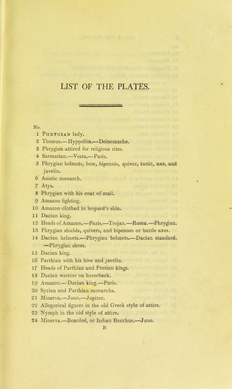 LIST OF THE PLATES. No. 1 Phrygian lady. 2 Theseus.—Hyppolita.—Deinomache. 3 Phrygian attired for religious rites. 4 Sarmatian.—Vesta,—Paris. 5 Phrygian helmets, bow, bipennis, quiver, tunic, axe, and javelin. 6 Asiatic monarch. 7 Atys. 8 Phrygian with his coat of mail. 9 Amazon fighting. 10 Amazon clothed in leopard’s skin. 11 Dacian king. 12 Heads of Amazon.—Paris.—Trojan.—Roma.—Phrygian. 13 Phrygian shields, quivers, and bipennes or battle axes. 14 Dacian helmets.-—Phrygian helmets.—Dacian standard. —Phrygian shoes. 15 Dacian king. 16 Parthian with his bow and javelin. 17 Heads of Parthian and Persian kings. 18 Dacian warrior on horseback. 19 Amazon.—Dacian king.—Paris. 20 Syrian and Parthian monarchs. 21 Minerva.—Juno.—Jupiter. 22 Allegorical figures in the old Greek style of attire. 23 Nymph in the old style of attire. 24 Minerva.—Bearded, or Indian Bacchus.—Juno. 13