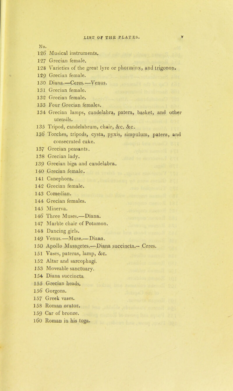 No. 126 Musical instruments. 127 Grecian female. 128 Varieties of the great lyre or phorminx, and trigonon. 129 Grecian female. 130 Diana.—Ceres.—Venus. 131 Grecian female. 132 Grecian female. 133 Four Grecian females. 134 Grecian lamps, candelabra, patera, basket, and other utensils. 133 Tripod, candelabrum, chair, &c. &c. 136 Torches, tripods, cysta, pyxis, simpulum, patera, and consecrated cake. 137 Grecian peasants. 138 Grecian lady. 139 Grecian biga and candelabra. 140 Grecian female. 141 Canephora. 142 Grecian female. 143 Comedian. 144 Grecian females. 145 Minerva. 146 Three Muses.—Diana. 147 Marble chair of Potamon. 148 Dancing girls. 149 Venus.—Muse.—Diana, 150 Apollo Musagetes.—Diana succineta.— Ceres. 151 Vases, pateras, lamp, &c. 152 Altar and sarcophagi. 153 Moveable sanctuary. 154 Diana succincta 155 Grecian heads. 156 Gorgons. 157 Greek vases. 158 Roman orator. 159 Car of bronze. 160 Roman in his toga.