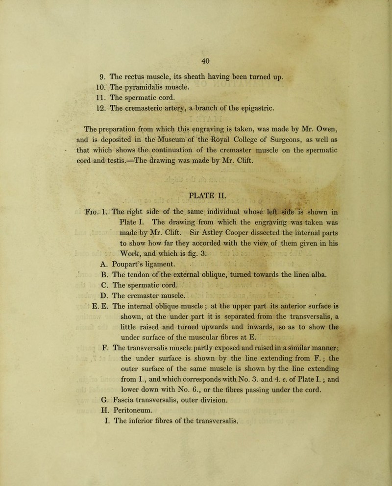 9. The rectus muscle, its sheath having been turned up. 10. The pyramidalis muscle. 11. The spermatic cord. 12. The cremasteric artery, a branch of the epigastric. f The preparation from which this engraving is taken, was made by Mr. Owen, and is deposited in the' Museum of the Royal College of Surgeons, as well as that which shows the continuation of the cremaster muscle on the spermatic cord and testis.—The drawing was made by Mr. Clift. PLATE II. Pig. 1. The right side of the^same individual whose left side is shown in Plate I. The drawing from which the engraving was taken was ' made by Mr. Clift. Sir Astley Cooper dissected the internal parts to show how far they accorded with the view of them given in his Work, and which is fig. 3. , A. Poupart’s ligament. B. The tendon of the external oblique, turned towards the linea alba. C. The spermatic cord. D. The cremaster muscle. E. E. The internal oblique muscle ; at the upper part its anterior surface is shown, at the under part it is separated from the transversalis, a little raised arid turned upwards and inwards, so as to show the under surface of the muscular fibres at E. F. The transversalis muscle partly exposed and raised in a similar manner; the under surface is shown by the line extending from F.; the outer surface of the same muscle is shown by the line extending from I., and which corresponds with No. 3. and 4, c. of Plate I.; and lower down with No. 6., or the fibres passing under the cord. G. Fascia transversalis, outer division. H. Peritoneum. I. The inferior fibres of the transversalis.