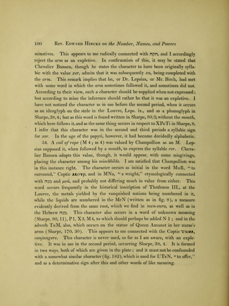 minatives. This appears to me radically connected with npn, and I accordingly reject the arm as an expletive. In confirmation of this, it may be stated that Chevalier Bunsen, though he states the character to have been originally sylla- bic with the value xer, admits that it was subsequently xa, being completed with the arm. This remark implies that he, or Dr. Lepsius, or Mr. Birch, had met with some word in which the arm sometimes followed it, and sometimes did not. According to their view, such a character should be supplied when not expressed; but according to mine the inference should rather be that it was an expletive. I have not noticed the character as in use before the second period, when it occurs as an ideoglyph on the stele in the Louvre, Leps. ix., and as a phonoglyph in Sharpe,38,4; but as this word is found written in Sharpe, 80,9, without the mouth, which here follows it, and as the same thing occurs in respect to XPoTi in Sharpe, 8, I infer that this character was in the second and third periods a syllabic sign for xer. In the age of the papyri, however, it had become decidedly alphabetic. 54. A coil of rope (M 4 ; m 4) was valued by Champollion as an M. Lep- sius supposed it, when followed by a mouth, to express the syllable rer. Cheva- lier Bunsen adopts this value, though, it would appear, with some misgivings, placing the character among his mischbilds. I am satisfied that Champollion was in this instance right. The character occurs as initial in the word MuR, “to surround,” Coptic JULOTp, and in MNa, “ a weight,” etymologically connected with rm and pvd, and probably not differing much in value from either. This word occurs frequently in the historical inscription of Thothmos III., at the Louvre, the metals yielded by the vanquished nations being numbered in it, while the liquids are numbered in the MeN (written as in fig. 8), a measure evidently derived from the same root, which we find in men-sura, as well as in the Hebrew n]Q. This character also occurs in a word of unknown meaning (Sharpe, 80, 11), PI, X3, M4, to which should perhaps be added N 1 ; and in the adverb TuM, also, which occurs on the statue of Queen Amunet in her nurse’s arms (Sharpe, 170, 30). This appears to me connected with the CopticT(jojul, conjungere. This character is never used, so far as I am aware, with an exple- tive. It was in use in the second period, occurring Sharpe, 38, 4. It is formed in two ways, both of which are given in the plate ; and it must not be confounded with a somewhat similar character (fig. 182), which is used for UTeN, “ to offer,” and as a determinative sign after this and other words of like meaning.