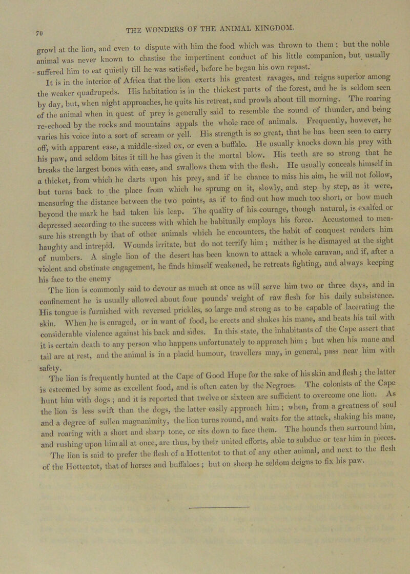 oTowl at the lion, and even to dispute with him the food which was thrown to them ; but the noble Limal was never known to chastise the impertinent conduct of his little companion, but_ usually ■ suffered him to eat quietly till he was satisfied, before he began his own repast. It is in the interior of Africa that the lion exerts his greatest ravages, and reigns superior among the iveaker quadrupeds. His Iiabitation is in the thickest parts of the forest, and he is seldom seen by day but, wlien night approaches, he quits his retreat, and prowls about till morning. The roaring of the animal when in quest of prey is generally said to resemble the sound of tl,under, and being re-echoed by the rocks and mountains appals the whole race of animals. Frequently, however, he varies his voice into a sort of scream or yell. His strength is so great, that he has been seen to carry off, with apparent ease, a middle-sized ox, or even a buffalo. He usually knocks down his prey with liis paw, and seldom bites it till he has given it the mortal blow. His teeth are so strong tkat he breaks the largest bones with ease, and swallows them with the flesh. He usually conceals himse f in a thicket, from which he darts upon his prey, and if he chance to miss his aim, he will not follow, but turns back to the place from which he sprung on it, slowly, and step by step, as it were, measuring the distance between the two points, as if to find out how much too short, or how much beyond the mark he had taken his leap. The quality of his courage, though natural, is exalted or depressed according to the success with which he habitually employs his force. Accustomed to mea- sure his strength by that of other animals which he encounters, the habit of conquest renders him liaughty and intrepid. Wounds irritate, but do not terrify him ; neither is he dismayed at the sight of numbers A single lion of the desert has bc*en known to attack a whole caravan, and if, after a violent and obstinate engagement, he finds himself weakened, he retreats fighting, and always keeping his face to the enemy The lion is commonly said to devour as much at once as will serve him two or three days, and in confinement he is usually allowed about four pounds’ weight of raw flesh for his daily subsistence. His tomrue is furnished with reversed prickles, so large and strong as to be capable of lacerating the skin When he is enraged, or in want of food, he erects and shakes his mane, and beats his tail with considerable violence against his back and sides. In this state, the inhabitants of the Cape assert that it is certain death to any person who happens unfortunately to approach him ; but when his mane and tail are at rest, and the animal is in a placid humour, travellers may, in general, pass near him with The lion is frequently hunted at the Cape of Good Hope for the sake of his skin and flesh j the latter is esteemed by some as excellent food, and is often eaten by the Negroes. The colonists of the Cape hunt him with dogs ; and it is reported that twelve or sixteen are sufficient to overcome one lion s the lion is less swift than the dogs, the latter easily approach him ; when, from a greatness o sou and a degree of sullen magnanimity, the lion turns round, and waits for the attack, shaking his mane, and roaring with a short and sharp tone, or sits down to face them. The hounds then surround him, and rushing upon him all at once, are thus, by their united efforts, able to subdue or tear him in pieces. ^'he lion is said to prefer the flesh of a Hottentot to that of any other animal, and next to the flesh of the Hottentot, that of horses and buffaloes ; but on sheep he seldom deigns to fix his paw.