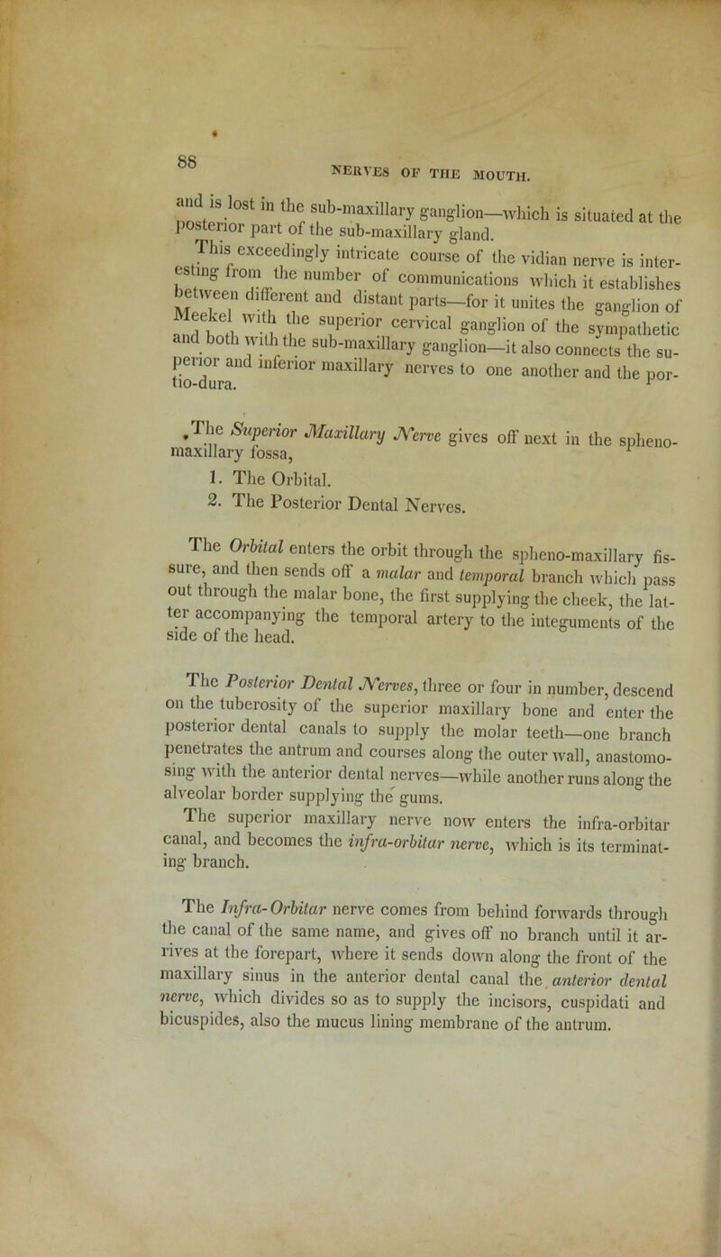 nerves of the mouth. no^ri„°St inf,ub-m“lllary ganglion—which is situated at the 1 osterior part of the sub-maxillary gland. This exceedingly intricate course of the vidian nerve is inter- esting from the number of communications which it establishes between different and distant parts-for it unites the ganglion of aldtntl W n G Si Pen°r CCrvical SanSlion of the sympathetic and both with the sub-maxillary ganglion—it also connects the su- penor and inferior maxillary nerves to one another and the por- tio-dura. r t ,I he Superior Maxillary Nerve gives off next in the spheno- maxillary fossa, 1 1. The Orbital. 2. The Posterior Dental Nerves. The Orbital enters the orbit through the spheno-maxillary fis- sure, and then sends off a malar and temporal branch which pass out through the malar bone, the first supplying the cheek, the lat- ter accompanying the temporal artery to the integuments of the side of the head. The Posterior Dental Nerves, three or four in number, descend on the tuberosity of the superior maxillary bone and enter the posterior dental canals to supply the molar teeth—one branch penetrates the antrum and courses along the outer wall, anastomo- sing with the anterior dental nerves—while another runs along the alveolar border supplying the gums. The superior maxillary nerve now enters the infra-orbitar canal, and becomes the infra-orbitar nerve, which is its terminat- ing branch. The Infra- Orbitar nerve comes from behind forwards through the canal of the same name, and gives off no branch until it ar- rives at the forepart, where it sends down along the front of the maxillary sinus in the anterior dental canal the, anterior dental nerve, which divides so as to supply the incisors, cuspidati and bicuspides, also the mucus lining membrane of the antrum.