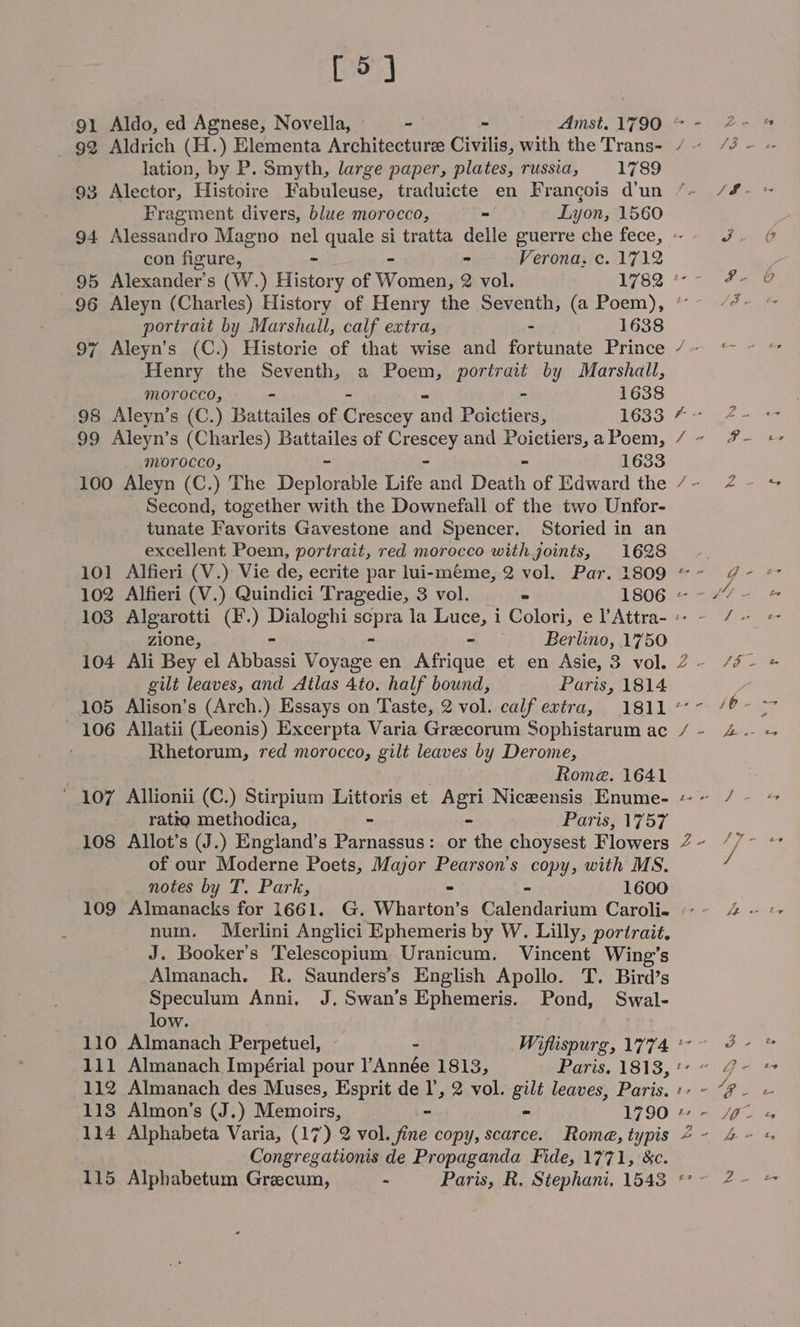 [5] 91 Aldo, ed Agnese, Novella, - Amst. 1790 ~- 2- 92 Aldrich (H.) Elementa Architecture Civilis, with the Trans- /~- /3 - lation, by P. Smyth, large paper, plates, russia, 1789 93 Alector, Pee Fabuleuse, traduicte en Francois d’un Pe ar Fragment divers, blue morocco, - Lyon, 1560 94 Alessandro Magno nel quale si tratta delle guerre che fece,~-- con figure, - - Verona. c. 1712 95 Alexander's (W.) History of Wane 2 vol. M62 ee 96 Aleyn (Charles) History of Henry the Seventh, (a Poem), ~~ “7: portrait by Marshall, calf extra, - 1638 97 Aleyn’s (C.) Historie of that wise and fortunate Prince 7~ Henry the Seventh, a Poem, portrait by Marshall, morocco, ~ “ 1638 98 Aleyn’s (C.) Battailes of reeds and Poictiers, 1633 FF 99 Aleyn’s (Charles) Battailes of Crescey and Poietiers,aPoem, /- 7- morocco, - 1633 100 Aleyn (C.) The Den abr Life and Death of Edward the 7-~ 4 Second, together with the Downefall of the two Unfor- tunate Favorits Gavestone and Spencer. Storied in an excellent Poem, portrait, red morocco with joints, 1628 - 101 Alfieri (V.) Vie de, ecrite par lui-méme, 2 vol. Par. 1809 ~~ ¢- 102 Alfieri (V.) Quindici Tragedie, 3 vol. = 1806 ~~” 103 Algarotti (F.) ae cae: ee la Luce, i Colori, e lAttra- - - / zione, ~ Berlino, 1750 104 Ali Bey el iain pone en Afrique et en Asie, 3 vol. 2- /5- gilt leaves, and Atlas Ato. half bound, Paris, 1814 s 105 Alison’s (Arch.) Essays on Taste, 2 vol. calf extra, 1811 °°- /@- 106 Allatii (Leonis) Excerpta Varia Grecorum Sophistarumac /- 24. Rhetorum, red morocco, gilt leaves by Derome, Rome. 1641 ' 107 Allionii (C.) Stirpium basa et Agri Niceensis Enume- «-~ / - ratrto methodica, - Parise l757 108 Allot’s (J.) England’s testa ae or the choysest Flowers 2~ /7- of our Moderne Poets, Major Pearson’s copy, with MS. / notes by T. Park, - 1600 109 Almanacks for 1661. G. Wharton’ s Calendarium Caroli. fet num. Merlini Anglici Ephemeris by W. Lilly, portrait. J. Booker’s Telescopium. Uranicum. Vincent Wing’s Almanach. R. Saunders’s English Apollo. T. Bird’s Speculum Anni, J. Swan’s Ephemeris. Pond, Swal- low. 110 Almanach Perpetuel, - Wiflispurg, 1774 7 ~ 3 - 111 Almanach Impérial pour l’Année 1813, Paris. 1813, + &lt; a 2 112 Almanach des Muses, Esprit de I’, 2 vol. gilt leaves, Paris, « Lg 113 Almon’s (J.) Memoirs, - 1790 + -~ /g- Congregationis de Propaganda Fide, 1771, &amp;c.