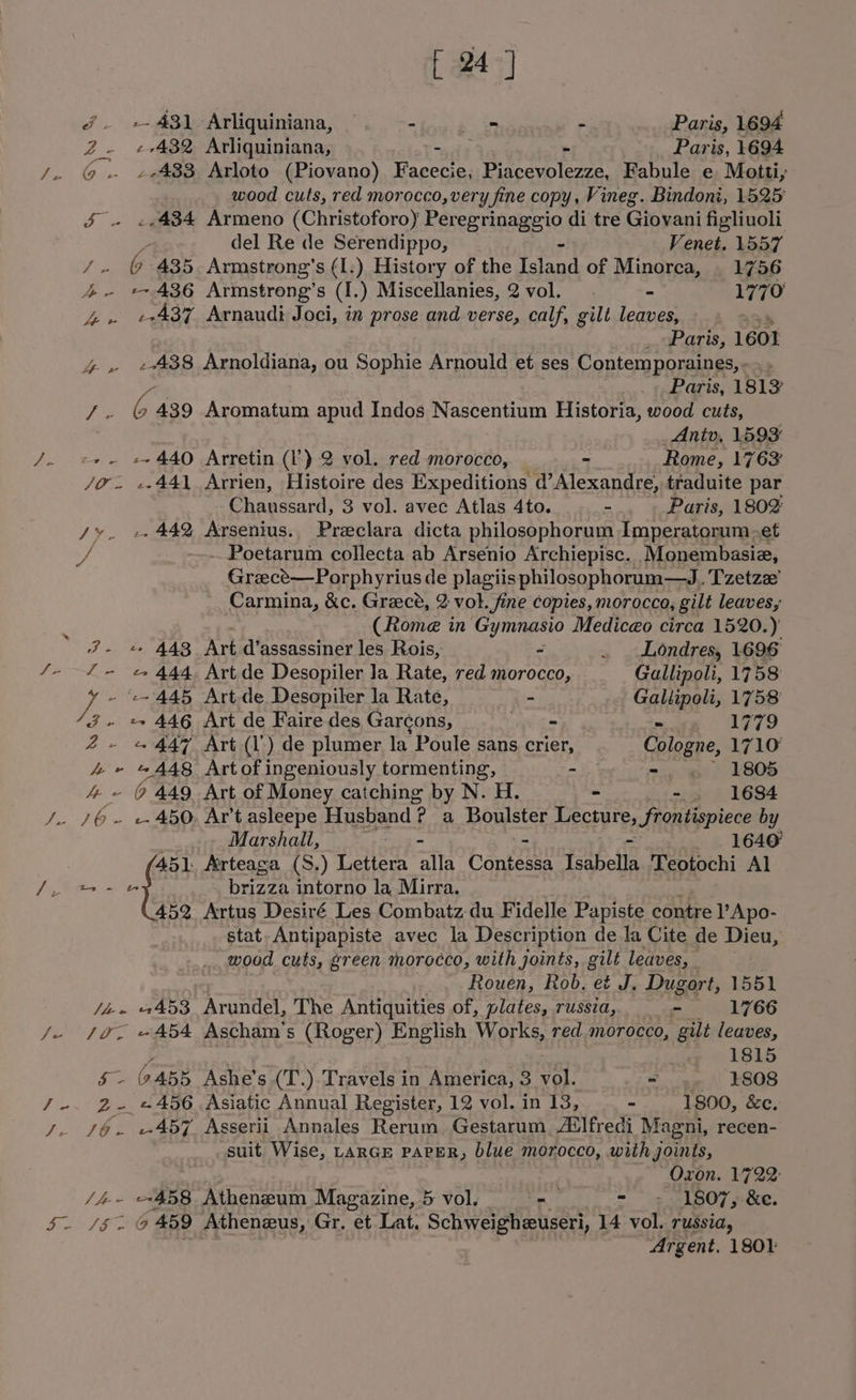 [ 24] #. +-431 Arliquiniana, _ - = - Paris, 1694 2 7432 Arliquiniana, whe - Paris, 1694 J. 6 ~ wef Arloto (Piovano) Facecie, Piacevolezze, Fabule e Motti, wood cuts, red morocco, very fine copy, Vineg. Bindoni, 1525 $ . «.,434 Armeno (Christoforoy Fovepinaaste di tre Giovani figliuoli del Re de Serendippo, Venet. 1557 / 6 435. Armstrong's (1.) History of the pe of Minorca, | 1756 4 - 436 Armstrong’s (I. ) Miscellanies, 2 vol. a 1770 A». ¢2437 Arnaudi Joci, in prose and verse, calf, gilt leaves, Paris, 1601 oar 438 Arnoldiana, ou Sophie Arnould et ses Contemporaines, - . Paris, 1813’ eee 439 Aromatum apud Indos Nascentium Historia, wood cuts, Antv, 1593 /- «+. «+440 Arretin (I’) 2 vol. red morocco, - Rome, 1763 /o. -.441 Arrien, Histoire des Expeditions d’Alexandre, traduite par Cae 3 vol. avec Atlas 4to. - Paris, 180% Jv. +442 Arsenius.. Preclara dicta philosophorum Imperatorum et uf ---.Poetarum collecta ab Arsenio Archiepisc. Monembasie, Grzce—Porphyrius de plagiis philosophorum—J.. Tzetze’ Carmina, &amp;c. Greece, 2 vol. fine copies, morocco, gilt leaves, (Rome in Gymnasio Mediceo circa 1520.) 7- « A43 Art d’assassiner les Rois, ~ . _ Londres, 1696 /- 4 -~ « 444. Art de Desopiler Ja Rate, red morocco, Gallipoli, 1758 rs - ‘+445 Artde Desopiler la Rate, : Gallipoli, 1758 3 - +» 446 Art de Faire des Garcons,  1779 2 - « 447 Art (1') de plumer la Poule sans crier, Cologne, 1710 ~ = A58 Art of ingeniously tormenting, - | -., @ 1805 ~ @ 449 Art of Money catching by N. H. = - . 1684 2 fe 16 - «- 450. Ar’t asleepe Husband ? a Boulster Lecture, frontispiece by Marshall, at te 1640 brizza intorno la Mirra. 452 Artus Desiré Les Combatz-du Fidelle Papiste contre l’Apo- stat, Antipapiste avec la Description de la Cite de Dieu, wood cuts, green morocco, with joints, gilt leaves, Rouen, Rob. et J. Dugort, 1551 f Arteaga (S.) Lettera alla bane freee Teotochi Al J, e+e Me» 4453, Arundel, The Antiquities of, plates, russia, - 1766 /-e /a, ~454 Ascham’s (Roger) English Works, red. morocco, gilt leaves, , 1815 5-6 455 Ashe’s (T.). Travels in America, 3 isk ~ ae | E808 /-. 2- «456 Asiatic Annual Register, 12 vol. in 13, - 1800, &amp;c. J. 6. 457 Asserii Annales Rerum Gestarum, A‘lfredi Magni, recen- suit Wise, LARGE PAPER, blue morocco, with joints, “Oxon. 1722: /4~ 458 Atheneum Magazine, 5 vol. -— - &gt; 1807, &amp;e. SATE 459 Athenzus, Gr. et Lat. Schweigheuseri, 14 vol. russia, Argent, 1801