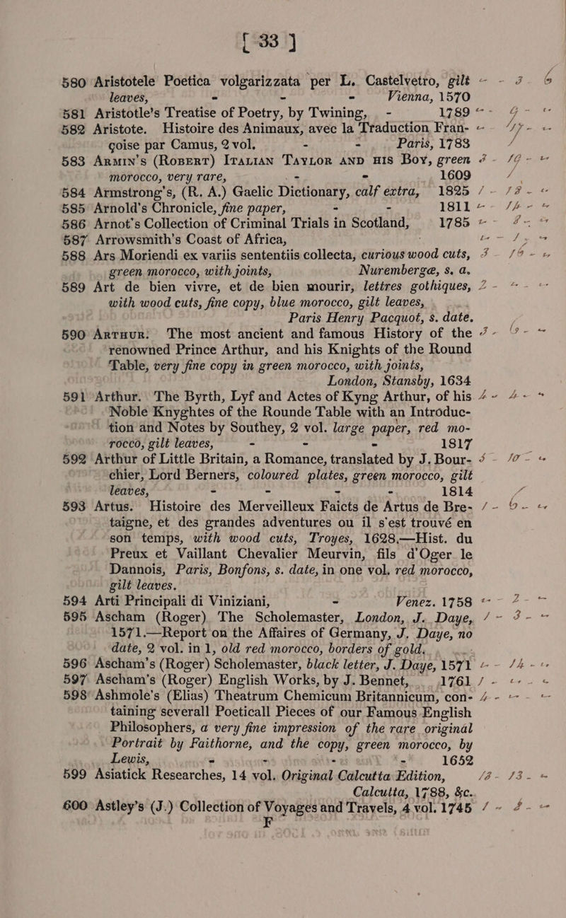 [33 580 Aristotele Poetica volgarizzata per L. Castelvetro, gilé leaves, - - “ Vienna, 1570 Le 582 Aristote. Histoire des Animaux, avec la Traduction Fran- goise par Camus, 2 vol. - - Paris, 1783 morocco, very rare, 1609 585 Arnold's Chronicle, fine paper, - - 1811 587 Arrowsmith’s Coast of Africa, green morocco, with joints, Nuremberga, s. a. 589 Art de bien vivre, et de bien mourir, letires gothiques, with wood cuts, fine copy, blue morocco, gilt leaves, Paris Henry Pacquot, s. date. 590 Artuur. The most ancient and famous History of the renowned Prince Arthur, and his Knights of the Round Table, very fine copy in green morocco, with joints, London, Stansby, 1634 Noble Knyghtes of the Rounde Table with an Introduc- tion and Notes by Southey, 2 vol. large paper, red mo- rocco, gilt leaves, ~ » 1817 chier, Lord Berners, coloured plates, green morocco, gilt leaves, ~ - - - 1814 593 Artus. Histoire des Merveilleux Faicts de Artus de Bre- taigne, et des grandes adventures ou il s’est trouvé en son temps, with wood cuts, Troyes, 1628,—Hist. du Preux et Vaillant Chevalier Meurvin, fils d’Oger le Dannois, Paris, Bonfons, s. date, in one vol, red morocco, gilt leaves. 595 Ascham (Roger) The Scholenmisten London, J. Daye, 1571 -—Report on the Affaires of Germany, J, Daye, no date, 2 vol. in 1, old red morocco, borders of gold. 596 Ascham’s (Roger) ‘Scholemaster, black letter, J. Daye, 1571 597 Ascham’s (Roger) English Works, by J. Bennet, 1761 598 Ashmole’s (Elias) Theatrum Chemicum Britannicum, con- taining several] Poeticall Pieces of our Famous English _ Philosophers, a very fine impression of the rare original Portrait by Faithorne, and the COPY, green morocco, by Lewis, - 1652 599 Asiatick Pocgearchas, 14 ou Dui iaat, Géilcutta Edition, Calcutta, 17°88, &amp;c. Ny \ ~ 4 JB - J ly e. AB) a+ t