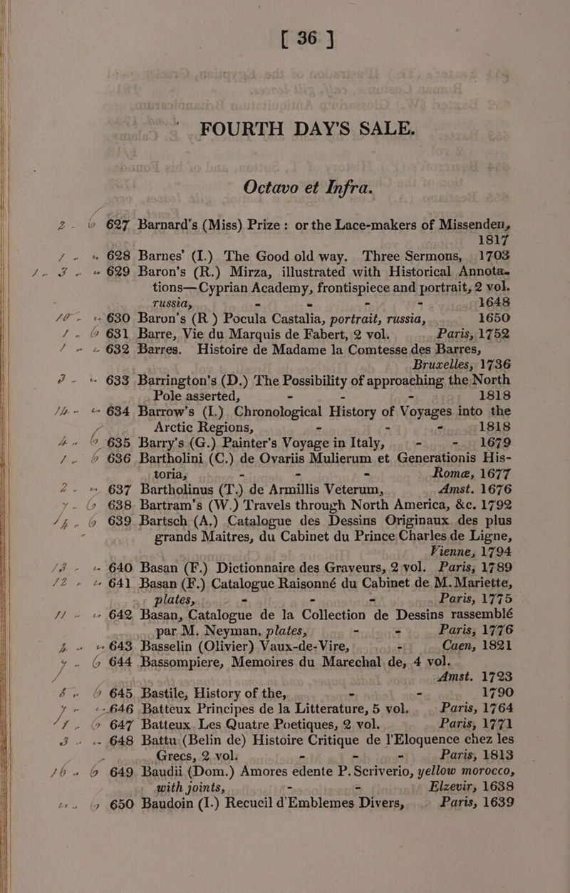 FOURTH DAY'S SALE. Octavo et Infra. ook 627 Barnard’s (Miss) Prize: or the Lace-makers of Missenden, | 1817 - » 628 Barnes’ (I.) The Good old way. Three Sermons, 1703 tions— Cyprian Asadeny, frontispiece and postnihy 2 vol. TUSSI, - - 1648 /@ ~ « 630 Baron’s (R ) Pocula Catlin: portrait, russia, 1650 7) ae » 631 Barre, Vie du Marquis de Fabert, 2 vol. Paris, 1752 / ~ « 632 Barres. Histoire de Madame la Comtesse des Barres, Bruczelles, 1736 J - = 633 ‘Barrington’ s(D.) The Possibility of approaphins the North Pole asserted, 1818 /- &amp; 634 Barrow’s (L.) Chronological Eston of Wanda into the a Arctic Regions, - 1818 4 9 635 Barry's (G.). Painter's guennes in ftaly. - -. 1679 /. 6 636 Bartholini (C.) de BAS Mulierum et Generationis His- toria, | - = Rome, 1677 4. «+ 687 Bartholinus (T.) de Armillis Veterum, Amst. 1676 ae 6 638 Bartram’s (W.) Travels through North America, &amp;c. 1792 /ji. (2 639. Bartsch (A.) Catalogue des Dessins Originaux, des plus : grands Maitres, du Cabinet du Prince Charles de Ligne, Vienne, 1794 /é - 640 Basan (F.) Dictionnaire des Graveurs, 2 vol. Paris; 1789 /2 + « 64) Basan (F.) Catalogue Raisonné du Cabinet de M. Mariette, plates, = - - Paris, 1775 // - cv 642% Basan, Catalogue de la Collection de Dessins rassemblé par M. Neyman, plates, - “ Paris, 1776 7 eee +1 643 Basselin (Olivier) Vaux-de-Vire, : Caen, 1821 y . © 644 Bassompiere, Memoires du Marechal. de, 4 vol. ! Amst. 1723 £. © 645. Bastile, History of the, - - 1790 or - +:646 Batteux Principes de la Litterature, 5 vol. Paris, 1764 4. 9 647 Batteux. Les Quatre Poetiques, 2 vol. Paris, 1771 J. .- 648 Battu (Belin de) Histoire ig de Il’Eloquence chez les i Grecs, 2, vol. - - Paris, 1813 46 « 6 649 Baudii. (Dom. ) Amores edente P. Savon. yellow morocco, with joints, - Elzevir, 1638 &gt;. (9 650 Baudoin (1.) Recueil d’ enpienies Divers, Paris, 1639