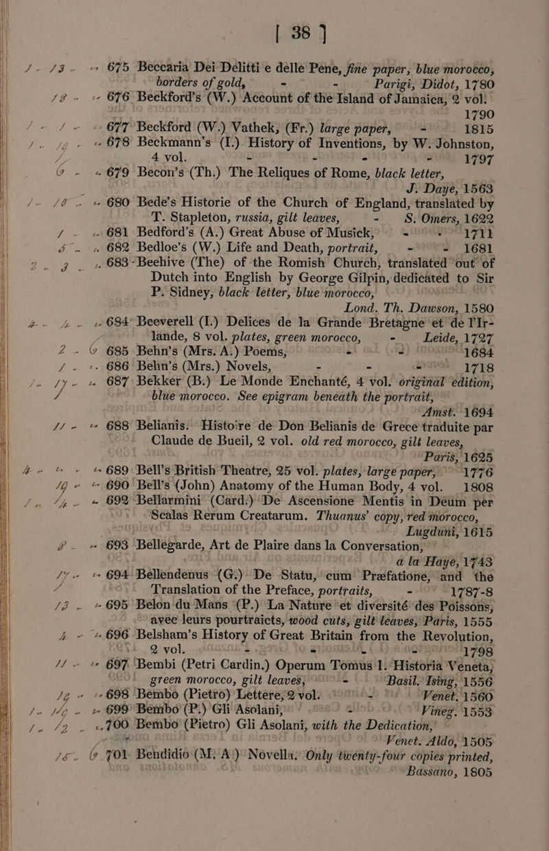4) | ee S « borders of gold, “ - Parigi, Didot, 1780 /@ - + 676 Beckford’s (W.) Account of the Island of Jamaica, 2 vol. 1790 677 Beckford (W.) Vathek, (Fr.) large paper, - 1815 «- 678 Beckmann’s (I.) SGA of sabe by W. Johnston, ve 4 vol. - £707 GO poem 679 Becon’s (Th.) The Reliques of Rime, black letter, J. Daye, 1563 /@ . « 680 Bede’s Historie of the Church of England, translated by T. Stapleton, russia, gilt leaves, - &amp;. Omers, 1622 / - + 681 Bedford’s (A.) Great Abuse of Musick, - eee Yo 2 3. « 682 Bedloe’s (W.) Life and Death, portrait, ~ - 1681 yy ., 683 - Beehive (The) of the Romish Church, translated out of Dutch into English by George Gilpin, dedicated to Sir P. Sidney, black letter, blue morocco, Lond. Th. Dawson, 1580 Ze 694 Beeverell (I.) Delices de la Grande Bretagne et de P'Ir- lande, 8 vol. plates, green morocco, - Leide, 1727 Bae 685 Behn’s (Mrs. A.) Poems, - - ) 1684 J - 686 Behn’s (Mrs.) Novels, - - oe 1718 /y- » 687 Bekker (B.) Le Monde Enchanté, 4 vol. original edition, 7 blue morocco. See epigram beneath the portrait, | ‘Amst. 1694 // - =~ 688 Belianis. fee ‘re de Don Belianis de Grece traduite par Claude de Bueil, 2 vol. old red morocco, gilt leaves, Paris, 1625 /g - © 690 Bell’s (John) Anatomy of the Human Body, 4 vol. 1808 44, - » 692 Bellarmini (Card:) De Ascensione Mentis in Deum per Sealas Rerum Creatarum. Thuanus’ copy, red morocco, Lugduni, 1615 e- =~ 693 ) Bellegrde, Art de Plaire dans la Conversation, a la Haye, 1743 /y. + 694 Bellendenus (G.)- De Statu, cum Przfatione, and the eo - ‘Translation of the Preface, portraits, - 1787-8 /i - «695 Belon-du Mans (P.) La Nature ‘et diversité des Poissons, avec leurs pourtraicts, wood cuts, gilt leaves, Paris, 1555 4 ~ &amp; 696-Belsham’s stony of Great Britain from the Revolution, s4 2 vol. ° - 1798 // ~ +» §97 Bembi (Petri Gariling Geran Tete I Historia Veneta, green morocco, gilt leaves, © = Basil. Ising, 1556 Sg ., 698 ‘Bembo (Pietro) Lettere, 2 vol. - - Venet. 1560 j42. iw 699 Bembo (P.) Gli Asolani, | Vineg. 1553 fetes «100. Bembo (Pietro) Gli Asolant with the Dedication,’ Venet. Aldo, 1505 vee b hed Pouyer’ (M. A‘) Novella. Only twenty y-four copies printed, Bassano, 1805