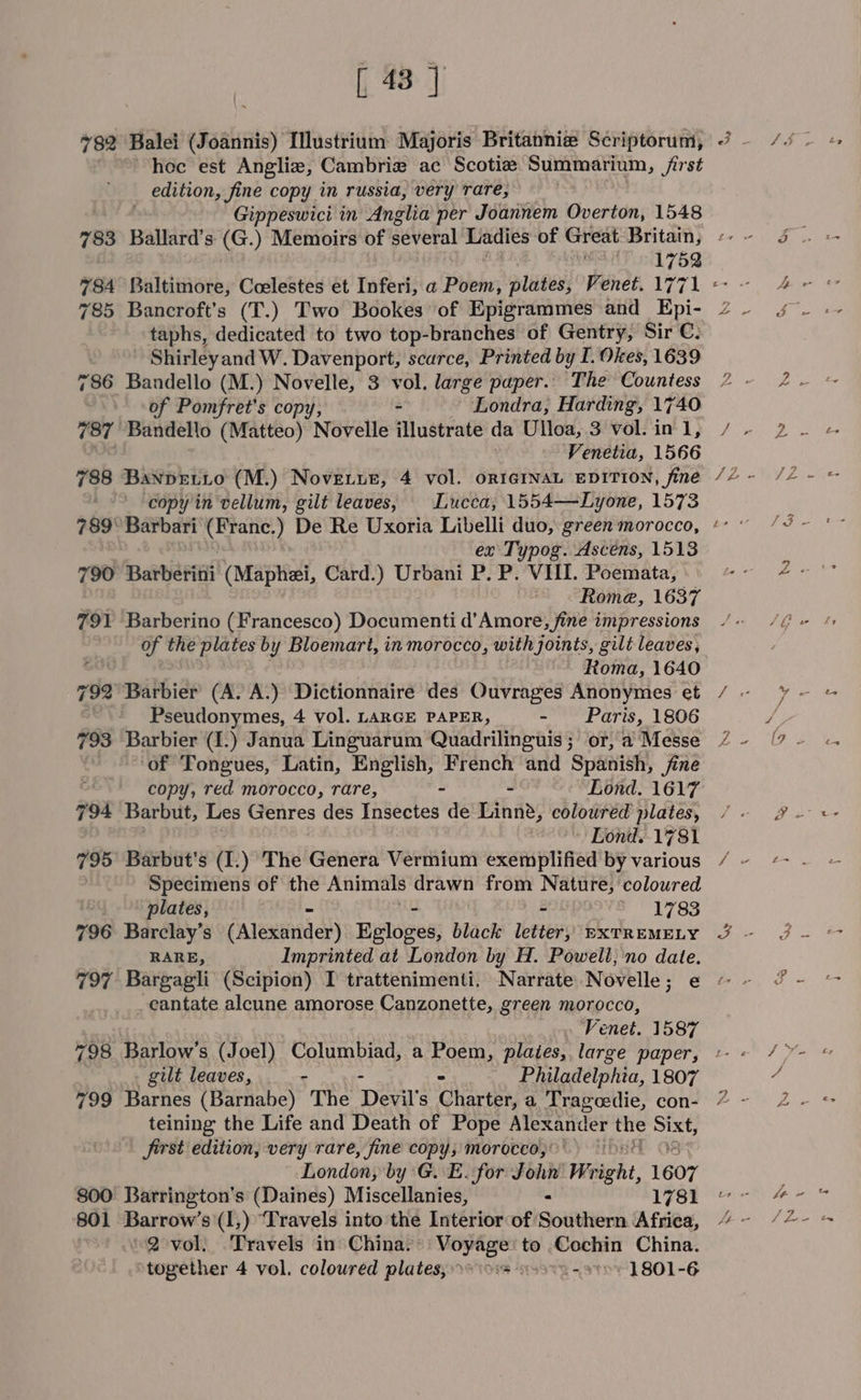 [, 48] Balei (Joannis) Ilustrium Majoris Britannize Scriptorum, hee est Anglia, Cambriz ac Scotiz Summarium, Sirst edition, fine copy in russia, very rare, Gippeswici in Anglia per Joannem Overton, 1548 Ss) 78 1752 784 Baltimore, Coelestes et Inferi, a Poem, plates, Venet. 1771 785 Bancroft’s (T.) Two Bookes of Epigrammes and Epi- taphs, dedicated to two top-branches of Gentry, Sir C. ; Shirleyand W. Davenport, scarce, Printed by I. Okes, 1639 786 Bandello (M.) Novelle, 3 vol. large paper. The Countess 7 of Pomfret's copy, - Londra, Harding, 1740 787 Bandello (Matteo) Novelle illustrate da Ulloa, 3 vol. in 1, te Venetia, 1566 788 BaNprtio (M.) Nove.ur, 4 vol. ORIGINAL EDITION, fine . copy in vellum, gilt leaves, Lucca, 1554—Lyone, 1573 789° Barbari Uapanic: ) De Re Uxoria Libelli duo, green morocco, ex Typog. Ascéns, 1513 790 patter (Maphei, Card.) Urbani P. P. VII. Poemata, Rome, 1637 791 Barberino (Francesco) Documenti d’Amore, fine impressions of the plates by Bloemart, in morocco, with joints, gilt leaves, Hoi, 1640 792 Barbier (A. A.) Dictionnaire des Ouvrages Anonymes et Pseudonymes, 4 vol. LARGE PAPER, - Paris, 1806 793 Barbier (1.) Janua Linguarum Quadrilinguis; or, a Messe of Tongues, Latin, English, French and Spanish, fine copy, red morocco, rare, - Lond. 1617 794 Barbut, Les Genres des Insectes de pihiies coloured plates, Lond. 1781 795 Barbut's (I.) The Genera Vermium exemplified by various | Specimens of the Animals drawn from Nature, coloured IBY plates, - - &gt; 1783 796 Barclay’s (Alesse er) Egloges, black letter, rxTREMELY RARE, Imprinted at London by H. Powell, no date. ny ws . cantate alcune amorose Canzonette, green morocco, Venet. 1587 gilt leaves, ~ - - Philadelphia, 1807 teining the Life and Death of Pope Alexander a5 Bay first edition, very rare, fine copy, morocco,” | London, by G. E. for John Wi Aas: 1607 800 Barrington'’s (Daines) Miscellanies, - 1781 801 Barrow’s\(I,) ‘Travels into the Interior of Southern Africa, 2 vol. .Travels in China. Voyage! to .Cochin China. together 4 vol. coloured plates)» 99 “9952-9. 1801-6