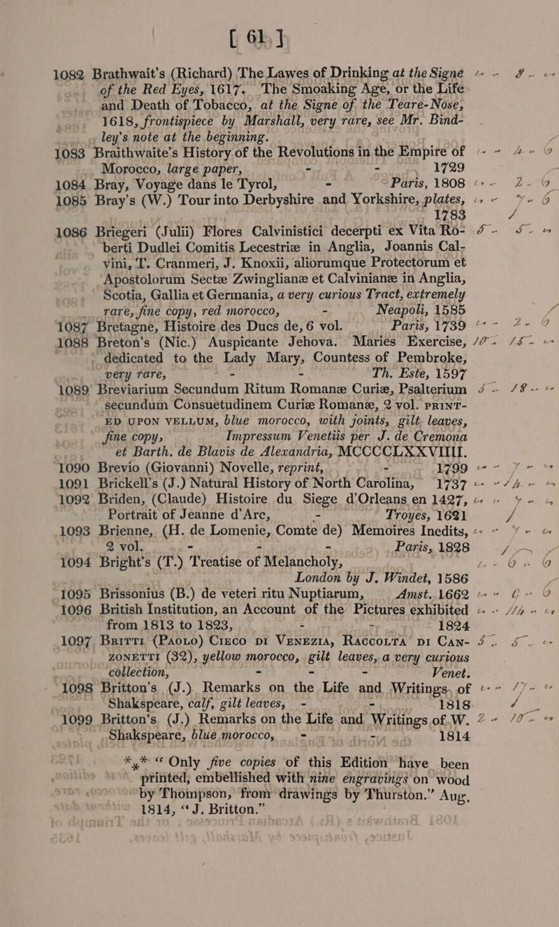[ 61] 1082 Brathwait’s (Richard) The Lawes of Drinking at the Signe of the Red Eyes, 1617. The Smoaking Age, or the Life and Death of Tobacco, at the Signe of the Teare- Nose, 1618, frontispiece by Marshall, very rare, see Mr. Bind- ley’s note at the beginning. 1083 Braithwaite’s History of the Revolutions in the Empire of Morocco, large paper, - - 1729 1084 Bray, Voyage dans le Tyrol, - Paris, 1808 1783 1086 Briegeri “(Julii) Flores Calvinistici decerpti ex Vita Ro- ‘berti Dudlei Comitis Lecestrie in Anglia, Joannis Cal- vini, ‘I’. Cranmeri, J. Knoxii, aliorumque Protectorum et Apostolorum Secte Zwingliane et Calviniane in Anglia, Scotia, Gallia et Germania, a very curious Tract, extremely rare, fine copy, red morocco, - Neapoli, 1585 1087 Bretagne, Histoire des Ducs de, 6 vol. Paris, 1739 1088 Breton’s (Nic.) Auspicante Jehova. Maries Exercise, . dedicated to the Lady Mary, Countess of Pembroke, very rare, - Th. Este, 1597 1089 Breviarium Sactiatinn Ritum Teaihacks Curie, Psalterium ~~ secundum Consuetudinem Curie Romane, 2 vol. prinT- ED UPON VELLUM, blue morocco, with joints, gilt- leaves, Jine copy; Impressum Venetiis per J. de Cremona ) et Barth. de Blavis de Alexandria, MCCCCLXXVIIII. 1090 Brevio (Giovanni) Novelle, reprint, - 1799 1091 Brickell’s (J.) Natural History of North Carolina, 1737 1092 Briden, (Claude) Histoire du. Siege d’Orleans en 1427, Portrait of Jeanne d’Arc, - Troyes, 1621 2 vol. _- Paris, 1828 1094 Bright's (T.) Treatise ii eg eta Spa 3 1095 Brissonius (B.) de veteri ritu Nuptiarum, Amst. 1662 1096 British Institution, an Account of the Pictures exhibited from 1813 to 1823, = PY. 1824 1097. Brirrr (PaoLto) Creco pi Venezia, Raccoira pi Can- ZONETTI (32), yellow IE ORR gilt nats, a very curious collection, Venet. f t ls ae 1099 Britton’s (J.) Remarks on the Life and Writings of .W. Shakspeare, blue morocco, = hectx aay) 1814 *,* «© Only five copies of this Edition Hive, been * peri, embellished with nine engravings on wood “by Thompson, from drawings s(t Thurston.” aug. 1814, “J. Bakhsh rs ype