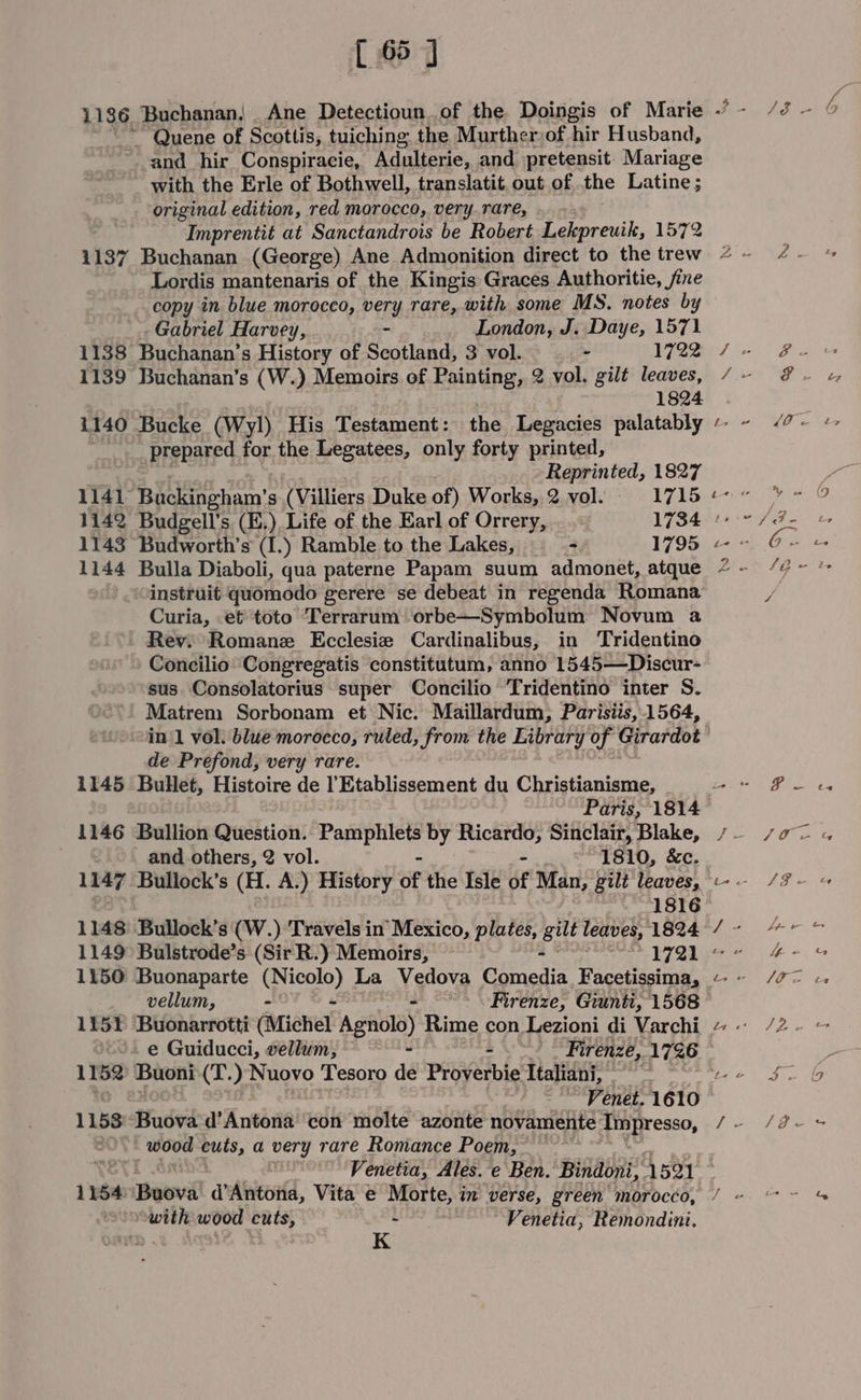 [ 66 J ~ Quene of Scottis, tuiching. the Murther of hir Husband, and hir Conspiracie, Adulterie, and pretensit. Mariage with the Erle of Bothwell, translatit. out of the Latine; original edition, red morocco, very.rare, Imprentit at Sanctandrois be Robert Lekpreuik, 1572 1137 Buchanan (George) Ane Admonition direct to the trew Lordis mantenaris of the Kingis Graces Authoritie, sine copy in blue morocco, very rare, with some MS. notes by ~ Gabriel Harvey, - London, J. Daye, 1571 1138 Buchanan’s History of Scotland, 3 vol. - 1722 1139 Buchanan’s (W.) Memoirs of Painting, 2 vol. gilt leaves, 1824 1140 Bucke (Wyl) His Testament: the Legacies palatably prepared for the Legatees, only forty printed, Reprinted, 1827 1141 Buckingham’ 8 (Villiers Duke of) Works, 2 vol. 1715 «° 1142 Budgell’s (E.) Life of the Earl of Orrery, 1734 7: 1143 Budworth’s (I.) Ramble to the Lakes, - 1795 1144 Bulla Diaboli, qua paterne Papam suum admonet, atque instruit quomodo gerere se debeat in regenda Romana Curia, et toto Terrarum orbe—Symbolum Novum a Revs Romane Ecclesie Cardinalibus, in Tridentino -) Concilio’ Congregatis constitutum, anno 1545—Discur- sus. Consolatorius super Concilio Tridentino inter S. Matrem Sorbonam et Nic. Maillardum, Parisiis,.1564, de Prefond, very rare. 1145 Bullet, Histoire de l Etablissement du Christianisme, 1146 Bullion Question. peers by Ricardo, Sinclair, Blake, and others, 2 vol. - 1810, &amp;c. 1816 1148 Bullock’s (W.) Travels in Mexico, plates, gilt leaves, 1824 1149 Bulstrode’s (Sir R.) Memoirs, - 1721 1150 Buonaparte ares) La Vedova Comedia Facetissima, i SE - é 2 ee Nh feed) Bhs fiw g ~ ee fl NS 1152 Buoni (T. ) Nuovo Tesoro dé Proverbie pore. ne 1158 ‘Buova d’ Antonia con molte azonte novamidhite Impresso, _ wood cuts, a very rare Romance Poem,” 1154 Boovil d’Antona, Vita e Morte, in verse, green morocco, swith wood cuts, - Venetia, Remondini. K