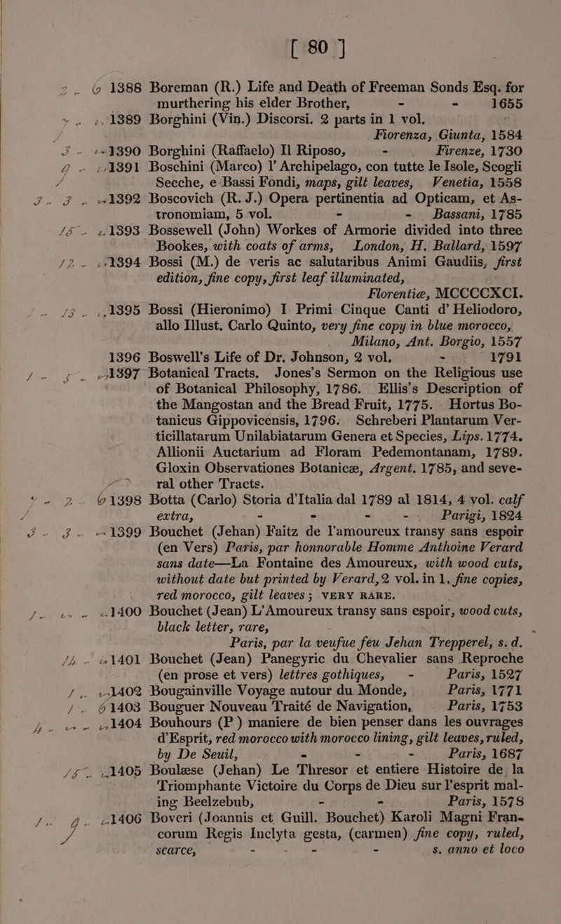 e wy [ 80 ] (¢ 1388 Boreman (R.) Life and Death of Freeman Sonds Esq. for murthering his elder Brother, - - 1655 . 1389 Borghini (Vin.) Discorsi. 2 parts in 1 vol. Fiorenza, Giunta, 1584 -~3390 Borghini (Raffaelo) Il Riposo, - Firenze, 1730 Bookes, with coats of arms, London, H. Ballard, 1597 edition, fine copy, first leaf illuminated, Florentie, MCCCCXCI. _,1895 Bossi (Hieronimo) I Primi Cinque Canti d’ Heliodoro, allo Illust. Carlo Quinto, very fine copy in blue merocco,. Milano, Ant. Borgio, 1557 1396 Boswell’s Life of Dr. Johnson, 2 vol, ~ 1791 51397 Botanical Tracts. Jones’s Sermon on the Religious use of Botanical Philosophy, 1786. Ellis’s Description of the Mangostan and the Bread Fruit, 1775. _ Hortus Bo- tanicus Gippovicensis, 1796. Schreberi Plantarum Ver- ticillatarum Unilabiatarum Genera et Species, Lips. 1774. Allionii Auctarium ad Floram Pedemontanam, 1789. Gloxin Observationes Botanice, Argent. 1785, and seve- ~—* yal other Tracts. 6. 1398 Botta (Carlo) Storia d'Italia dal 1789 al 1814; 4 vol. calf extra, - ~ - . Parigi, 1824 + 1399 Bouchet (lewis, Faitz de l’amoureux transy sans espoir (en Vers) Paris, par honnorable Homme Anthoine Verard sans date—La Fontaine des Amoureux, with wood cuts, without date but printed by Verard,2 vol. in 1. fine copies, red morocco, gilt leaves ; VERY RARE. ..1400 Bouchet (Jean) L’Amoureux transy sans espoir, wood cuts, black letter, rare, Paris, par la veufue feu Jehan Trepperel, s. d. (en prose et vers) lettres gothiques, - Paris, 1527 1402 Bougainville Voyage autour du Monde, Paris, 1771 61403 Bouguer Nouveau Traité de Navigation, Paris, 1753 1404 Bouhours (P ) maniere de bien penser dans les ouvrages d’Esprit, red morocco with morocco lining, gilt leaves, ruled, by De Seuil, - Paris, 1687 1405 Boulese (Jehan) Le Thre et entiere Histoire de la Triomphante Victoire du Corps de Dieu sur l’esprit mal- ing Beelzebub, - Paris, 1578 corum Regis ee gesta, (carmen) jine copy, ruled, scarce, - - - s. anno et loco