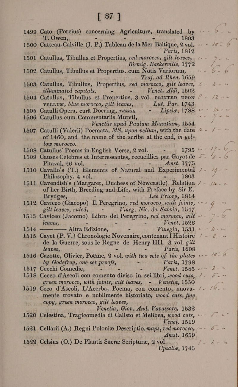 1499 Cato (Porcius) sepeerning Aaricnlinte, translated by 'T. Owen, 1803 1500 Catteau-Calville (I. P) Tableau de la Mer. Baltique, 2 vol. Paris, 1812 1501 Catullus, Tibullus et: Propertius, red morocco, gilt leaves, Birmig. Baskerville, 1772 1502. Catullus, 'Tibullus et Propertius..cum Notis Variorum, Traj. ad hen, 1659, 1503: Catullus, Tibullus, Propertius, red morocco, gilt leaves, illuminated capitals, - - Venet. Aldi, 1502 VELLUM, blue morocco, gilt leaves, Lut. Par. 1748 1506 Catullus cum.Commentariis Mureti,. Venetiis apud. Paulum Manutium, 1554 low morocco. 1508 Catullus’ Poems in English Verse, 2 val. - 1795 1509 Causes Celebres et Interressantes, recucillies par Gayot de Pitaval, 26 vol.. - - Amst, 1775 1510 Cavallo’s (T.) Elements of Natural and. Experimental Philosophy, 4 vol. - 1803 1511 Cavendish’s (Margaret, Tien: of Nawicasila) Relation of her Birth, Breeding and: Life,.with Preface by Sir E. Brydges, - - Lee Priory, 1814 1512 Caviceo (Giacopo) Il Peregrino, red morocco, with joints, gilt leaves, ruled, - Vineg. Nic. da Sabbio, 1547 1513 Caviceo (Jacomo) Libro del Peregrino, red morocco, gilt leaves, - - - Venet. 1526 1514 Altra Edizione, &gt; Vinegia, 1531 1515 Cayet (P. V.) Chronologie Novenaire, contenant I’ Histoire de la Guerre, sous le Regne de Henry IIII. 3 vol. gilt leaves, - Paris, 1608 1516 Cazotte, Olivier, Posme, Q CoE with two sets of the plates by Godefroy, one set proofs, - Paris, 1798 1517 Cecchi Comedie, - - - Venet. 1585 : 1518 Cecco d’Ascoli con comento diviso in sei, libri, wood culs, green morocco, with joints, gilt leaves. - Venetia, 1550 1519 Ceco d'Ascoli, L’Acerba, Poema, con comento, nuova- , Mente trovato e nobilmente historiato, wood cuts, fine copy, green morocco, gilt leaves, Venetia, Giov. And. Vavassore, 1532 ~ Ss -Venet. 1519 1521 Cellarii (A.) Regni Poloniz Descriptio, maps, red morocco, Amst. 1659 1522 Celsius (O.) De Plantis Sacre Scripture, 2 vol... Upsalie, 1745 APES 4 ; ? jee Ceo ale sf Lt Fie o- i Jb ? re 4 ee | bp Nn / P 43 iP See ei Slee - G Se) oe ep yf 10-2 Ve t. =e a | / GFP- « + on «.” Ey Aid ida eee