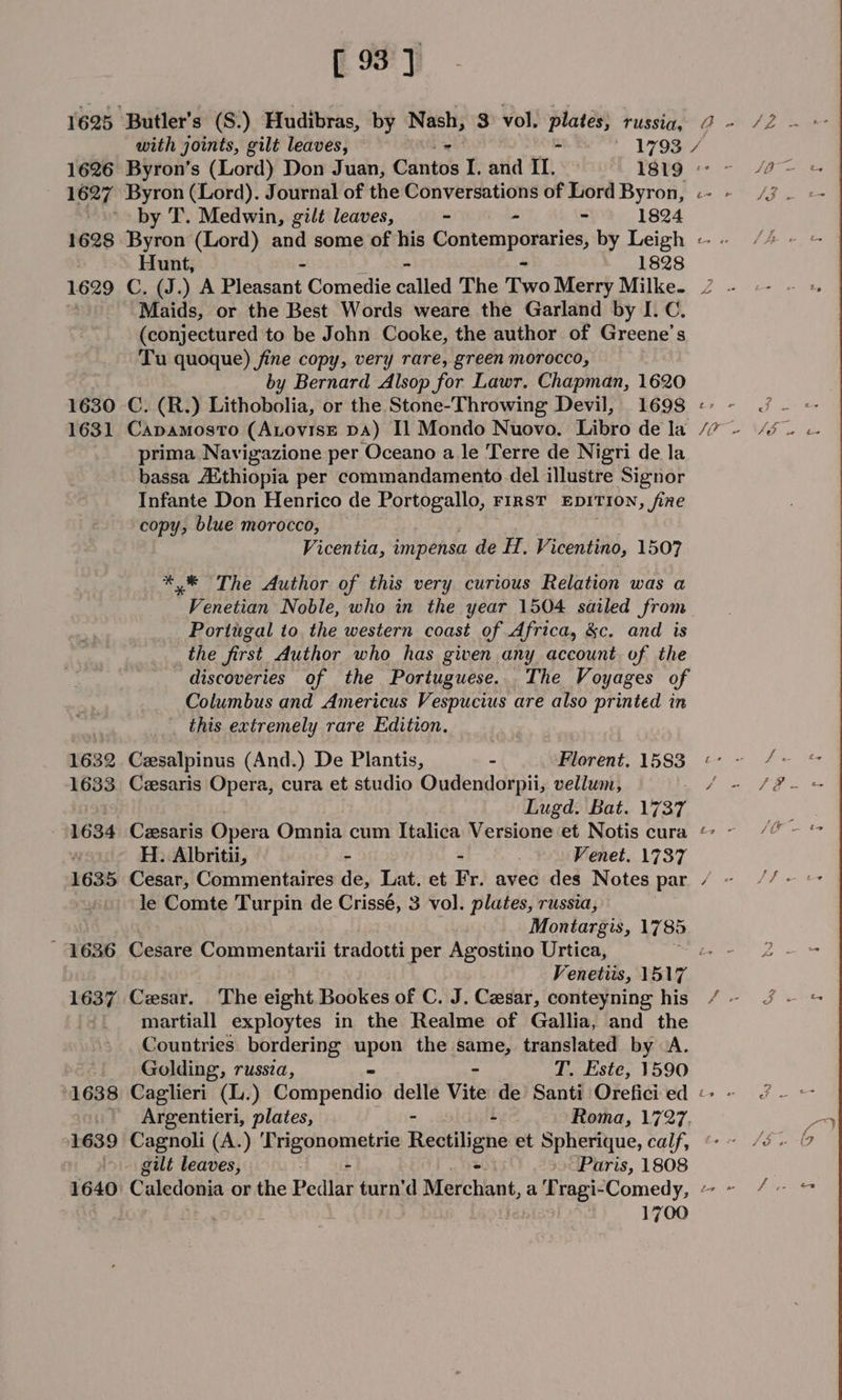 [93] at ag (Lord). Journal of the Conversations of Lord Byron, ~ by T. Medwin, gilt leaves, - - 1824 &amp; oo ~ o- - Hunt, 1828 1629 C.(J.) A Pleasant Comedie pated The Two Merry Milke. Maids, or the Best Words weare the Garland by I. C, (conjectured to be John Cooke, the author of Greene’s Tu quoque) fine copy, very rare, green morocco, by Bernard Alsop for Lawr. Chapman, 1620 1630 C. (R.) Lithobolia, or the Stone-Throwing Devil, 1698 1631 Capamosto (Axovise pa) Il Mondo Nuovo. Libro de la prima Navigazione per Oceano a le Terre de Nigri de la bassa Acthiopia per commandamento del illustre Signor Infante Don Henrico de Portogallo, rirst EDITION, fine copy, blue morocco, Vicentia, impensa de H. Vicentino, 1507 *,* The Author of this very curious Relation was a Venetian Noble, who in the year 1504 sailed from Portugal to the western coast of Africa, &amp;c. and is the first Author who has given any account. of the discoveries of the Portuguese. The Voyages of Columbus and Americus Vespucius are also printed in this extremely rare Edition. 1632 Czsalpinus (And.) De Plantis, ~ Florent, 1583 1633 Cesaris Opera, cura et studio Oudendorpii, vellum, Ye Lugd. Bat. 1737 1634 Cesaris Opera Omnia cum Italica Versione et Notis cura A H: Albritii, - - Venet. 1737 1635 Cesar, Commentaires de, Lat. et Fr. avec des Notes par le Comte Turpin de Crissé, 3 vol. plates, russia, Montargis, 1785 1636 Cesare Commentarii tradotti per Agostino Urtica, 1637 Cesar. The eight Bookes of C. J. Cesar, conteyning his --{ martiall exploytes in the Realme of Gallia, and the Countries. bordering are the same, translated by A. Golding, russia, - T. Este, 1590 . Argentieri, plates, Roma, 1727. 1639 Cagnoli (A.) Erguhomatiss Reatiligne et Spherique, calf, gilt leaves, Paris, 1808 1700 é / « a Pes re {F ~