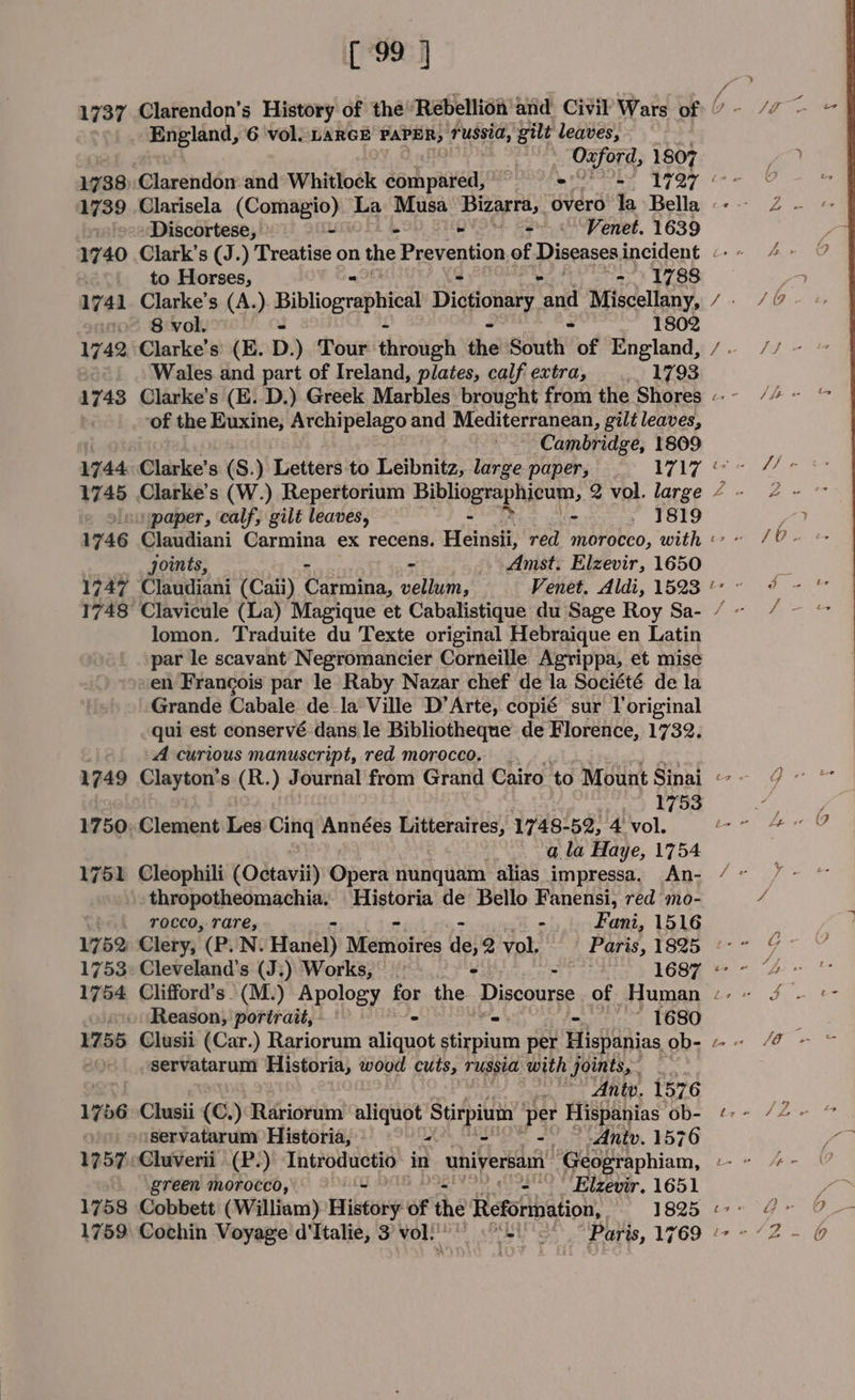 [99 J 1737 Clarendon’s History of the Rebellion’ and Civil Wars of England, 6 vol. LARGE PAPER, ‘russia, gilt leaves, Oxford, 1807 Discortese, u - elo 2) 0“ Penet. 1639 to Horses, Ba 1788 are Clarke’s (A.) Bibliographical Dictionary ‘rd Miscellany, sndot Sivol. - 1802 1742 Clarke's: (E. D) Tour hotel the South of England, 2¢*) Wales and part of Ireland, plates, calfextra, .,_ 1793 1743 Clarke’s (E. D.) Greek Marbles brought from the Shores t of the Euxine, Archipelago and Mediterranean, gilt leaves, Cambridge, 1809 1745 Clarke’s (W.) Repertorium Bibligrspaipum, 2 vol. large paper, calf, gilt leaves, . 1819 | joints, - - Amst. Elzevir, 1650 1747 Claudiani (Caii) Carmina, vellum, 1748 Clavicule (La) Magique et Cabalistique du Sage Roy Sa- lomon. Traduite du Texte original Hebraique en Latin par le scavant’ Negromancier Corneille Agrippa, et mise en Francois par le Raby Nazar chef de la Société de la Grande Cabale de la Ville D’Arte, copié sur l'original qui est conservé dans le Bibliotheque de Florence, 1732. A curious manuscript, red morocco. _ 1753 1750. Clement Les Cing Années Litteraires, 1748-52, 4 vol. a la Haye, 1754 1751 Cleophili (Octavii) Opera nunquam. alias impressa. An- thropotheomachia. Historia de Bello Fanensi, red mo- rocco, rare, - - Fani, 1516 1753: Cleveland’s (J.) Works, eae 1687 ovo Reason, portrait,’ - - 1680 1755 Clusii (Car.) Rariorum aliquot stirpium per Hispanias, ob- . servatarum Historia, wood cuts, russia with joints, ro Antv, 1576 1756 Clusii (C.) Rariorum aliquot Stirpiumn | per Hispanias ob- aservatarum Historia, Lat, SRS a Antv. 1576 green morocco, - 2. Elzevir. 1651 1758 Cobbett (William) Priseey of the ftaroRbiation, 3 1825 ~ \