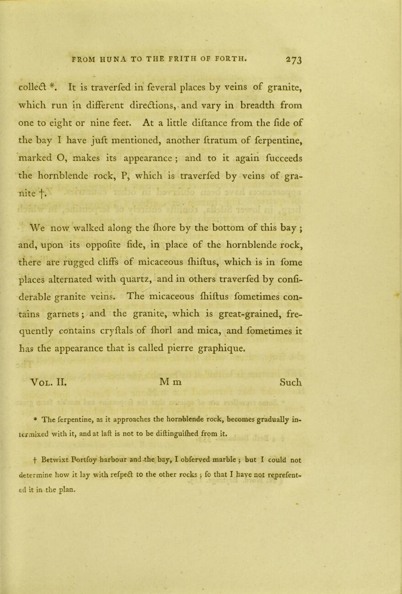 colleCl *. It is traverfed in feveral places by veins of granite, which run in different directions, and vary in breadth from one to eight or nine feet. At a little diftance from the fide of the bay I have juft mentioned, another ftratum of ferpentine, marked O, makes its appearance ; and to it again fucceeds the hornblende rock, P, which is traverfed by veins of gra- nite j\ We now walked along the fhore by the bottom of this bay ; and, upon its oppofite fide, in place of the hornblende rock, there are rugged cliffs of micaceous fhiflus, which is in fome places alternated with quartz, and in others traverfed by confi- derable granite veins. The micaceous fhiflus fometimes con- tains garnets ; and the granite, which is great-grained, fre- quently contains cryflals of fhorl and mica, and fometimes it has the appearance that is called pierre graphique. Vol. II. M m Such * The ferpentine, as it approaches the hornblende rock, becomes gradually in- termixed with it, and at laft is not to be diftinguilhed from it. f Betwixt Bortfoy harbour and -the bay, I obferved marble ; but I could not determine how it lay with refpedl to the other rocks ; fo that I have not reprefent- ed it in the plan.