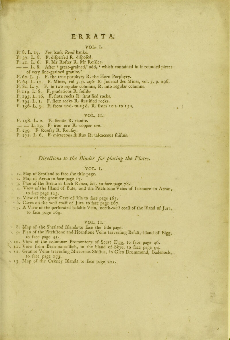 ERRATA. VOL. I. P. 8. L. 17. For bank Read banks. P. 37. L. 8. F. difperfed R. difpofed. P. 41. L. 6. F. Mr Rofter R. Mr Rofsler. L. 8. After * great-grained,’ add, ‘ which contained in it rounded pieces of very fine-grained granite.’ P. 60. L. 5. F. the true porphyry R. the Horn Porphyry. P. 64. L. 11. F. Mines, vol 5. p. 296- R- Journal des Mines, vol. 5. p. 296. 81. L. 7. F. in two regular columns, R. into regular columns. 119. L. 8. F. gradations R. fofiils. 193. L. 16. F. flotz rocks R. ftratified rocks. 194. L. 1. F. flotz rocks R. ftratified rocks. 196. L. 3. F. from iod. to 13 d. R. from 10 s. to 15 s. P. P- P. P. P. VOL. II. P. 19S. L. 2. F- fienite R. cianite. — — L. 13. F- iron ore R- copper ore. P. 239. F- Ronfay R. Roufay. P. 271. L. 6. F. micaceous ihiftus R. talcaceous fhifius. Directions to the Binder for placmg the Plates. vol. 1. 1. Map of Scotland to face the title page. 2. Map of Arran to face page 17. 3. Plan of the Strata at Loch Ranza, &c. to face page 78. 4. \ icw of the Ifiand of Bute, and the Pitchflone Veins of Tormore in Arran, to Lee page 103. if. View of the great Cave of Ifla to face page 165. 6. Caves on the weft coaft of Jura to face page 167. 7. A View of tbe perforated bafaltic Vein, north-weft coaft of the Ifland of Jura, to face page 169. VOL. II. s 8. Map of the Shetland Iflands to face the title page. x 9. Plan of the Pitchftone and Hornftone Veins traverfing Eafalt, ifland of Eige. to face page 45. 6b \ jo. View of the columnar Promontory of Scure Eigg, to face page 46. \ 11. View from Bean-na-caillich, in the ifland of Skye, to face page 94. N 12. Granite Veins travelling Micaceous Shiftus, in Glen Drummond, Badenoch. to face page 173.