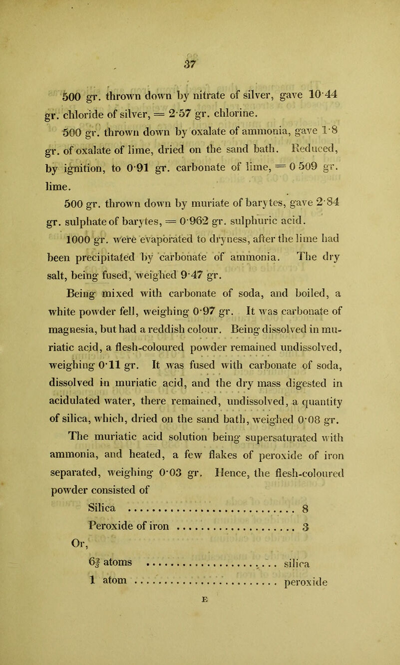 500 gr. thrown down by nitrate of silver, gave 10 44 gr. chloride of silver, = 2 57 gr. chlorine. 500 gr. thrown down by oxalate of ammonia, gave 18 gr. of oxalate of lime, dried on the sand bath. Reduced, by ignition, to 0’91 gr. carbonate of lime, = 0 509 gr. lime. 500 gr. thrown down by muriate of bary tes, gave 2-84 gr. sulphate of barytes, = 0 962 gr. sulphuric acid. 1000 gr. were evaporated to dryness, after the lime had been precipitated by carbonate of ammonia. The dry salt, being fused, weighed 9 47 gr. Being mixed with carbonate of soda, and boiled, a white powder fell, weighing 0’97 gr. It was carbonate of magnesia, but had a reddish colour. Being dissolved in mu- riatic acid, a flesh-coloured powder remained undissolved, weighing 0*11 gr. It was fused with carbonate of soda, dissolved in muriatic acid, and the dry mass digested in acidulated water, there remained, undissolved, a quantity of silica, which, dried on the sand bath, weighed 0 08 gr. The muriatic acid solution being supersaturated with ammonia, and heated, a few flakes of peroxide of iron separated, weighing 0-03 gr. Hence, the flesh-coloured powder consisted of Silica 8 Peroxide of iron 3 Or, 6f atoms silica 1 atom peroxide E