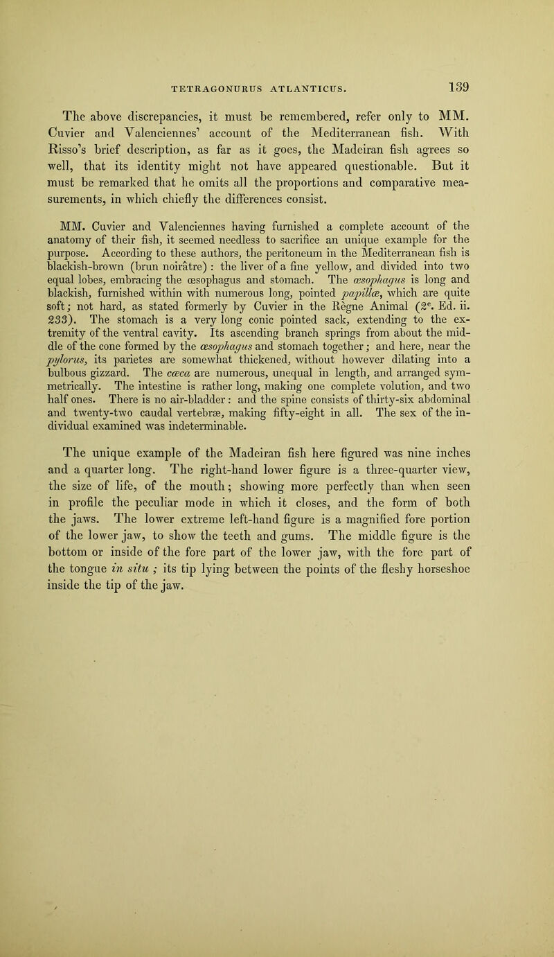 The above discrepancies, it must be remembered, refer only to MM. Cuvier and Valenciennes’ account of the Mediterranean fish. With Risso’s brief description, as far as it goes, the Madeiran fish agrees so well, that its identity might not have appeared questionable. But it must be remarked that he omits all the proportions and comparative mea- surements, in which chiefly the differences consist. MM. Cuvier and Valenciennes having furnished a complete account of the anatomy of their fish, it seemed needless to sacrifice an unique example for the purpose. According to these authors, the peritoneum in the Mediterranean fish is blackish-brown (brun noiratre) : the liver of a fine yellow, and divided into two equal lobes, embracing the oesophagus and stomach. The oesophagus is long and blackish, furnished within with numerous long, pointed papillce, which are quite soft; not hard, as stated formerly by Cuvier in the Regne Animal (2®. Ed. ii. 233). The stomach is a very long conic pointed sack, extending to the ex- tremity of the ventral cavity. Its ascending branch springs from about the mid- dle of the cone formed by the oesophagus and stomach together; and here, near the pylorus, its parietes are somewhat thickened, without however dilating into a bulbous gizzard. The cceca are numerous, unequal in length, and arranged sym- metrically. The intestine is rather long, making one complete volution, and two half ones. There is no air-bladder: and the spine consists of thirty-six abdominal and twenty-two caudal vertebrae, making fifty-eight in all. The sex of the in- dividual examined was indeterminable. The unique example of the Madeiran fish here figured was nine inches and a quarter long. The right-hand lower figure is a three-quarter view, the size of life, of the mouth; showing more perfectly than when seen in profile the peculiar mode in which it closes, and the form of both the jaws. The lower extreme left-hand figure is a magnified fore portion of the lower jaw, to show the teeth and gums. The middle figure is the bottom or inside of the fore part of the lower jaw, with the fore part of the tongue in situ ; its tip lying between the points of the fleshy horseshoe inside the tip of the jaw.