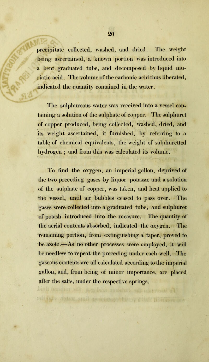 precipitate collected, washed, and dried. The weight being ascertained, a known portion was introduced into a bent graduated tube, and decomposed by liquid mu- riatic acid. The volume of the carbonic acid thus liberated, indicated the quantity contained in the water. The sulphureous water was received into a vessel con- taining a solution of the sulphate of copper. The sulpliuret of copper produced, being collected, washed, dried, and its Aveight ascertained, it furnished, by referring to a table of chemical equivalents, the Aveight of sulphuretted hydrogen ; and from this was calculated its volume. To find the oxygen, an imperial gallon, deprived of the two preceding gases by liquor potassm and a solution of the sulphate of copper, Avas taken, and heat applied to the vessel, until air bubbles ceased to pass over. The gases were collected into a graduated tube, and sulpliuret of potash introduced into the measure. The quantity of the aerial contents absorbed, indicated the oxygen. The remaining portion, from extinguishing a taper, proved to be azote.—As no other processes Avere employed, it will be needless to repeat the preceding under each Avell. 'The gaseous contents are all calculated according to the imperial gallon, and, from being of minor importance, are placed after the salts, under the respective springs.