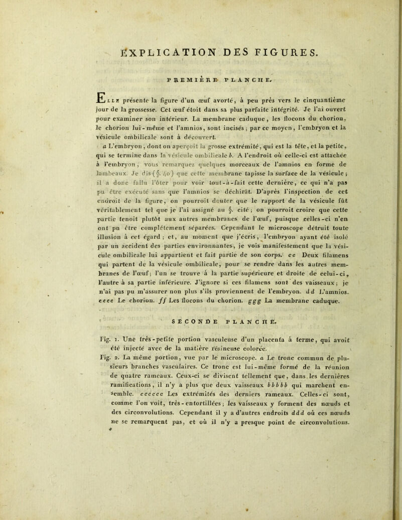 EXPLICATION DES FIGURES. PREMIÈRE- PLANCHE, LIE présente la figure d’un œuf avorté, à peu prés vers le cinquantième jour de la grossesse. Cet œuf étoit dans sa plus parfaite intégrité. Je l’ai ouvert pour examiner son intérieur. La membrane caduque, les flocons du chorion, le chorion lui-même et l’amnios, sont incisés; parce moyen, l’embryon et la vésicule ombilicale sont à découvert. a L’embryon , dont on aperçoit la grosse extrémité, qui est la tête, et la petite, qui se termine dans la vésicule ombilicale b. A l’endroit où celle-ci est attachée à l’embryon, vous remarquez quelques morceaux de l’amnios en forme de lambeaux. Je dis (§.40) que cette membrane tapisse la surface de la vésicule; il a donc fallu l’ôter pour voir tout-à-fait cette dernière, ce qui n’a pas pu être exécuté sans que î’amnios se déchirât. D’après l’inspection de cet endroit de la figure, on pourroit douter que le rapport de la vésicule fût véritablement tel que je l’ai assigné au §. cité ; on pourroit croire que cette partie tenoit plutôt aux autres membranes de l’œuf, puisque celles-ci n’en ont pu être complètement séparées. Cependant le microscope détruit toute illusion à cet égard; et, au moment que j’écris, l’embryon ayant été isolé par un accident des parties environnantes, je vois manifestement que la vési- cule ombilicale lui appartient et fait partie de son corps, cc Deux filamens qui partent de la vésicule ombilicale, pour se rendre dans les autres mem- branes de l’œuf; l’un se trouve à la partie supérieure et droite de celui-ci,, l’autre à sa partie inférieure. J’ignore si ces filamens sont des vaisseaux; je n’ai pas pu m’assurer non plus s’ils proviennent de l’embryon, dd L’amnios. ceee Le chorion. //Les flocons du chorion. ggg La membrane caduque. ‘ ' seconde planche. Fig. 1. Une très-petite portion vasculeuse d’un placenta à terme, qui avoif été injecté avec de la matière résineuse colorée. \ Fig. 2. La même portion, vue par lé microscope, a Le tronc commun de plu- sieurs branches vasculaires. Ce tronc est lui-même formé de la réunion de quatre rameaux. Ceux-ci se divisent tellement que, dans les dernières ramifications, il n’y a plus que deux vaisseaux hbhhh qui marchent en- semble. cccccc Les extrémités des derniers rameaux. Celles-ci sont, comme l’on voit, très - entortillées ; les vaisseaux y forment des nœuds et des circonvolutions. Cependant il y a d’autres endroits ddd où ces nœuds ne se remarquent pas, et où il n’y a presque point de circonvolutions. *