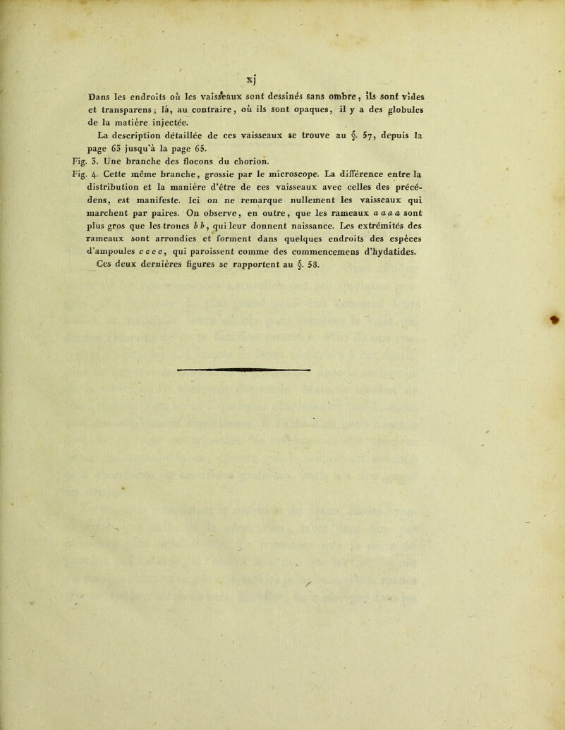 xj Dans les endroits où les vaisseaux sont dessinés sans ombre, ils sont vides et transparens ; là, au contraire, où ils sont opaques, il y a des globules de la matière injectée. La description détaillée de ces vaisseaux se trouve au §. 67, depuis la page 63 jusqu’à la page 65. Fig. 3. Une branche des flocons du chorion. Fig. 4. Cette même branche, grossie par le microscope. La différence entre la distribution et la manière d’être de ces vaisseaux avec celles des précé- dens, est manifeste. Ici on ne remarque nullement les vaisseaux qui marchent par paires. On observe, en outre, que les rameaux aaaa sont plus gros que les troncs qui leur donnent naissance. Les extrémités des rameaux sont arrondies et forment dans quelques endroits des espèces d’ampoules cccc, qui paroissent comme des commencemens d’hydatides. Ces deux dernières figures se rapportent au §. 58.