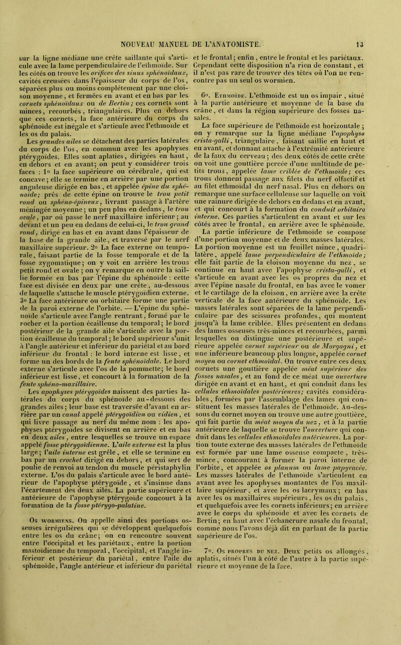 sur la ligne médiane une crête saillante qui s’arti- cule avec la lame perpendiculaire de l’etlimoïde. Sur les eôtés on trouve les orifices des sinus sphénoïdaux, cavités creusées dans l’épaisseur du corps de l’os, séparées plus ou moins complètement par une cloi- son moyenne, et fermées en avant et en bas par les cornets sphénoïdaux ou de Bertin ; ces cornets sont minces, recourbés, triangulaires. Plus en dehors que ces cornets, la face antérieure du corps du sphénoïde est inégale et s’articule avec l’ethmoïde et les os du palais. Les grandes ailes se détachent des parties latérales du corps de l’os, en commun avec les apophyses ptérygoïdes. Elles sont aplaties, dirigées en haut, en dehors et en avant; on peut y considérer trois faces : 1“ la face supérieure ou cérébrale, qui est concave; elle se termine en arrière par une portion anguleuse dirigée en bas , et appelée épine du sphé- noïde; près de cette épine on trouve le trou ijetit rond ou sphéno-épineux, livrant passage à l’artère méningée moyenne ; un peu plus en dedans, le trou ovale, par où passe le nerf maxillaire inférieur; au devant et un peu eu dedans de celui-ci, le trou grand rond, dirigé en bas et en avant dans l’épaisseur de la base de la grande aile, et traversé par le nerf maxillaire supérieur. 2° La face externe ou tempo- rale, faisant partie de la fosse temporale et de la fosse zygomatique ; on y voit en arrière les trous petit rond et ovale ; on y remarque en outre la sail- lie formée en bas par l’épine du sphénoïde : cette face est divisée en deux par une crête, au-dessous de laquelle s’attache le muscle ptérygoïdien externe. 3» La face antérieure ou orbitaire forme une partie de la paroi externe de l’orbite. — L’épine du sphé- noïde s’articule avec l’angle rentrant, formé par le rocher et la portion écailleuse du temporal; le bord postérieur de la grande aile s’articule avec la por- tion écailleuse du temporal ; le bord supérieur s’unit h l’angle antérieur et inférieur du pariétal et au bord inférieur du frontal : le bord interne est lisse, et forme un des bords de la fente sphénoïdale. Le bord externe s’articule avec l’os de la pommette; le bord inférieur est lisse, et concourt à la formation de la fente sphéno-maxillaire. Les apophyses ptérygoïdes naissent des parties la- térales du corps du sphénoïde au-dessous des grandes ailes ; leur base est traversée d’avant en ar- rière par un canal appelé ptérygoïdien ou vidien, et qui livre passage au nerf du même nom : les apo- physes ptérygoïdes se divisent en arrière et en bas en deux ailes, entre lesquelles se trouve un espace appelé fosseptérygoïdienne. n'allé externe est la plus large ; l’oiïe interne est grêle , et elle se termine en bas par un crochet dirigé en dehors, et qui sert de poulie de renvoi au tendon du muscle péristaphylin externe. L’os du palais s’articule avec le bord anté- rieur de l’apophyse ptérygoïde, et s’insinue dans l’écartement des deux ailes. La partie supérieure et antérieiire de l’apophyse ptérygoïde concourt à la formation de la fossepitérygo^alatine. Os woRMiF.NS. On appelle ainsi des portions os- seuses irrégulièi*es qui se développent quelquefois entre les os du crâne; on en rencontre souvent entre l’occipital et les pariétaux, entre la portion mastoïdienne du temporal, l’occipital, et l’angle in- férieur et postérieur du pariétal, entre l’aile du sphénoïde, l’angle antérieur et inférieur du pariétal et le frontal ; enfin , entre le frontal et les pariétaux. Cependant cette disposition iTa rien de constant, et il n’est pas rare de trouver des têtes où l’on ne ren- contre pas un seul os vvormien. 6“. Etiimoïde. L’ethmoïde est un os impair , situé à la partie antérieure et moyenne de la base du crâne, et dans la région supérieure des fosses na- sales. La face supérieure de l’ethmoïde est horizontale ; on y remarque sur la ligne médiane Vapophysa crista-galli, triangulaire , faisant saillie en haut et en avant, et donnant attache à l’extrémité antérieure de la faux du cerveau ; des deux côtés de cette crête on voit une gouttière percée d’une multitude de pe- tits trous, appelée lame criblée de l’ethmoïde; ces trous donnent passage aux filets du nerf olfactif et au filet ethmoïdal du nerf nasal. Plus en dehors on remarque une surface celluleuse sur laquelle on voit une rainure dirigée de dehors en dedans et en avant, et qui concourt à la formation du conduit orbitaire interne. Ces parties s’articulent en avant et sur les côtés avec le frontal, en arrière avec le sphénoïde. La partie inférieure de l’ethmoïde se compose d’une portion moyenne et de deux masses latérales. La portion moyenne est un feuillet mince , quadri- latère, appelé lame perpendiculaire de l’ethmoïde ; elle fait partie de la cloison moyenne du nez, se continue en haut avec l’apophyse crista-galli, et s’articule en avant avec les os propres du nez et avec l’épine nasale du frontal, en bas avec le vonier et le cartilage de la cloison, en arrière avec la crête verticale de la face antérieure du sphénoïde. Les masses latérales sont séparées de la lame perpendi- culaire par des scissures profondes, qui montent jusqu’à la lame criblée. Elles présentent en dedans des lames osseuses très-minces et recourbées, parmi lesquelles on distingue une postérieure et supé- rieure appelée cornet supérieur ou de Morgagni, et une inférieure beaucoup plus longue, appelée cornet moyen ou cornet ethmoïdal. On trouve entre ces deux cornets une gouttière appelée méat supérieur des fosses nasales, et au fond de ce méat une ouverture dirigée en avant et en haut, et qui conduit dans les cellules ethmoïdales postérieures; cavités considéra- bles, formées par l’assemblage des lames qui con- stituent les masses latérales de l’ethmoïde. Au-des- sous du cornet moyen on trouve une autre gouttière, qui fait partie du méat moyen du nez, et à la partie antérieure de laquelle se trouve Vouverture qui con- duit dans les cellules ethmoïdales antérieures. La por- tion toute externe des masses latérales de l’ethmoïdc est formée par une lame osseuse compacte , très- mince, concourant à former la paroi interne de l’orbite, et appelée os plawim ou lame papy racée. Les masses latérales de l’ethmoïde s’articulent en avant avec les apophyses montantes de l’os maxil- laire supérieur, et avec les os lacrymaux ; en bas avec les os maxillaires supérieurs, les os du palais, et quelquefois avec les cornets inférieurs; en arrière avec le corps du sphénoïde et avec les cornets de Bertin; en haut avec l’échancrure nasale du frontal, comme nous l’avons déjà dit en parlant de la partie supérieure de l’os. 7. Os PROPRES DU NEZ. Deux petits os allongés, aplatis, situés l’un à côté de l’autre à la partie supé- rieure et moyenne de la face.