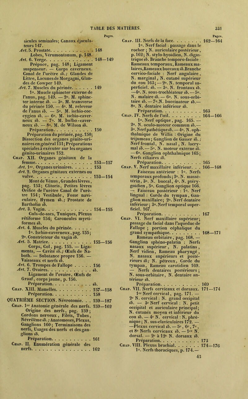 Pages. sicules séminales; Canaux éjacula- teurs 147. 5. Prostate 148 Lobes, Yérumontanum, p. 148. j4rt. 6. Verge 148—149 Prépuce, pag. 148; Ligament suspenseur. — Corps caverneux. Canal de l’urètre ib. ; Glandes de Littré, Lacunes de Morgagni, Glan- des de Cowper 149. ^rt. 7. Muscles du périnée 149 1». Muscle sphincter externe de l’anus, pag. 149. — 2». M. sphinc- ter interne ib. — Z°. M. transverse du périnée 150. —4°. M. releveur de l’anus ib. — 5°. M. ischio-coc- cygien ib. — 6». M. ischio-caver- neux ib. — 7o. M. bulbo-caver- neux ib. — 8°. M. de Wilson ib. Préparation 150 Préparation du périnée, pag. 150; Dissection des organes génito-uri- naires en général 151 ; Préparations spéciales à exécuter sur les organes génito-urinaires 152. Chap. XII. Organes génitaux de la femme 15.3—157 1er. Organes urinaires. ..... 153 2. Organes génitaux externes ou vulve 153—154 Mont de Vénus, Grandes lèvres, pag. 153; Clitoris, Petites lèvres Orifice de l’urètre Canal de l’urè- tre 154 ; Vestibule, Fosse navi- culaire. Hymen ib.; Prostate de Bartholin ib. Art. 3. Vagin 154—155 Culs-de-sacs, Tuniques, Plexus rétiforme 154; Caroncules myrti- formes ib. Art. 4. Muscles du périnée 1°. Ischio-caverneux,pag. 155; 2°. Constricteur du vagin ib. Art. 5. Matrice 155—156 Corps, Col, pag. 155. — Liga- ments, — Cavité ib.; (Eufs de Na- both. — Substance propre 156. — Vaisseaux et nerfs ib. Art. 6. Trompes de Fallope 156 Art. 7. Ovaires ib. Ligament de l’ovaire, (Eufs de Graaf, corps jaune, p. 156. Préparation ib. Chap. XIII. Mamelles 157—158 Préparation 158 QUATRIÈME SECTION. Névrotomie. . . 159-187 Chap. 1er Anatomie générale des nerfs. 159—162 Origine des nerfs, pag. 159; Cordons nerveux , Filets, Tubes, Névrilème ib. ; Anatomoses, Plexus, Ganglions 160; Terminaisons des nerfs. Usages des nerfs et des gan- glions ib. Préparation 161 Chap. II. Énumération générale des nerfs 162 Pages. Chap. III. Nerfs de la face 162—164 1°. Nerf facial : passage dans le rocher ; N. auriculaire postérieur, p. 162; N. stylo-hyoïdien, N. digas- trique ib. Branche temporo-faciale : Rameaux temporaux, Rameaux ma- laires,Rameauxbuccauxï6.Branche cervico-faciale ; Nerf angulaire, N. marginal, N. cutané supérieur du cou 163; —2». N. temporal su- perficiel. ib. — 3o. N. frontaux ib. —4o. N. sous-trochléateur ib. —5». N. malaire— 6». N. sous-orbi- taire ib. — 7».N. buccinateur ib.— 8». N. dentaire inférieur ib. Préparation 163 Chap. IV. Nerfs de l’œil 164—166 1». Nerf optique, pag. 165. — 2o. N. oculo-moteur commun ib.— 3». Nerf pathétique îé. — 4«. N. oph- thalmique de Willis : Origine du trijumeau ; Ganglion de Gasser ib. ; Nerf frontal, N. nasal, N. lacry- mal ib.— 5». N. moteur externe ib. — 6o. Ganglion ophthalmique 165; Nerfs ciliaires ib. Préparation 165 Chap. V. Nerf maxillaire inférieur. . . 166—168 Faisceau antérieur ; l». Nerfs temporaux profonds; 2°. N. massé- térin, 3<>. N. buccal, 4°. N. ptéry- goïdien, 5°. Ganglion optique 166. — Faisceau postérieur : 1». Nerf lingual : Corde du tympan, Gan- glion maxillaire; 2». Nerf dentaire inférieur; 3».Nerf temporal super- ficiel. 167. Préparation Chap. VI. Nerf maxillaire supérieur; passage du facial dans l’aqueduc de Fallope ; portion céphalique du grand sympathique Rameau orbitaire, pag. 168. — Ganglion sphéno-palatin ; Nerfs nasaux supérieur , N. palatins , Nerf vidien, Rameau pharyngé, N. nasaux supérieurs et posté- rieurs ib; N. pétreux, Corde du tympan. Rameau carotidien 169. —' Nerfs dentaires postérieurs ; N. sous-orbitaire, N. dentaire an- térieur ib. Préparation 169 Chap. VII. Nerfs cervicaux et dorsaux. 171—174 1er Nerf cervical, pag. yf\. — 2e N. cervical : N. grand occipital ib. — 3“ Nerf cervical : N. petit occipital et auriculaire principal; N. cutanés moyen et inférieur du cou ib. — 4e N. cervical : N. phré- nique; N. sus-claviculaires 172. — —Plexus cervical ib. — 5e, 6e, 7e, et 8e Nerfs cervicaux ib. —1er N. dorsal. — 2e à 12e N. dorsaux ib. Préparation 173 Chap. VIII. Plexus brachial 174—176 1®. Nerfs thoraciques, p. 174.— 43 167 168—171