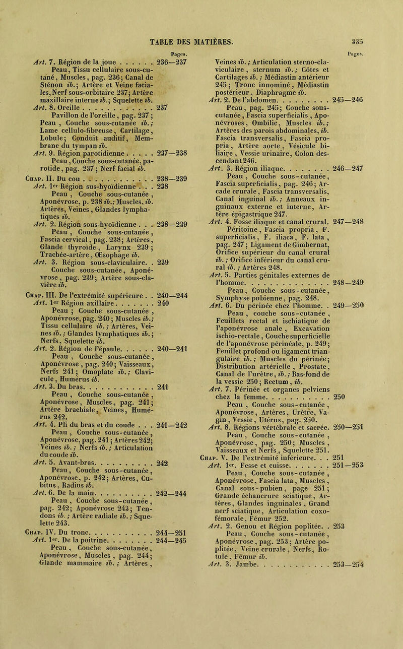 Pages, Pages. Art. 7. Région de la joue 236—237 Peau, Tissu cellulaire sous-cu- tané, Muscles, pag. 236; Canal de Sténon ih.] Artère et Veine facia- les,Nerf sous-orbitaire 237; Artère maxillaire interne î6.; Squelette ih. Art. 8. Oreille 237 Pavillon de l’oreille, pag. 237 ; Peau , Couche sous-cutanée ih. ; Lame cellulo-fibreuse, Cartilage, Lobule; Conduit auditif, Mem- brane du tympan ib. Art. 9. Région parotidienne 237—238 Peau, Couche sous-cutanée, pa- rotide, pag. 237 ; Nerf facial ih. Chap. II. Du cou 238—239 Art. 1er Région sus-hyoïdienne '^ . . 238 Peau , Couche sous-cutanée , Aponévrose, p. 238 ib.; Muscles, ib. Artères, Veines, Glandes lympha- tiques ib. Art. 2. Région sous-hyoïdienne . . . 238—239 Peau , Couche sous-cutanée , Fascia cervical, pag. 238; Artères, Glande thyroïde , Larynx 239 ; Trachée-artère, (Ésophage ib. Art. 3. Région sous-claviculaire. . 239 Couche sous-cutanée. Aponé- vrose , pag. 239 ; Artère sous-cla- vière ih. Chap. III. De l’extrémité supérieure . . 240—244 Art. 1er Région axillaire 240 Peau ; Couche sous-cutanée , Aponévrose, pag. 240 ; Muscles ib.; Tissu cellulaire ib. ; Artères, Vei- nes ib. ; Glandes lymphatiques ib. ; Nerfs, Squelette ib. Art. 2. Région de l’épaule 240—241 Peau , Couche sous-cutanée , Aponévrose , pag. 240; Vaisseaux, Nerfs 241; Omoplate ib.; Clavi- cule , Humérus ib. Art. 3. Du bras 241 Peau , Couche sous-cutanée , Aponévrose, Muscles, pag. 241; Artère brachiale. Veines, Humé- rus 242. Art. 4. Pli du bras et du coude . . . 241—242 Peau, Couche sous - cutanée , Aponévrose, pag. 241 ; Artères 242; Veines ib.; Nerfs i6.; Articulation du coude ib. Art. 5. Avant-bras 242 Peau, Couche sous - cutanée , Aponévrose, p. 242; Artères, Cu- bitus, Radius ib. Art. 6. De la main 242—244 Peau , Couche sous-cutanée , pag. 242; Aponévrose 243; Ten- dons ib. ; Artère radiale ib. ; Sque- lette 243. Chap. IV. Du tronc 244—251 Art. 1er. j)e la poitrine 244—245 Peau, Couche sous-cutanée. Aponévrose, Muscles, pag. 244; Glande mammaire ib. ; Artères , Veines ib. ; Articulation sterno-cla- viculaire , sternum ib. ; Côtes et Cartilages ib. ; Médiastin antérieur 245 ; Tronc innominé, Médiastin postérieur, Diaphragme ib. ..4rt. 2. De l’abdomen 245—246 Peau, pag. 245; Couche sous- cutanée, Fascia superficialis , Apo- névroses , Ombilic, Muscles ib. ; Artères des parois abdominales, ib. Fascia iransversalis, Fascia pro- pria , Artère aorte , Vésicule bi- liaire , Vessie urinaire. Colon des- cendant 246. Art. 3. Région iliaque 246—247 Peau, Couche sous-cutanée, Fascia superficialis, pag. 246; Ar- cade crurale, Fascia transversalis. Canal inguinal ib. ; Anneaux in- guinaux externe et interne. Ar- tère épigastrique 247. Art. 4. Fosse iliaque et canal crural. 247—248 Péritoine , Fascia propria , F. superficialis, F. iliaca, F. lata, pag. 247 ; Ligament de Gimbernat, Orifice supérieur du canal crural ib. ; Orifice inférieur du canal cru- ral ib. ; Artères 248. Art. 5. Parties génitales externes de l’homme 248—249 Peau, Couche sous-cutanée. Symphyse pubienne, pag. 248. Art. 6. Du périnée chez l’homme. . 249—250 Peau , couche sous-cutanée , Feuillets rectal et ischiatique de l’aponévrose anale , Excavation ischio-rectale, Couche superficielle de l’aponévrose périnéale, p. 249; Feuillet profond ou ligament trian- gulaire ib. ; Muscles du périnée ; Distribution artérielle , Prostate, Canal de l’urètre, ib. ; Bas-fond de la vessie 250 ; Rectum, ib. Art. 7. Périnée et organes pelviens chez la femme 250 Peau , Couche sous - cutanée , Aponévrose, Artères, Urètre, Va- gin , Vessie, Utérus, pag. 250. Art. 8. Régions vértébrale et sacrée. 250—251 Peau, Couche sous - cutanée , Aponévrose, pag. 250 ; Muscles , Vaisseaux et Nerfs,, Squelette 251. Chap. V. De l’extrémité inférieure. . . 251 Art. 1er. Fesse et cuisse 251—253 Peau, Couche sous-cutanée. Aponévrose, Fascia lata, Muscles , Canal sous-pubien, page 251; Grande échancrure sciatique, Ar- tères, Glandes inguinales , Grand nerf sciatique. Articulation coxo- fémorale. Fémur 252. Art. 2. Genou et Région poplitée. . 253 Peau, Couche sous-cutanée. Aponévrose, pag. 253; Artère po- plitée, Veine crurale, Nerfs, Ro- tule , Fémur ib. Art. 3. Jambe 253—254