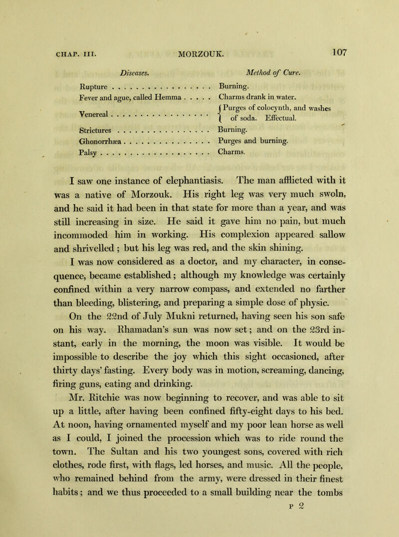 Method of Cure. Burning. Charms drank in water. j Purges of colocynth, and washes ( of soda. Effectual. Burning. Purges and burning. Charms. I saw one instance of elephantiasis. The man afflicted with it was a native of Morzouk. His right leg was very much swoln, and he said it had been in that state for more than a year, and was still increasing in size. He said it gave him no pain, but much incommoded him in working. His complexion appeared sallow and shrivelled ; but his leg was red, and the skin shining. I was now considered as a doctor, and my character, in conse- quence, became established; although my knowledge was certainly confined within a very narrow compass, and extended no farther than bleeding, blistering, and preparing a simple dose of physic. On the 22nd of July Mukni returned, having seen his son safe on his way. Rhamadan’s sun was now set; and on the 23rd in- stant, early in the morning, the moon was visible. It would be impossible to describe the joy which this sight occasioned, after thirty days’ fasting. Every body was in motion, screaming, dancing, firing guns, eating and drinking. Mr. Ritchie was now beginning to recover, and was able to sit up a little, after having been confined fifty-eight days to his bed. At noon, having ornamented myself and my poor lean horse as well as I could, I joined the procession which was to ride round the town. The Sultan and his two youngest sons, covered with rich clothes, rode first, with flags, led horses, and music. All the people, who remained behind from the army, were dressed in their finest habits; and we thus proceeded to a small building near the tombs p 2 Diseases. Rupture Fever and ague, called Herama Venereal Strictures Ghonorrhaea Palsy