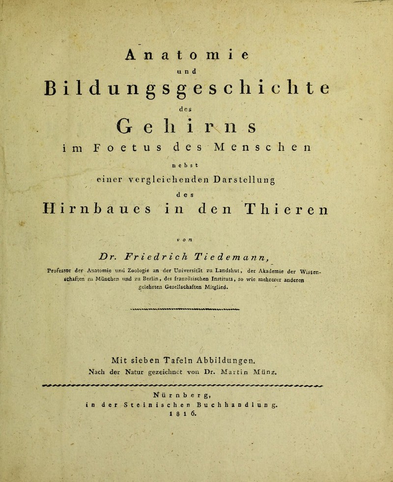 Anatomie und Bildung s geschieht des G e li i Mi s im Foetus des Menschen nebst einer vergleichenden Darstellung des Hirnbaues in den Thiere von Dr. Friedrich Tiedemann, Professor der Anatomie und Zoologie an der Universität zu Landshut, der Akademie der Wissen schäften zu München und zu Berlin, des französischen Instituts, so wie mehrerer anderen gelehrten Gesellschaften Mitglied. ' \ ' ~ ' (r Mit sieben Tafeln Abbildungen. Nach der Natur gezeichnet von Dr. Martin Münz. Nürnberg, in der Steinischen Buchhandlung. 18 16.