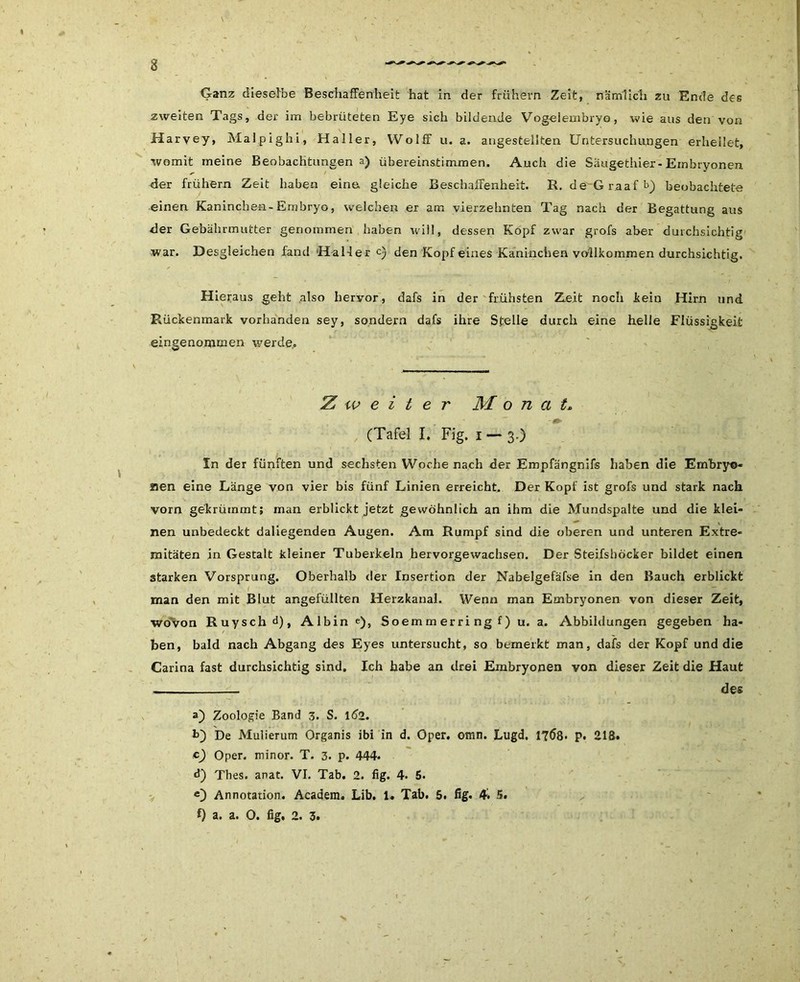 Ganz dieselbe Beschaffenheit hat in der frühem Zeit, nämlich zu Ende des zweiten Tags, der im bebrüteten Eye sich bildende Vogelembryo, wie aus den von Harvey, Malpighi, Haller, Wolff u. a. angesteilten Untersuchungen erhellet, womit meine Beobachtungen a) übereinstimmen. Auch die Säugethier-Embryonen, der frühem Zeit haben eine gleiche Beschaffenheit. R. de Graaf b) beobachtete einen Kaninchen-Embryo, welchen er am vierzehnten Tag nach der Begattung aus der Gebährmutter genommen haben will, dessen Kopf zwar grofs aber durchsichtig war. Desgleichen fand 'Halfer c) den Kopf eines Kaninchen vollkommen durchsichtig. Hieraus geht also heryor, dafs in der frühsten Zeit noch kein Hirn und Rückenmark vorhanden sey, sondern dafs ihre Stelle durch eine helle Flüssigkeit eingenommen werde. Zweiter M o n ci t» ~ - (Tafel I. Fig. i — 3.) In der fünften und sechsten Woche nach der Empfängnifs haben die Embryo- aen eine Länge von vier bis fünf Linien erreicht. Der Kopf ist grofs und stark nach vorn gekrümmt; man erblickt jetzt gewöhnlich an ihm die Mundspalte und die klei- nen unbedeckt daliegenden Augen. Am Rumpf sind die oberen und unteren Extre- mitäten in Gestalt kleiner Tuberkeln hervorgewachsen. Der Steifshöcker bildet einen starken Vorsprung. Oberhalb der Insertion der Nabelgefäfse in den Bauch erblickt man den mit Blut angefüllten Herzkanal. Wenn man Embryonen von dieser Zeit, wovon Ruyschd), Albin e), Soemm erri ng f) u. a. Abbildungen gegeben ha- ben, bald nach Abgang des Eyes untersucht, so bemerkt man, dafs der Kopf und die Carina fast durchsichtig sind. Ich habe an drei Embryonen von dieser Zeit die Haut . des a) Zoologie Band 3. S. lt>2. b) De Mulierum Organis ibi in d. Oper. omn. Lugd. 1768. p. 218. c) Oper, minor. T. 3. p. 444. d) Thes. anat. VI. Tab. 2. fig. 4. 5. <0 Annotation. Academ. Lib. 1. Tab. 5. fig. 4. 5.