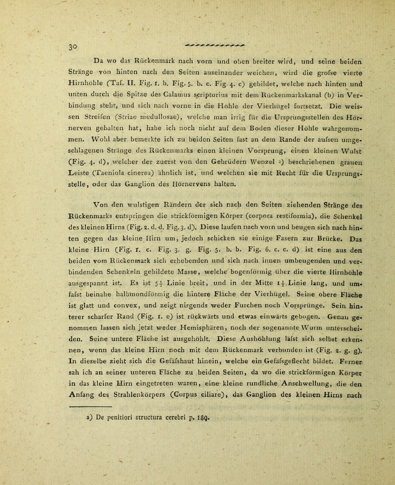 Da wo das Rückenmark nach vorn und oben breiter wird, und seine beiden Stränge von hinten nach den Seiten auseinander weichen, wird die grofse vierte Hirnhöhle (Tal:. II. Fig. r. b. Fig. 5. b. c. Fig. 4. c) gebildet, welche nach hinten und unten durch die Spitze des Calamus scriptorius mit dem Rückenmarkskanal (b) in Ver- bindung steht, und sich nach vorne in die Höhle der Vierhügel fortsetzt. Die weis- sen Streifen (Striae medullosae), welche man irrig für die Ursprungsstellen des Hör- nerven gehalten hat, habe ich noch nicht auf dem Boden dieser Höhle wahrgenom- men. Wohl aber bemerkte ich zu beiden Seifen fast an dem Rande der aufsen umge- schlagenen Stränge des Rückenmarks einen kleinen Vorsprung, einen kleinen Wulst (Fig. 4. d), welcher der zuerst von den Gebrüdern Wenzel s) beschriebenen grauen Leiste (Taeniola cinerea) ähnlich ist, und welchen sie mit Recht für die Ursprungs- stelle, oder das Ganglion des Hörnervens halten. Von den wulstigen Rändern der sich nach den Seiten ziehenden Stränge des Rückenmarks entspringen die strickförmigen Körper (corpora restiformia), die Schenkel des kleinen Hirns (Fig. 2. d. d. Fig. 3. d). Diese laufen nach vorn und beugen sich nach hin- ten gegen das kleine Hirn um, jedoch schicken sie einige Fasern zur Brücke. Das kleine Hirn (Fig. r. c. Fig. 3. g. Fig. 5. b. b. Fig. 6. c. c. d) ist eine aus den beiden vom Rückenmark sich erhebenden und sich nach innen umbeugenden und ver- bindenden Schenkeln gebildete Masse, welche bogenförmig über die vierte Hirnhöhle ausgespannt ist. Es ist 54- Linie breit, und in der Mitte 1-4 Linie lang, und um- fafst beinahe halbmondförmig die hintere Fläche der Vierhügel. Seine obere Fläche ist glatt und convex, und zeigt nirgends weder Furchen noch Vorsprünge. Sein hin- terer scharfer Rand (Fig. I. e) ist rückwärts und etwas einwärts gebogen. Genau ge- nommen lassen sich jetzt weder Hemisphären, noch der sogenannte Wurm unterschei- den. Seine untere Fläche ist ausgehöhlt. Diese Aushöhlung läfst sich selbst erken- nen, wenn das kleine Hirn noch mit dem Rückenmark verbunden ist (Fig. 2. g. g). In dieselbe zieht sich die Gefäfshaut hinein, welche ein Gefäfsgeflecht bildet. Ferner sah ich an seiner unteren Fläche zu beiden Seiten, da wo die strickförmigen Körper in das kleine Hirn eingetreten waren, eine kleine rundliche Anschwellung, die den Anfang des Strahlenkörpers (Corpus ciliare), das Ganglion des kleinen Hirns nach a) De penitiori structura cerebri p. 18Q.