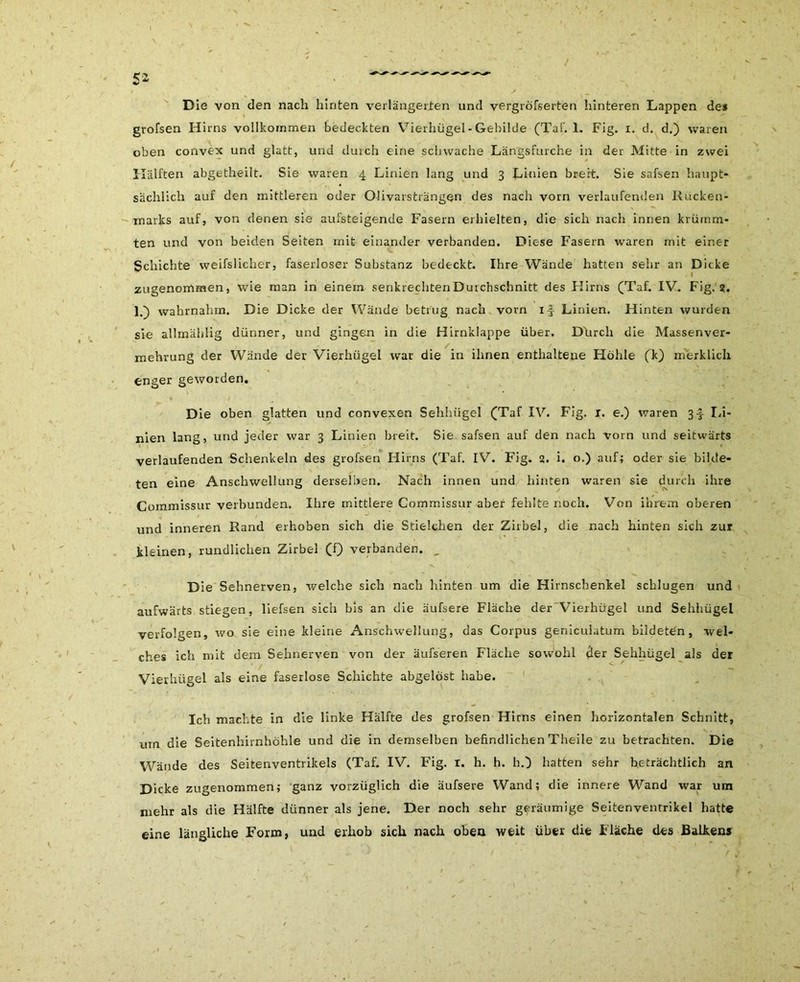 Die von den nach hinten verlängerten und vergrofserten hinteren Lappen des grofsen Hirns vollkommen bedeckten Vierhügel-Gebilde (Taf. 1. Fig. i. d. d.) waren oben convex und glatt, und durch eine schwache Längsfurche in der Mitte in zwei Hälften abgetheilt. Sie waren 4 Linien lang und 3 Linien breit. Sie safsen haupt- sächlich auf den mittleren oder Oüvarsträngen des nach vorn verlaufenden Rücken- marks auf, von denen sie aufsteigende Fasern erhielten, die sich nach innen krümm- ten und von beiden Seiten mit einander verbanden. Diese Fasern waren mit einer Schichte weifslicher, faserloser Substanz bedeckt. Ihre Wände hatten sehr an Dicke zugenommen, wie man in einem senkrechtenDurchschnitt des Hirns (Taf. IV. Fig.?. ].) wahrnahin. Die Dicke der Wände betrug nach vorn 1-5- Linien. Hinten wurden sie alhnählig dünner, und gingen in die Hirnklappe über. Dlircli die Massenver- mehrung der Wände der Vierhügel war die in ihnen enthaltene Höhle (k) merklich enger geworden. Die oben glatten und convexen Sehhiigel (Taf IV. Fig. r. e.) waren 34 Li- nien lang, und jeder war 3 Linien breit. Sie safsen auf den nach vorn und seitwärts verlaufenden Schenkeln des grofsen Hirns (Taf. IV. Fig. 2. i. o.) auf; oder sie bilde- ten eine Anschwellung derselben. Nach innen und hinten waren sie durch ihre Commissur verbunden. Ihre mittlere Commissur aber fehlte noch. Von ihrem oberen und inneren Rand erhoben sich die Stielchen der Zirbel, die nach hinten sich zur kleinen, rundlichen Zirbel (f) verbanden. _ Die Sehnerven, welche sich nach hinten um die Hirnschenkel schlugen und aufwärts stiegen, liefsen sich bis an die äufsere Fläche der Vierhügel und Sehhügel verfolgen, wo sie eine kleine Anschwellung, das Corpus geniculatum bildeten, wel- ches ich mit dem Sehnerven von der äufseren Fläche sowohl #er Sehhügel als der Vierhügel als eine faserlose Schichte abgelöst habe. Ich machte in die linke Hälfte des grofsen Hirns einen horizontalen Schnitt, um die Seitenhirnhöhle und die in demselben befindlichen Theile zu betrachten. Die Wände des Seitenventrikels (Taf. IV. Fig. 1. h. h. h.) hatten sehr beträchtlich an Dicke zugenommen; ganz vorzüglich die äufsere Wand; die innere Wand war um mehr als die Hälfte dünner als jene. Der noch sehr geräumige Seitenventrikel hatte eine längliche Form, und erhob sich nach oben weit über die Fläche des Balkens