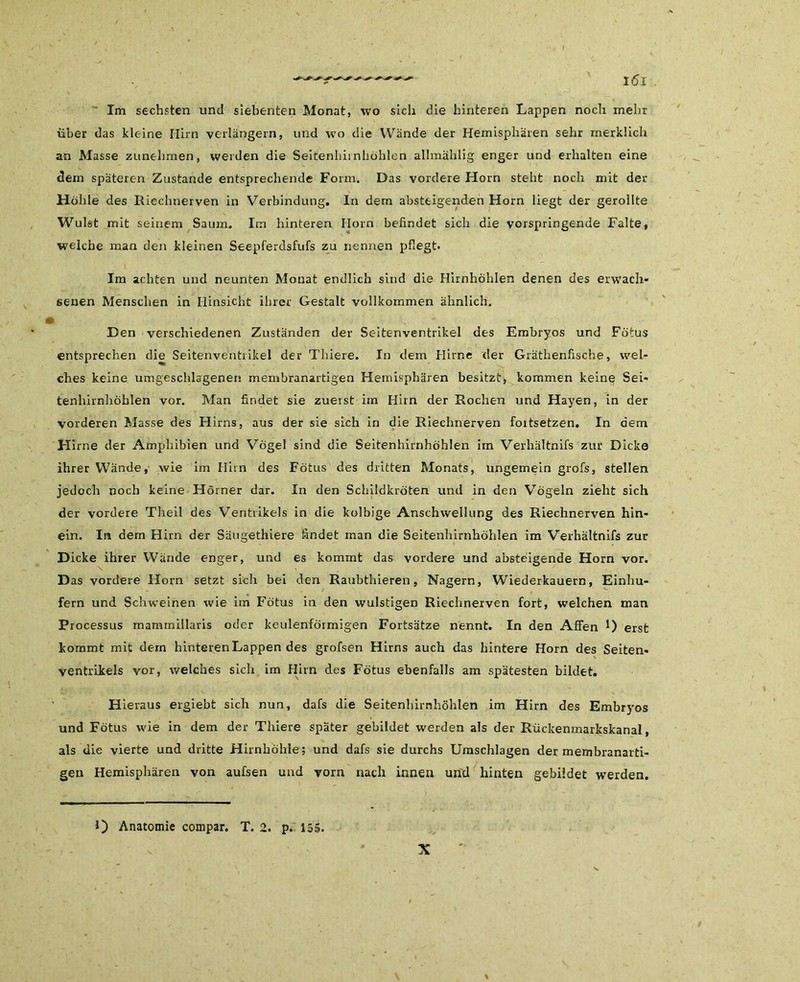 über das kleine Hirn verlängern, und wo die Wände der Hemisphären sehr merklich an Masse zunehmen, weiden die Seitenhiinhöhlen allmählig enger und erhalten eine dem späteren Zustande entsprechende Form. Das vordere Horn steht noch mit der Höhle des Riechnerven in Verbindung. In dem absteigenden Horn liegt der gerollte Wulst mit seinem Saum. Im hinteren Horn befindet sich die vorspringende Falte, welche man den kleinen Seepferdsfufs zu nennen pflegt. Im achten und neunten Monat endlich sind die Hirnhöhlen denen des erwach- senen Menschen in Hinsicht ihrer Gestalt vollkommen ähnlich. * ' Den verschiedenen Zuständen der Seitenventrikel des Embryos und Fötus entsprechen die Seitenventrikel der Thiere. In dem Hirne der Gräthenfische, wel- ches keine umgeschlagenen membranartigen Hemisphären besitzt; kommen keine Sei- tenhirnhöhlen vor. Man findet sie zuerst im Hirn der Rochen und Hayen, in der vorderen Masse des Hirns, aus der sie sich in die Riechnerven foitsetzen. In dem Hirne der Amphibien und Vögel sind die Seitenhirnhöhlen im Verhältnifs zur Dicke ihrer Wände, wie im Hirn des Fötus des dritten Prlonats, ungemein grofs, stellen jedoch noch keine Hörner dar. In den Schildkröten und in den Vögeln zieht sich der vordere Theil des Ventrikels in die kolbige Anschwellung des Riechnerven hin- ein. In dem Hirn der Säugethiere findet man die Seitenhirnhöhlen im Verhältnifs zur Dicke ihrer Wände enger, und es kommt das vordere und absteigende Horn vor. Das vordere Horn setzt sich bei den Raubthieren, Nagern, Wiederkäuern, Einhu- fern und Schweinen wie im Fötus in den wulstigen Riechnerven fort, welchen man Processus mammillaris oder keulenförmigen Fortsätze nennt. In den Affen *) erst kommt mit dem hinteren Lappen des grofsen Hirns auch das hintere Horn des Seiten- ventrikels vor, welches sich im Hirn des Fötus ebenfalls am spätesten bildet. Hieraus ergiebt sich nun, dafs die Seitenhirnhöhlen im Hirn des Embryos und Fötus wie in dem der Thiere später gebildet werden als der Rückenmarkskanal, als die vierte und dritte Hirnhöhle; und dafs sie durchs Umschlagen der membranarti- gen Hemisphären von aufsen und vorn nach innen und hinten gebildet werden. O Anatomie compar. T. 2. p. 155. X