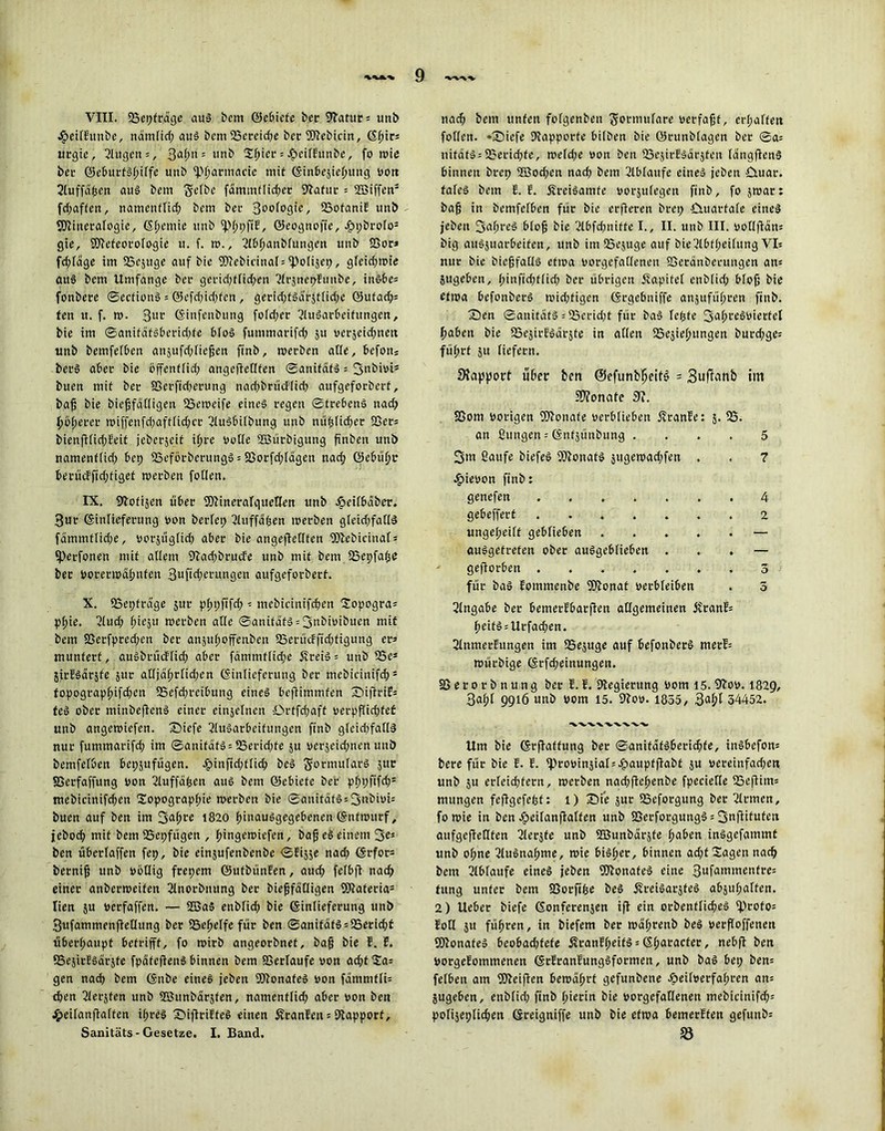 VIII. 25epfrdgc aus bem ©ebiefe ber Platur; unb .öeilFunbe, ndmlid; aus bem 5Bereid>e bet PJlebicin, Gßirs urgie, 2lugen = , 3al;n = unb 2l;ier = dbeilFitnbe, fo roie bet ©eburtsßilfe unb ipßarmacie mit ©inbejießung Pott 2luffdßen aus bem Selbe fdmmflidjer Statut = 2Biffens fd;affett, namenflid; bem bet 3oofogie, 33ofaniF unb Pftüteralogie, Gßemie unb 3M;t;fiF, ©eognofie, #pbrolos gie, PJlefeorologie u. f. w., 2lb(;anb(utigen unb 23or* fd;ldge im SSejuge auf bie 9ftebicinal = ipolijet;, gfeid;wie aus bem Umfange bet gerid;t(id;en 2lr$tte#Funbe, inSbc= fonbete ©ecfionS = ©efd;id;fcn , gerid;fsdrst(id;e ©tttad;= ten u. f. w. 3ltr Ginfenbttttg fo(d;er Ausarbeitungen, bie im ©anifdfSberid;fe bloS fummarifd; ju «etjeid^neu unb bemfelben anjufdiließen finb, werben alle, bcfons berS aber bie öffenffid> angeftetlfen ©anifatS = 3ubioi5 buen mit bet 93erfid;erung nad;brücF(id; aufgeforbert, baß bie bießfatligen 23ewcife eines regelt ©ftebenS nad; flötetet wiffenfd;afflid;ct AttSbilbung unb nüßlid;er 23er= bienftlid;Feit jebcrjcit ißre volle SBürbigung ftnben unb namenflid; bcp SSeförberungS = S3orfd;ldgen nad; öebüßt* berücffid;tiget werben fotlen. IX. Plothen über SDlineralquellen unb £eilbaber. 3ut (Sinüeferung oon beriet; Attffdfjen werben gteid;faHS fammtlid;e, vorjüglid; aber bie angefletlten fObebicinai» l)3erfonen mit allem 9lad;brucFe unb mit bem SSepfa^e bet »orerwäfmfen 3ufid;etungeit aufgeforbett. X. aSepfrdge jur pfjpftfd; - mebicittifcßen Sopogra* pf;ie. Aud; ßicsti werben alle @anifdts = 3ubipibuen mit bem 23erfpred;en ber ansitßoffenben 35erücFfid;tigung er» muntert, auSbtücFlid; aber fdmmflidje ifreiS = unb 55cs girEsdrjfe jur at(jäi;riid;en Ginlieferung ber mebicinifd>s topograpßifd;cn 53efd;rcibung eines befiimmfen 'Di|iriF= feS ober minbefienS einer einjelncn Ortfd;aft oerpflicßfef unb angewiefen. Sbiefe Ausarbeitungen finb glcid;fallS nur fummarifd; im ©anifats = 95erid;fe $u pcrseid;nen uttö bentfeiben bepsufügen. .§>infid;tlid; beS ßwrmttlarS jur SSerfaffitng pon Auffdfjeu aus bem ©ebiefe ber pl;pfifd;= mebicinifd;en Sopograpßie werben bie ©anifafS=3«bwi= buen auf ben im 1820 ßinauSgegebenen Gntwurf, jebod; mit bem 25cpfügen , ßingewiefen, baß eS einem 3e* ben überlaffen fep, bie einjufenbenbe ©Fis$e nad; Grfor= berniß unb völlig frepem ©ufbtinFen, aucß feibfi nad; einer anberweifen Anorbttung ber bießfalügen 5Kaferias Iien $u Perfaffen. — S35aS eitbiid; bie Ginlieferung unb 3ufammenffeliung ber SSe^elfe für ben ©anitäfS = S5erid;t überhaupt betrifft, fo wirb angeorbnef, baß bie F. F. 25e$itFsärjte fpdfefienS binnen bem ©erlaufe oon acht 2a= gen nad; bem Gnbe eines jeben PJlonafeS Pon fdmmtlü tßen 2lerjten unb üöunbdrjfen, namentfid; aber pon beit j£>eiian|laifen ißreS SMflriFfeS einen ÄranFen = Plapport, Sanitäts - Gesetze. I. Band. nad; bem unten foigenben Sonm^re »erfaßt, cr(;aften follett. *3Diefe Dlapporfe hüben bie ©runbiagcn ber ©a= nifdtS = 2?erid;te, weid;e »on ben 23ejirBSdrjfen idngflenS binnen brep 93Jod;cn nad; bem 2Ibiaufe eines jeben £tuar. fafeS bem F. F. ÄreiSamfe »orsuiegen finb, fo jwar: baß in bentfeiben für bie crßeren brep fituartaie eines jeben 3ai;reS bioß bie 2lbfd;niffe I., II. unb III. »otiflans big auSäuarbeitcn, unb im 23ejuge auf bie'dbtipeiiitng VI« nur bie bicßfaiiS etwa »orgefaiiencn 23erdnberungen an- jugeben, ßittfid;f(id; ber übrigen flapitei enbiid; bloß bie etwa befonberS wid;tigen ©rgebniffe anjufü^ren finb. X)en ©anitdtS = 23crid;t für baS ie^fe 3^f>t'CövictfeI fjaben bie iBeäirFSdrjte in aiien iBejießungen burcßge: füi;rt 51t liefern. Rapport über ben ©efunb^eit^ = Suftanb im SWonate 3i. S5om Porigen fOloitafe verblieben ivtanFe: 5. 35. an ßungen = ©ntjünbung .... 5 3m Caufe biefeS Monats ätigewad;fen . . 7 ^ieoon finb: genefen 4 gebelfert ....... 2 ungeteilt geblieben — ausgetreten ober auSgeblieben ... — geftorben 5 für baS Eommenbe 3)ionat verbleiben . 5 2lngabe ber bemerFbarflen allgemeinen flranF= f>eifS = Urfad;en. SlnmerFungen im IBejuge auf befonberS metF= würbige ©rfd;eittungen. S5 er0rb nung ber F. F. Plegierung 00m 15. 9loo. 1829, 3al;l 9916 unb »om 15. Plop. 1855, 3«&t 34452. ■^'V-'V.'V'V-VW.-X. Um bie ©rfiaffung ber ©anitatsberid;fe, inSbefons bere für bie F. F. ^Propinjial^aupfflabt 5« »ereinfad;en unb 5U erleicbfern, werben nad;flef>enbe fpccielle 35eßim= ntttngen feflgefefef: 1) 35ie jur SSeforgung ber Firmen, fowie in ben Jpeilanfialfen unb 93erforgungS = Snfitlnfe’n aufgcfleHten 2lerjfe unb ffiunbarjfe ßaben inSgcfammt unb of;ne 2luSnal;me, wie bisßer, binnen ad;t Sagen na^ bem 2lbfaufe eines jeben PJlonafeS eine 3ufammc'ürc= tung unter bem 35orfiße beS dvreiSarjfeS abju(;alten. 2) Ueber biefe Gonferenjen ifl ein orbentlicßeS if)rofo= FoH su füßren, in biefem ber wdf;renb beS versoffenen PJlonateS bcobad;tcfe ÄranF(;eitS = Gßaracfer, nebfl beit PorgeFommenen GrFranFungSformen, unb baS bei; bem fefben am PJleifien bewdßrt gefunbene öeiloerfaßren an= jugeben, enbfid; finb ßietin bie porgefallenen mebicinifd): polijeplicßen Greigniffe unb bie etwa bemerFfen gefunb= 58