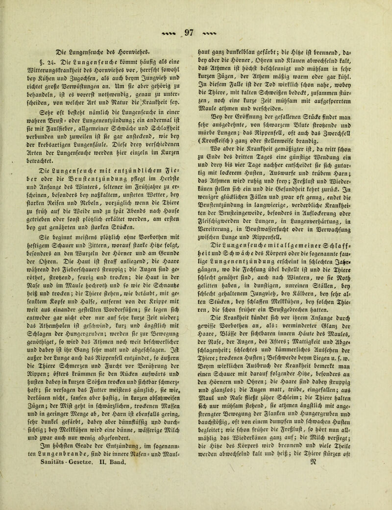 Sie ßungenfeud;e bei £ornPief;oö- §. 24* Sie ßungenfeud;e Eömmt fwuP3 af! eine ffiifferunglEranfheif bei cgtornPiehe! Por, ^>eci-fd;t fowofp bei; ät'ühen unb 3u9od;fen, af! auch bepm 3un3u‘e^ ltn^ tid;fef grope Serwüßungen an. Um fte aber gehörig ju bef;attbefn, ip e! Porerp notftwenbig, genau jtt unter* fd;eiben, Pon wefd;er 2frf unb Kafur bie\^ranfi;cif fep. ©ef)r oft befielt nämfid; bie ßungenfeud;e in einet toasten 53rup* ober ßungencnfjünbung; ein anbermaf tfir fie mit Jaufpeber, allgemeiner ©d;wächc unb ©d;fafff;eit perbunben unb juweifen ip fie gar anpecfenb, wie bet; bet Ereblarfigen ßungenfäufe. Siefe brep perfd;iebenen Bitten bet ßungenfeud;e werben f>ier eittjefn im älurjen betrachtet. Sie ßungenfeudje mit enfjitnblid;ent Jie* bet ober bie SSrupenfjünbung pffegt im äperbpe unb Anfänge bei ffiinferl, felfencr im Jrühja(;re ju er» fd;einen, befonberl bei; nafjfaffcm, unpefen fficffer, bei; parfen Keifen unb Kebefn, porjügfid; wenn bie Spiere ju früh auf öie 2Beibc unb ju fpäf 2lbenb! nach £cutfe getrieben ober fonft pföpfid; crfäffet werben, am erftcn bei; gut genährten unb Parfen ©tücfen. ©ie beginnt meiftenl pfö£fid; ohne 23orboff;<m mit heftigem ©chauer unb Büfern, worauf flarfe Jpifce fofgf, befonberl an ben Wurjeln ber immer unb am ©runbe ber Öhren. Sie -dauf ip praff anfiegenb, bie -gtaare wat;renb bei Jieberfd;auer! pruppig; bie klugen finb ge* röff;et, profcenb, feurig unb trocfen; bie i>auf in ber Kafe unb im Waule hodjroff; unb fo wie bie ©rimaufee heiß unb trocfen; bie Spiere pepcn, wie betäubt, mit ge* fenftem Äopfe unb Jpalfe, entfernt oon ber Grippe mit weit aul einander gefleCIfen SSorbcrfüfjcu; fie fegen fid; enfweber gar nid;t ober nur auf fef;r Eitrjc Beit nieber; bal ^Ifhemhofeit ifi gcfdjwinb, Eurj unb ängfHid; mit ©chfagen ber Düngergruben; werben pe jur ^Bewegung geiibtf;igef, fo wirb bal 3ftf;men nod; weit befd;werficher unb babep ip ihr ©ang fef;r matt unb abgcfd;fagen. 3P außer ber ßutige and; bal Kippenfeff enfjünbef, fo äujscrtt bie Spiere ©d;merjen unb Jurd;f por 25erührung ber Kippen; öfter! frümmen fie ben Kücfen aufwärt! unb puPen babei; in furjen ©töjjen trocfen unb fid;fbar fd;merj* haff; fte ocrfagen bal Juffer mcipen! gänjfid;, fte wie* berfäuen nicht, faufcn aber papig, in furjen abfapwcifen Bügen; ber Klip gef;t in fd;wärj(id;en, frocfenen Waffen unb in geringer Wenge ab, ber Darn ip ebenfatf! gering, fef;r bunfef gefärbt, babep aber bünnpüffig nnb bttrd;* pd;tig; bei; Wefffühen wirb eine bitnne, wäfferige Wifch unb jwar auch nur wenig abgefouberf. 3m podhPen ©rabe ber (Sttfjünbung, im fogenann* fen ßungenbranbe, finb bie innere Kafen = uub Wattf* Sanitäts - Gesetze. II. Band. haut ganj bunfefbfau gefärbt; bie Difce ip breuneub, ba* bet; aber bie Körner, Öhren unb Pfauen abwcd;fefnb faff, bal 2lfpmen ip pöd;p befd;feunigt unb müf;fam in fehl' furjen Bugen, ber 2ltf;em mäfjig warm ober gar fühl. 3n biefem Jaffe ip ber Sob wirffid; fd;on nahe, wobep bie Spiere, mit falten ©dtweijjen bcbecff, jufamtnen pür* jen, nod; eine Eurje Beit mühfatn mit aufgefperrfem Waufe aff;men unb Perfd;eiben. SSet; ber (Eröffnung ber gefaffeneu ©fücfe pttbef man fcf;r aulgebehnfe, oon fd;warjcm 55fute profsenbe unb mürbe ßungen; bal Kippenfeff, off and; bal 3werd;fe0 (Äronßcifcp) ganj ober peCfenweife branbig. 2Öo aber bie Äranfpeit gemäßigter ip, ba triff fd;on ju ©nbe bei briffen Sage! eine günpige 2öenbung ein unb brep bi! Pier Sage nad;f>er enffd;eibef pe fid; gufar* tig mit focferem eg>upen, 2lulwurfe unb trübem itarn; ba! 5ltf;men wirb ruhig unb fret;; Jrefjftip unb 2Bieber= fäucn petfen ftd; ein unb bie ©efunbheif fehrf jurücf. 3» weniger gfücffid;en Jätfen unb jwar oft genug, enbef bie SBrupettfjünbung in langwierige, Perberbfiche Äranfhei* ten ber 53ntpeingeweibe, befonberl in 2Iuffocferung ober Jfeifd;igwerben ber Cungen, in ßungenperhärfung, in SSereiferutig, in SSrupwafferfucht ober in SSerwachfung jwifd;en ßunge unb KippenfeQ. Sie ß u-n_ge n f e u ch e m i f a f f g e m e i n e r © d; Ia ff * heit unb ©d; w äd; e bei Körper! ober biefogenannfe fau* lige ßungenenfjünbung erfd;einf in fd;fed;fett 3aht* gängen, wo bie Jed;fung ttbef bepeCIf ip unb bie Spiere fd;fed;t genährt pnb, auch nad; SBinfern, wo fte Kofh gelitten fyaben, in bunpigen, unreinen ©fäöen, bep fd;fcd;t gehaltenem 3«ng',wh<' &ep Ääfbern, bep fehr aU fen ©fücfen, bet; fd;fapen Welffüf;en, bep fotd;en Shie* reu, bie fd;on früher ein iBrupgebredjen haften. Sie 5?ranft;eit fünbef ftd; por ihrem Anfänge burch gewiffe aßorbofhen an, all: Perminberfer ©fanj ber £aare, Sfäffe ber fid;fbaren innern Jpäufe bei Waufel, ber 9lafe, ber 2Utgett, bei Ttfferl; Waftigfeif unb 2lbge* fd;(agen(;eit; fd;ied;fe! unb fümmerliche! 2lu!fehen ber Shiere; frocfenen Jpupen; 53efd;werbe bepm ßiegen u. f. w. 25epm wirf(id;en 3lu!brud; ber 5?ranff;eif bemerEf man einen ©d;auer mit barauf fofgenber ^titje, befonberl an ben cpörnern unb Öhren; bie Äaare pnb babep Pruppig tmb gfanjtol; bie 2Iugen matt, trübe, eingefatlen; aul Waut unb Kafe piept jäher ©dpeirn; bie Shiere haften ficf; nur mühfatn pehenb, pe aft;men ängPüch nttf ange* ßrengfer Bewegung ber Jfanfen unb £ungergruben unb baud;pbpig, oft Pott einem bumpfen unb fd;wad;eu Jg>upeu begleitet; wie fd;on frü(;er bie Jrefjfup, fo hört nun aü- mählig ba! Wieberfäuen ganj auf; bie Wifch oerpegf; bie J^ipe bei Körper! wirb brennenb unb Piefe Sheife werben abwed;fefnb faff uub f;rip; bie Shierc pürjen oft m