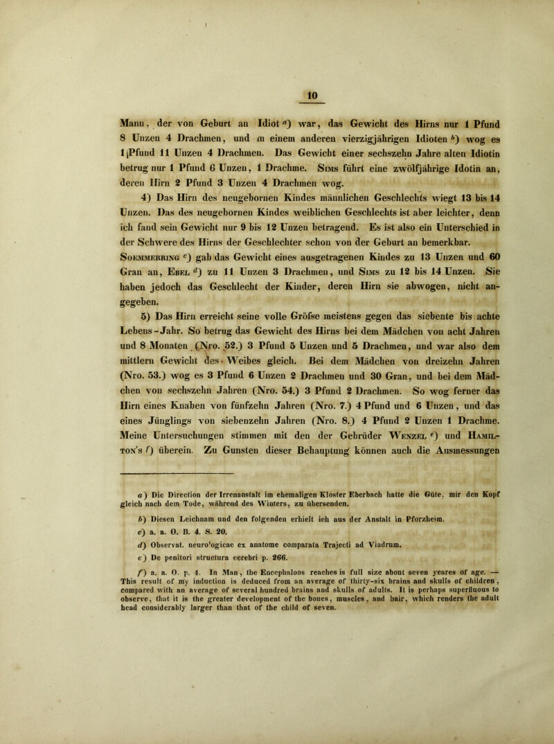 10 Manu, der von Geburt au Idiot ö) war, das Gewicht des Hirns nur 1 Pfund 8 Unzen 4 Drachmen, und m einem anderen vierzigjährigen Idioten ft) wog es 1 [Pfund 11 Unzen 4 Drachmen. Das Gewicht einer sechszehn Jahre alten Idiotin betrug nur 1 Pfund 6 Unzen, 1 Drachme. Sims führt eine zwölfjährige Idotin an, deren Hirn 2 Pfund 3 Unzen 4 Drachmen wog. 4) Das Hirn des neugebornen Kindes männlichen Geschlechts wiegt 13 bis 14 Unzen. Das des neugebornen Kindes weiblichen Geschlechts ist aber leichter, denn ich fand sein Gewicht nur 9 bis 12 Unzen betragend. Es ist also ein Unterschied in der Schwere des Hirns der Geschlechter schon von der Geburt an bemerkbar. Soemmerring c) gab das Gewicht eines ausgetragenen Kindes zu 13 Unzen und 60 Gran an, Ebel d) zu 11 Unzen 3 Drachmen, und Sims zu 12 bis 14 Unzen. Sie haben jedoch das Geschlecht der Kinder, deren Hirn sie abwogen, nicht an- gegeben. 5) Das Hirn erreicht seine volle Gröfse meistens gegen das siebente bis achte Lebens-Jahr. So betrug das Gewicht des Hirns bei dem Mädchen von acht Jahren und 8 Monaten (Nro. 52.) 3 Pfund 5 Unzen und 5 Drachmen, und war also dem mittlern Gewicht des * Weibes gleich. Bei dem Mädchen von dreizehn Jahren (Nro. 53.) wog es 3 Pfund 6 Unzen 2 Drachmen und 30 Gran, und bei dem Mäd- chen von sechszehn Jahren (Nro. 54.) 3 Pfund 2 Drachmen. So wog ferner das Hirn eines Knaben von fünfzehn Jahren (Nro. 7.) 4 Pfund und 6 Unzen, und das eines Jünglings von siebenzehn Jahren (Nro. 8.) 4 Pfund 2 Unzen 1 Drachme. Meine Untersuchungen stimmen mit den der Gebrüder Wenzel e) und Hamil- ton’s f) überein. Zu Gunsten dieser Behauptung können auch die Ausmessungen o) Die Direction der Irrenanstalt im ehemaligen Kloster Eberbach hatte die Güte, mir den Kopf gleich nach dem Tode, während des Winters, zu übersenden. />) Diesen Leichnam und den folgenden erhielt ich aus der Anstalt in Pforzheim. c) a. a. 0. B. 4. S. 20. rf) Observat. neuro'ogicae ex anatome comparata Trajecti ad Viadrum. e) De penitori structura cerebri p. 266. f) a. a. 0. p. 4. In Man , the Encephaloos reaches is full size about seven yeares of age. — This result of my induction is deduced from an average of thirty-six brains and skulls of children , compared with an average of several hundred brains and skulls of adults. It is perhaps superfluous to observe, that it is the greater development of the bones, muscles, and bair, which renders the adult head considerably larger than that of the child of seven.