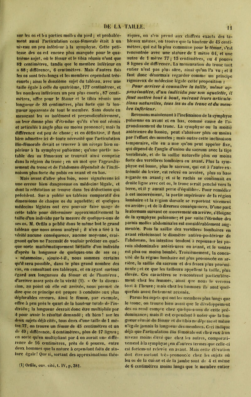 sur les os rl 1rs pal lies molli s du pied ; et probable- ment aussi l'articulation coxo-fémorale était à un niveau un peu inférieur à la symphyse. Cette peti- tesse des os est encore plus marquée pour le qua- trième sujet, où le fémur et le tibia réunis n’ont que 82 centimètres, tandis que le membre inférieur en a 88; différence, 6 centimètres. Mais d’autres fois les os sont très-longs et les membres cependant très- courts ; ainsi le douzième sujet du tableau, avec une taille égale à celle du quatrième, 177 centimètres, et les nombres inférieurs un peu plus courts , 87 centi- mètres, offre pour le fémur et le tibia réunis une longueur de 88 centimètres, plus forte que la lon- gueur apparente de tout le membre. Sans doute en mesurant les os isolément et perpendiculairement, on leur donne plus d’étendue qu’ils n’en ont réunis et articulés à angle plus ou moins prononcé; mais la différence est peu de chose ; et en définitive, il faut bien admettre ici de toute nécessité que l’articulation ilio-fémorale devait se trouver à un niveau bien su- périeur à la symphyse pubienne; qu’une partie no- table des os fémoraux se trouvait ainsi comprise dans la région du tronc ; en un mot que l’agrandis- sement du tronc et de l’abdomen dépendait de l’incli- naison plus forte du pubis en avant et en bas. Mais avant d’aller plus loin, nous signalerons ici une erreur bien dangereuse en médecine légale, et dont la réfutation se trouve dans les déductions qui précèdent. Sue a publié un tableau comparatif des dimensions de chaque os du squelette; et quelques médecins légistes ont cru pouvoir faire usage de celle table pour déterminer approximativement la taille d’un individu parla mesure de quelques-uns de ses os. M. Orfila a publié dans le même but le grand tableau que nous avons analysé ; il n’en a tiré à la vérité aucune conséquence, aucune moyenne, crai- gnant qu’on ne l’accusât de vouloir préciser en quel- que sorte mathématiquement laêlaille d’un individu d’après la longueur de quelques-uns de ses os ; « néanmoins, ajoute-t-il, nous sommes certains qu’il sera possible, dans le plus grand nombre des cas, en consultant ces tableaux, et en ayant surtout égard aux longueurs du fémur et de l’humérus, d’arriver assez près de la vérité (1). « Or la discus- sion, au point où elle est arrivée, nous permet de dire que ce principe est propre à conduire aux plus déplorables erreurs. Ainsi le fémur, par exemple, offre à peu près le quart de la hauteur totale de l’in- dividu; la longueur devrait donc être multipliée par 4 pour avoir le résultat demandé ; eh bien ! sur les deux sujets déjà cités, tous deux d’une taille de 1 mè- tre 77, on trouve un fémur de 45 centimètres et un de 49 ; différence, 4 centimètres, plus de 17 lignes ; en sorte qu’en multipliant par 4 on aurait une diffé- rence de 16 centimètres, près de 6 pouces, entre deux hommes que la nature à cependant faits de sta- ture égale! Que si, sortant des approximations Ihéo- (1) Orfila, ouv. cité, t. IV, p, 381. H Tiques, on s’en prend aux chiffres exacts des ta- bleaux mêmes, on trouve que la hauteur de 45 centi- mètres, qui est la plus commune pour le fémur, s’est rencontrée avec une stature de 1 mètre 64, et une autre de 1 mètre 77; 13 centimètres, ou 4 pouces 8 lignes de différence. La mensuration du tronc tout entier ri’est pas plus sûre, ainsi qu’on l’a vu; et il faut donc désormais regarder comme un principe rigoureux de médecine légale celle proposition : Pour arriver à connaître la taille, même ap- proximative, d’un individu pur son squelette, il faut mettre bout à bout, suivant leurs articula- tions naturelles, tous les os du tronc et du mem- bre inférieur. Revenons maintenant à l’inclinaison de la symphyse pubienne en avant et en bas, comme cause de l’a- grandissement du tronc. La symphyse ou la moitié antérieure du bassin, peut s’abaisser plus ou moins par l’effort des muscles ; mais outre cette inclinaison temporaire, elle en a une qu’on peut appeler fixe, qui dépend de l’angle d’union du sacrum avec la lige vertébrale, et de la saillie naturelle plus ou moins forte des vertèbres lombaires en avant. Plus la sym- physe est basse, plus le sacrum, qui est à l’autre ex- trémité du levier, est relevé en arrière, plus sa base regarde en avant; et si le rachis se continuait en droite ligne avec cet os, le tronc serait penché vers la terre, et il y aurait perte d’équilibre. Pour remédier à cet inconvénient, la partie supérieure de la région lombaire et la région dorsale se reportent vivement en arrière; et de là diverses conséquences. D’une part le sternum suivant ce mouvement en arrière, s’éloigne de la symphyse pubienne* et par suite l’étendue des parois molles abdominales est considérablement aug- mentée. Puis fa saillie des vertèbres lombaires en avant rétrécissant le diamètre antéro-postérieur de l’abdomen, les intestins tendent à repousser les pa- rois abdominales antérieures en avant, et le ventre est plus ou moins bombé. Troisièmement, la conca- vité de la région lombaire est plus prononcée en ar- rière, la saillie du sacrum et des fesses plus proémi- nente ; et ce que les (ailleurs appellent la taille, plus élevée. Ces caractères se rencontrent particulière- ment chez les femmes, ainsi que nous le verrons tout à l’heure; mais chez les hommes ils sont quel- quefois aussi fortement accusés. Parmi les sujets qui ont les membres plus longs que le tronc, on trouve bien aussi que le développement des os rend comp'e chez quelques-uns de celle pré- dominance; mais il est cependant à noter que la lon- gueur réunie du fémur et du tibia ne dépasse et même n’egale jamais la longueur des membres. Ceci indique déjà que l’articulation ilio fémorale est chez eux à un niveau moins élevé que chez les autres, comparati- vement à la symphyse;en d’autres termes que celle-ci est fortement relevée en avant. Mais celte élévation doit être surtout très-prononcée chez les sujets où les os de la cuisse et de la jambe sont de 4 et même de 6 centimètres moins longs que le membre entier