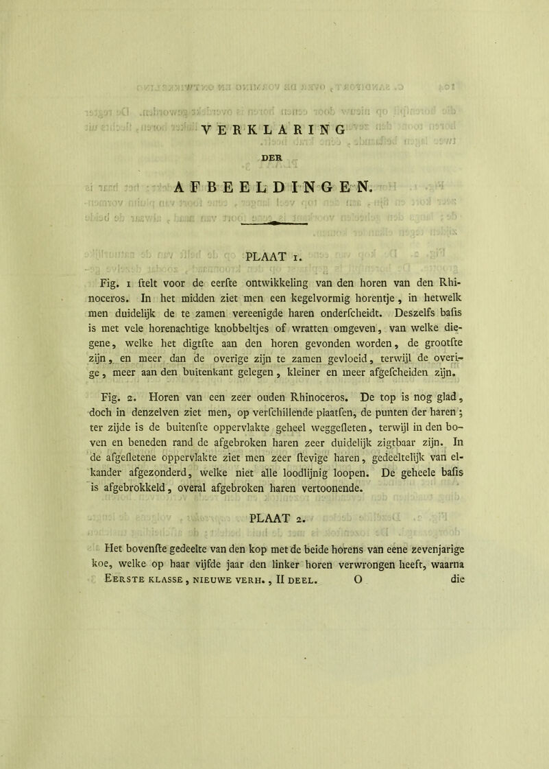 IK VERKLARING DER AFBEELDINGEN. PLAAT i. Fig. i ftelt voor de eerfte ontwikkeling van den horen van den Rhi- noceros. In het midden ziet men een kegelvormig horentje , in hetwelk men duidelijk de te zamen vereenigde haren onderfcheidt. Deszelfs bafis is met vele horenachtige knobbeltjes of wratten omgeven, van welke die- gene, welke het digtfte aan den horen gevonden worden, de grootfte zijn, en meer dan de overige zijn te zamen gevloeid, terwijl de overi- ge , meer aan den buitenkant gelegen, kleiner en meer afgefcheiden zijn. Fig. 2. Horen van een zeer ouden Rhinoceros. De top is nog glad, doch in denzelven ziet men, op verfchillende plaatfen, de punten der haren ; ter zijde is de buitenfte oppervlakte geheel weggefleten, terwijl in den bo- ven en beneden rand de afgebroken haren zeer duidelijk zigtbaar zijn. In de afgefletene oppervlakte ziet men zeer lievige haren, gedeeltelijk van el- kander afgezonderd, welke niet alle loodlijnig loopen. De geheele bafis is afgebrokkeld, overal afgebroken haren vertoonende. PLAAT 2. Het bovenfle gedeelte van den kop met de beide horens van eene zevenjarige koe, welke op haar vijfde jaar den linker horen verwrongen heeft, waarna