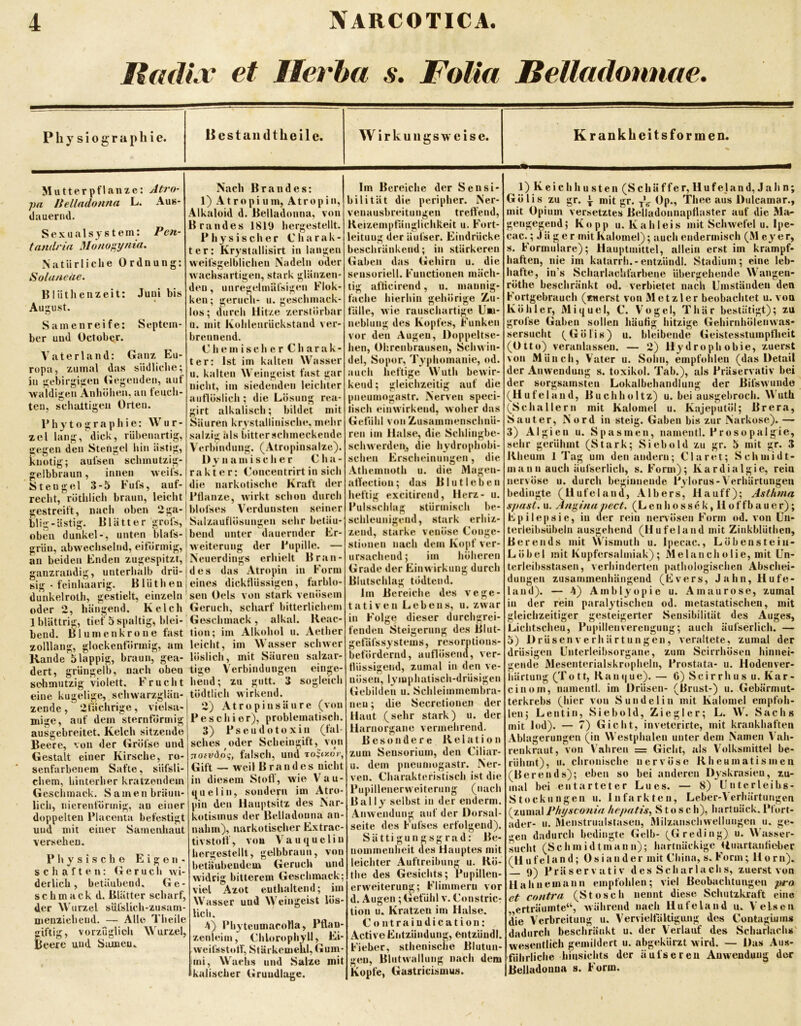 RadLv et Ilerha s, FoUa Bellailomiae. P li y s i o g r a p h i e. Bcstandthcile. Wirkungsweise. Krankheitsformen. Mutterpflanze: Atro- pa Belladonna L. Auk- dauernd. Sexualsystem: Pcn- tandria Mono'^ynta. Natürliche Ordnung: Solaneäe. B l iithenzeit: Juni bis * August. Samenreife: Septem- ber und October. Vaterland: Ganz Eu- ropa, zumal das siidlidie; in gebirgigen Gegenden, aut waldigen Anhöhen, an feuch- ten, schattigen Orten. 1’hto graphie: Wur- zel lang, dick, rübenartig, gegen den Stengel hin ästig, knotig; aufsen schmutzig- gelbbraun, innen weils. Stengel 3-5 Eufs, auf- recht, rüthlich braun, leicht gestreift, nach oben 2ga- blig-ästig. Blätter grols, oben dunkel-, unten blafs- grün, abwechselnd, eiförmig, an beiden Enden zugespitzt, ganzrandig, unterhalb drü- sig - feinhaarig. Blütheii dunkelroth, gestielt, einzeln oder 2, hängend. Kelch 1 blättrig, tief 5 spaltig, blei- bend. Blumenkrone fast zolllang, glockentormig, am Rande 5lappig, braun, gea- dert, grüngelb, nach oben schmutzig violett. Frucht eine kugelige, schwarzgläu- zende, 2fächrige, vielsa- mige, auf dem sternförmig ausgebreitet. Kelch sitzende Beere, von der Gröfse und Gestalt einer Kirsche, ro- senfarbenem Safte, süfsli- chem, hinterher kratzendem Geschmack. Same n bräun- lich, iiierentörmig, au einer doppelten Placenta befestigt und mit einer Sameuhaut versehen. Physische Eigen- schaften: Geruch wi- derlich, betäubend, Ge- schmack d. Blätter scharf, der Wurzel siU'slich-zusam- menzieheud. Alle Theile giftig, vorzüglich Wurzel, Beere und Sameu. Nach Brandes: 1) Atropi um, Atropin, Alkaloid d. Belladonna, von Brandes 1819 hergestellt. Physischer C h a r a k - ter: Krystallisirt in langen vveifsgelblicheu Nadeln oder wachsartigen, stark glänzen- den, unregclmäfsigen Flok- keu; geriicli- u. geschmack- los; durch Hitze zerstörbar n. mit Kohlenrückstand ver- brennend. Chemischer Charak- ter: Ist im kalten Wasser u. kalten Weingeist fast gar nicht, im siedenden leichter autlöslich ; die Lösung rea- girt alkalisch; bildet mit Säuren krystallinische, mehr salzig als bitter schmeckende Verbiitdung. (Atropinsalze). Dynamischer Cha- rakter: Concentrirt in sich die narkotische Kraft der Pflanze, wirkt schon durch bl(»fses Verdunsten seiner Salzauflösungen sehr betäu- bend unter dauernder Er- weiterung der Pupille. — Neuerdings erhielt Bran- des das Atropin in Form eines dickflüssigen, farblo- sen Oels von stark venösem Geruch, scharf bitterlichem Geschmack, alkal. Reac- tion; im Alkohol u. Aether leicht, im Wasser schwer löslich, mit Säuren salzar- tige Verbindungen einge- hend; zu glitt. 3 sogleich tödtlich wirkend. 2) Atro pinsäure (von PescJiior), problematisch. 3) Pseudotoxin (fal- sches oder Scheingift, von TTOfvdög, falsch, und xo^txor, Gift -— weil Brandes nicht in diesem Stofl, wie Vau- tjuelin, sondern im Atro- pin den Haujitsitz des Nar- kotismus der Belladonna an- nahm), narkotischer Extrac- tivstoff, von Vauquelin hergestellt, gelbbraun, von betäubendem Geruch und widrig bitterem Geschmack; viel Azot enthaltend; im Wasser und Weingeist lös- lich. 4) Phyteumacolla, Pflan- zenleim, Chlorophyll, Ei- weifsstofT, Stärkemehl, Gum- mi, Wachs und Salze niit kalischer Grundlage. Im Bereiche der Sensi- bilität die peripher. Ner- venausbreitungen treffend, Keizempfänglichkeit u. Fort- leituug der äufser. Eindrücke beschränkend; in stärkeren Gaben das Gehirn u. die sensoriell. Functionen mäch- tig afticirend, u. maunig- fache hierhin gehörige Zu- fälle, wie rauschartige Um- neblung des Kopfes, Funken vor den Augen, Doppeltse- hen, Ohrenbrausen, Schwin- del, Sopor, Typhomanie, od. auch lieftige Wuth bewir- kend; gleichzeitig auf die pneumogastr. Nerven speci- tiscli einwirkend, woher das Gefühl von Zusammenschnü- ren im Halse, die Schlingbe- schwerden;, die hydrophobi- schen Erscheinungen, die .\themnoth u. die Alagen- atTection ; das B I u 11 e b e n heftig excitirend, Herz- u. Fulsschlag stürmisch be- schleunigend, stark erhiz- zend, starke venöse Conge- stionen nach dem Kopf ver- ursachend; im höheren Grade der Einwirkung durch Blutschlag tödtend. Im Bereiche des vege- tativen Lebens, u. zwar in Folge dieser durchgrei- fenden Steigerung des Blut- gefäfssystems, resorptions- befördernd, autlösend, ver- flüssigend, zumal in den ve- nösen, lyiuphatisch-drüsigen Gebilden u. Schleimmcmbra- neu; die Secrctionen der Haut (sehr stark) u. der Harnorgane vermehrend. Besondere Relation zum Seusorium, den Ciliar- u. dem pneumogastr. Ner- ven. Charakteristisch ist die Piipillenerweiteriing (nach Bai ly selbst in der enderm. Anwendung auf der Dorsal- seite des bufses erfolgend). Sättigungsgrad: Be- nommenheit des Hauptes mit leichter Auftreibung u. Rö- tbe des Gesichts; Pupillen- erweiterung; Flimmern vor d. Augen; Gefühl v. Coiistric- tion u. Kratzen im Halse. Contraiudication: Active Entzündung, Cntzüudl. Fieber, sthenische Blutun- gen, Blutwallung nach dem Kopfe, Gastricismus. 1) K e i c h h u s t e n (S c h ä f f e r, H u f e 1 a n d, J a h n; Gölis zu gr. mit gr. Op., Thee aus Diilcamar., mit Opium versetztes Belladonnapflaster auf die Ma- gengegend; Ko pp u. Kahl eis mit Schwefel u. Ipe- cac.; Jäger mitKalomel); auch endermisch (M ey er, s. Formulare); Hauptmittel, allein erst im krampf- haften, nie im katarrh.-entzündl. Stadium; eine leb- hafte, in’s Scharlachfarbene übergehende Wangen- röthe beschränkt od. verbietet nach Umständen den Fortgebrauch (zuerst von Metzler beobachtet u. von Köhler, Miquel, C. Vogel, Thär bestätigt); zu grofse Gaben sollen häufig hitzige Gehirnhölenwas- sersucht (Gölis) u. bleibende Geistesstumpflieit (Otto) veranlassen. — 2) Hydrophobie, zuerst von Münch, Vater u. Sohn, empfohlen (das Detail der Anwendung s. toxikol. Tab.), als Präservativ bei der sorgsamsten Lokalbehandlung der Bifswunde (Hufeland, Buchholtz) u. bei ausgebroch. AVuth (Schallern mit Kalomel u. Kajeputöl; Brera, Sau ter, Nord in steig. Gaben bis zur Narkose). — 3) Algien u. Spasmen, namentl. Proso palgie, sehr gerühmt (Stark; Siebold zu gr. 5 mit gr. 3 Bheum 1 Tag um den andern; Claret; Schinidt- manu auch äufserlich, s. Form); Kardial gie, rein nervöse u. durch beginnende Pylorus-Verhärtungen bedingte (Hufeland, Albers, Hauff); Asthma spast. u. Angina pect. (L e n h o s s e k, H o f f b a u e r); Epilepsie, in der rein neiTÖsen Form od. von Un- terleibsübeln ausgehend (Hufeiund mit ZinkblUthen, Berends mit Wismuth u. Ipecac., Löbenstein- Löbel mit Kupfersalmiak) ; Melanch olie, mit Un- terleibsstasen, verhinderten pathologischen Abschei- dungen zusammenhängend (Evers, Jahn, Hufe- land). — 4) Amblyopie u. Amaurose, zumal in der rein paralytischen od. metastatischen, mit gleichzeitiger gesteigerter Sensibilität des Auges, Lichtscheu, Pupillen Verengung; auch äufserlich. — 5) Drüsen Verhärtungen, veraltete, zumal der drüsigen Unterleibsorgane, zum Scirrhösen hinnei- gende Mesenterialskropbeln, Prostata- u. Hodenver- iiärtung (To tt, RaiMjue). — 6) Scirrhus u. Kar- cinom, namentl. im Drüsen- (Brust-) u. Gebärmut- terkrebs (hier von Sundelin mit Kalomel empfoh- len; Leutin, Sie hold, Ziegler; L. W. Sachs mit lod). — 7) Gicht, inveterirte, mit krankhaften Ablagerungen (in Westphalen unter dem Namen V'ah- renkraut, von Vahren = Gicht, als Volksmittel be- rühmt), u. chronische nervöse Rheumatismen (Berends); eben so bei anderen Dyskrasieu, zu- mal bei entarteter Lues. — 8) Unterleibs- Stockungen u. Infarkten, Leber-Verbärtungen (zumal Physconia hepatis, S t o s c h), hartuäck. Pfort- ader- u. Menstruulstasen, Milzanscbwellungeii u. ge- •>en dadurch bedingte Gelb- (Greding) u. W’asser- sucht (Schmidtmann); hartnäckige Huartanfieber (H ufeland; Osiander mit China, s. Form; Horn). 9^ Präservativ des Scharlachs, zuerst von Haliiiemann empfohlen; viel Beobachtungen pro et contra (Stosch nennt diese Schutzkraft eine erträumte“, während nach Uufeland n. Velsen die Verbreitung u. Vervielfältigung des Contagiiims dadurch beschränkt u. der Verlauf des Scharlachs' wesentlich gemildert u. abgekürzt wird. — Das Aus- führliche hiusichts der äul'sereu Anwendung der Belladonna s. Form.