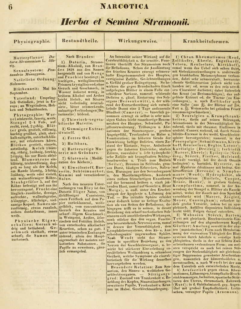 Herha et Semina Stramonii, Pliysiographie. Bestandtheile. Wirkungsweise. Krankbeitsforinen. Mutterpflanze: Da- tura IStramouimn L. Jäli- ri^. Sexual System: Pen- tnndrin Monogynia. Natürliche Ordnung: Sola7ieae. Blüthenzeit: Mai bis September. V a t e r 1 a n d: Ursprüng- lich Ostindien, jetzt in Eu- ropa ; an Wegrändern, Hek- ken und Schutthaufen. t P h y t o g r a p h i e: Wur- zel senkrecht, faserig, weils. Stengel 2-4 Fufs, auf- recht, rund, 2 gablig. Blät- ter grofs, gestielt, eiförmig, buchtig-gezähnt, glatt, ober- halb sattgrün, unterhalb bläs- ser, mit erhabenen Adern. Blüthen gestielt, einzeln, ‘ astständig. Kelch l blätt- rig, rührig, bzähnig, 5eckig, Srippig, bis zur Basis abtal- lend. Blumenkrone ein- blättrig, trichterförmig, dop- pelt so lang als der Kelch, am Rande 5kantig, 5faltig, 5zahnig, weifs oder violett, mit walzenförmiger Röhre. Staubgefäfse 5, auf der Röhre befestigt und aus ihr hervorragend. Frucht eine länglich - rundliche, dornige, aufrechte, wallnufsgrofse, 4klappige, 4tachrige, viel- sainige Kapsel. Samen nie- renförmig, etwas runzlich, aufsen dunkelbraun, innen weifs. Physische Eigen- schaften: Geruch wi- drig und betäubend. Ge- schmack ekelhaft, etwas scharf; die Samen sehr nurkousch. Nach Brandes: 1) Daturin, Stramo- nium-Alkaloid, von Bran- des 1818 aus den Samen hergestellt und von Runge und P e s c h i e r bestätigt; in 4seitigen, weifsglänzenden Prismen krystallisirend,ohne Geruch und Geschmack, in Wasser äufserst wenig, in heifsein Alkohol und Aether leicht löslich, mit Säuren nicht vollständig ueutrali- sirte, bitter sclimeckende, salzartigeA'erbiiidungen(l)a- turinsalze) bildend. 2) T h i e r i s c h - v e g e t a - bilische Materie. 3) Gummiger Extrac- ti vstoff. 4) Fettes Oel. 5) 11 a I b h a r z. 0) Bu11erartige Ma- terie mit Grün harz. 7) Glutenoin (Moditi- cation des Klebers). 8) Eiweifsstoff, Bas- sorin, Schleiinzucker, Gummi und verschiedene Salze. Nach den neueren Unter- suchungen von Bley ist das Daturin öliger Natur, von dicktlüssiger Consistenz, einen Fettfleck auf dem Pa- pier zurücklassend, weifs- gelblich, Vitin concentrirten Geruch des Krautes und scharf - öligem Geschmack; iu ingeist, Aether, äthe- rischen und Fettölen löslich, von entschieden alkalischer Reaction, schon zu gutt. 1 unter tetanischen Zuckungen tödtend, allein der Haupt- eigenschaft der meisten nar- kotischen Substanzen , die Pupille zu erweitern, gänz- lich ermangelnd. An Intensität seiner Wirkung auf die Cerebralthätigkeit u. die sensitiv. Func- tionen iibertrillt das Stramoniiim noch die Belladonna. Schon die Ausdünstung des frischen Krautes erzeugt schmerz- hafte Eingenommenheit des Hauptes, vertiginöse Zufälle, Ge>ichtstrübungen u. Gefühl grofser Beängstigung. So be- wirkten die gegen Brandschaden frisch aufgelegten Blätter in einem Falle ent- schiedene Narkose, namentl. wüthende Delirien u. gänzl. Erstarrung des Seh- organs (B e r s e n k o w i t z), u. der wäh- rend der Extraetbereitung sich entwik- kelnde Dunst eine 2 Tage andauernde Blindheit (Cam e rer). — Innerlich ge- nommen erzeugt es selbst in sehr inäs- sigen (iahen leicht rauschartige Benom- meuheit des Hauptes, Schwindel, Pu- pillenerweiterung, Trübungen u. Alie- nationen der Sinnesorgane, grofses Angstgefühl, TrockenluMt im Halse u. Vomitiiration; im höheren (irade der Einwirkung heftige Delirien, einen Zu- stand der Ekstasis, Sopor, Anästhesie gegen die äulsereii Eindrücke, starkes Zittern, convulsive u. ächt hydrophobi- sche Zufälle mit krampfhaft<‘ii Schling- beschwerden u. Trieb zum Beifsen (Seiler), Brennen im Schlunde, gros- sen Durst, häutiges Erbrechen, Saliva- tion, Blutungen aus den Sexualorganen u. den Mastdarmgefäfsen, Ausbruch eines rothen frieseiartigen Exanthems auf der brennend heifsen u. stark juk- kenden Haut, zumal auf (resicht u. Brust (Meigs), u. endl. unter den Erschei- nungen der Apoplexie u. Lähmung den Tod. — D ic irritable Sphäre erleidet zwar dadurch keine so heftige Exalta- tion als von Seiten der Belladunna, da- hingegen trifft es in seinen, in dieser Beziehung «len scharf narkotischen Sub- stanzen sich anschliefsendenWirkungen, noch stärker das den organ. Functio- nen bevorstehende Nervensystem, zumal in dessen der Venenthiitigkeit, dem Lymphdrüsensysteme, dem Ab- u. Aus- scheidungsakte zugewandten Sphäre. N'a«»h Wen dt steht das Stramo- nium in specitiker Beziehung zu den Nerven der (Teschlechtsorgaue, u. be- wirkt hei stärkerer Ein\erleibung un- ersättlichen Wollustdrang u. schamlose (reilheit, welche Symptome als charak- teristiscli für die Wirkung desselben hervorgehobeii werden. Besondere Relation: Zum Seii- soriiim, den Sinnes- ii. weiblichen Ge- schlechtsorganen. — Sättigungs- grad: Zustand von Trunkenheit u. Be- neblung des Kopfes, Sinnestäuschungen, erweiterte Pupille, Trockenheit u. Kraz- zeii im Halse, Gcschlechtsaufregung. 1) Chron. Rheumatismen (Read, Zollikofer, Eberle, Engelhardt, Velsen, Reufselner, Kirckhoff), zumal wenn das Uebel sich schon fixirt, mit Geleukanschwellungen ii. anderweiti- gen krankhaften Metamorphosen verbun- den, dabei sehr schmerzhaft, hervorste- chende Gefäfsreaction jedoch nicht vor- handen ist; od. wenn es den rein nervö- sen Charakter darbietet; dabei ätifserlich das Kraut (zu Breiumschlägen), das auf- gelöste Extract od. die Tinctur (zu Ein- leibuiigen), u. nach Zollikofer auch eine Saü>e (aus ^j. der Blätter auf ^ir. Fett u. 5j, Weiswachs bei gelindem Feuer zusammengeschmolzen). 2) Neuralgien u. Krampfkrank- heiten, theils auf reinen Störungen, Alienationen in der Nhrventhätigkeit be- ruhend, theils mit rheumat. Eintliissen in ursächl. Connex stehend, od. durch Sensi- bilitäts-Kxcesse in der weibl. Geschlechts- sphäre hervorgerufen; namentl. in der Pros opalgi c (Schmi d t ma n II, Ki rck- h o ff, R e II t s e 1 n c r, B e g b i e. Lato ii r); K a r d i a 1 g i e ( D r e i f s i g ) ; I s c h i a d i k (M a rc e t, Eberl e) ; E p i I e p s i v. ((i r e - ding, Störck, Fischer, Hu fei and; Wendt vorzügl. bei der durch Onanie bedingten) u. iiartnäck. Hysterie, zu- mal Uystei'ia lihidinosn mit bedeut, (re- hirnafteclion (Bereu ds) u. Nympho- manie (W endt); Hydrophobie, als Propliylacticum (Harlefs, Cooper, Mease, Hanke), in grofsen (iahen; Krampfasthma, namentl. in der An- wendung der Stengel u. Blätter als Raucl»- mittel, wobei der ilauch mit dem Speichel verschluckt wird (Marcet, Ziegler, Meyer, Cunningham); erfordert in- defs groisc \orsicht, indem bei zu apo- plektisch. Anfällen disponirten Individuen leicht tödtl. Folgen darauf entstehen. 3) W'ahnsinn (Störck, Bar ton; Tott mit gleichzeit. Brechweinstein-Ein- reibungen auf den abgeschorenen Kopf; G ü II t li e r; A m e I u n g sowohl in der aku- ten (maniatischen) Form nach Herabstim- miing der excessiven 'fhäligkeit des Blut- systenis durch Aderlals ii. sonstige Anti- phlogistica, theils in der mit lichten Zwi- schenräumen verbundenen Form; am mei- sl(“ii verspricht es noch bei reinen Stö- rungen der Seelenthätigkeit mit gleichzei- tiger Suppression gewohnter Abscheidun- gen, namentlich der hämorrlmidalen ii. menstruellen, u. nach Wendt bei der ans dem Unterleib sich entwickelnden Manie. 4) Aeufserlich gegen chron. Rheu- matismen, Lähmungen, krampfhafte Briich- einklemmungen, Iscliurien, spastische Stric- turen des Lterus, rheumatisch. Zahnweh (Rust); in d. Ophthalmiatrik geg. Augen- übel mit grofser EinpHiullichkeit, Licht- scheu, verengter Pupille (Aruemaun).